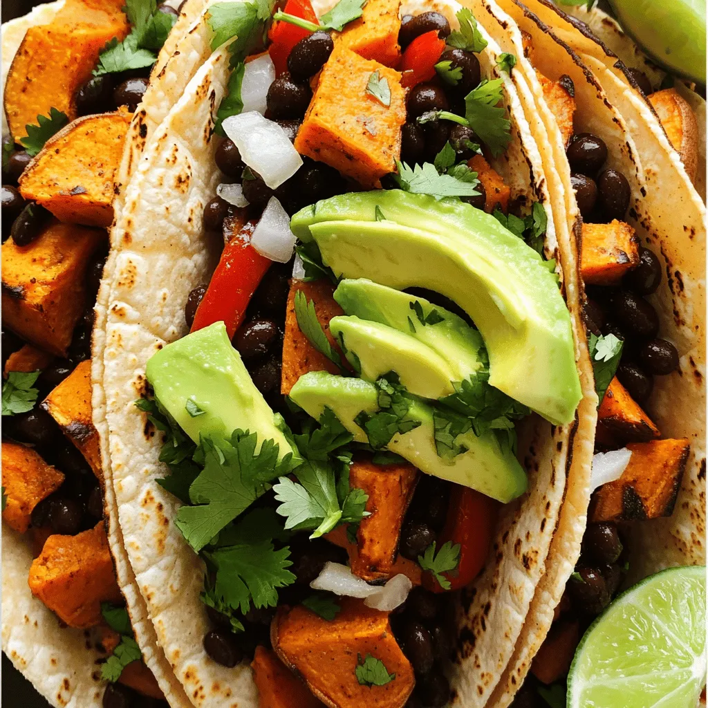 - 2 medium sweet potatoes - 1 can black beans - Red bell pepper and red onion - Garlic, cumin, paprika, and chili powder - Corn tortillas and avocado - Fresh cilantro - Lime wedges - <strong>Calories per serving:</strong> About 350 calories – <strong>Breakdown of macronutrients:</strong> – Protein: 12g – Carbohydrates: 58g – Fat: 10g When making these savory sweet potato and black bean tacos, you want to ensure you have the right ingredients. Sweet potatoes give the dish a rich, natural sweetness. Black beans add protein and creaminess. Red bell pepper and red onion contribute a nice crunch and flavor. Garlic, cumin, paprika, and chili powder enhance the taste, creating a warm and inviting aroma. Corn tortillas provide the perfect base for the filling. Avocado adds creaminess and freshness. For those who love to add a pop of color and flavor, fresh cilantro and lime wedges make excellent garnishes. These ingredients not only elevate the dish but also offer a burst of freshness that complements the tacos beautifully. Understanding the nutritional values helps you appreciate what you eat. Each serving has a balance of protein, carbs, and healthy fats, making these tacos not only tasty but also nutritious. If you want the full recipe, check out the link provided. – Preheat the oven to 400°F. – Dice and season sweet potatoes. Start by preheating your oven. This helps the sweet potatoes roast perfectly. Next, take your two medium sweet potatoes, peel them, and cut them into 1-inch cubes. In a large bowl, add the diced sweet potatoes. Drizzle two tablespoons of extra virgin olive oil over them. Then, sprinkle in one teaspoon of ground cumin, one teaspoon of smoked paprika, and half a teaspoon of chili powder. Season with salt and freshly ground pepper. Toss everything well so the sweet potatoes are coated in the spices. – Roast sweet potatoes until golden. – Sauté red onion and red bell pepper. – Incorporate black beans and mix. Spread the seasoned sweet potatoes on a baking sheet in a single layer. Roast them in the oven for 25 to 30 minutes. Stir halfway through to ensure they cook evenly. While the sweet potatoes roast, heat a skillet over medium heat. Add one small diced red onion and one chopped red bell pepper. Sauté these for about 5 to 7 minutes. Cook until the onion is soft and clear. Stir in two minced garlic cloves and cook for one more minute. After that, add one can of drained and rinsed black beans into the skillet. Cook for another 2 to 3 minutes, allowing the beans to warm up. Taste and adjust the seasoning if needed. – Warm corn tortillas. – Fill and garnish tacos. In another skillet, warm each corn tortilla for about 30 seconds on each side. This makes them soft and easy to fill. Now, take a warm tortilla and add a generous amount of the sweet potato and black bean mixture. Top it with a few slices of avocado and a sprinkle of fresh cilantro. Serve lime wedges on the side for a zesty kick. You can find the full recipe to achieve this delicious meal. To achieve perfectly roasted sweet potatoes, follow these steps: – <strong>Choose the Right Potatoes:</strong> Select firm sweet potatoes with smooth skin. – <strong>Uniform Cuts:</strong> Cut them into even 1-inch cubes for even cooking. – <strong>Season Well:</strong> Use olive oil, salt, and spices to coat them. – <strong>Preheat the Oven:</strong> Set your oven to 400°F (200°C) to ensure they roast well. – <strong>Stir Once:</strong> Halfway through, stir the sweet potatoes for even browning. For sautéing vegetables, try these tips: – <strong>Heat Your Skillet:</strong> Use medium heat to warm your skillet before adding oil. – <strong>Use Fresh Ingredients:</strong> Fresh veggies add better flavor and texture. – <strong>Don’t Crowd the Pan:</strong> Sauté in batches if needed to avoid steaming. – <strong>Keep it Moving:</strong> Stir often for even cooking and to avoid burning. Pair your tacos with simple sides to enhance the meal: – <strong>Rice:</strong> A light cilantro-lime rice complements the flavors. – <strong>Salad:</strong> A fresh green salad adds a crisp texture. – <strong>Salsa:</strong> Serve with a fresh salsa for a zesty kick. For beverages, consider these options: – <strong>Lemonade:</strong> A refreshing lemonade balances the savory tacos. – <strong>Iced Tea:</strong> Unsweetened iced tea pairs well with the meal. – <strong>Craft Beer:</strong> A light beer highlights the flavors of the tacos. To present your tacos beautifully: – <strong>Use a Colorful Platter:</strong> Arrange tacos on a vibrant dish to catch the eye. – <strong>Garnish Generously:</strong> Add lime wedges and cilantro for color. – <strong>Layering:</strong> Stack the tacos slightly for height and interest. For attractive plating ideas: – <strong>Use Small Bowls:</strong> Serve toppings like avocado and salsa in small bowls for a fun touch. – <strong>Add Texture:</strong> Sprinkle some crushed tortilla chips for crunch. – <strong>Serve with Style:</strong> Place a few tacos leaning against each other for a casual look. Enjoy making these savory sweet potato and black bean tacos your own with these tips! For the full recipe, check out [Full Recipe]. {{image_4}} You can easily switch out the beans or vegetables in this recipe. Try using pinto beans or kidney beans. Roasted corn or zucchini add nice flavor too. For those who need gluten-free options, corn tortillas work great. You can also find gluten-free wraps at most stores. To spice things up, add cayenne pepper or fresh jalapeños. They bring a nice heat to the dish. You can also mix in cheese like feta or cheddar for richness. A dollop of sour cream adds creaminess and balances the spices. You can serve this as a taco bowl instead of in tortillas. Just layer the sweet potato and bean mix over rice or quinoa. This gives it a hearty twist. If you want something different, use the filling for burritos or enchiladas. Simply wrap it up in a larger tortilla and bake with sauce. For the full recipe, check the section above. To store leftover tacos, wrap them tightly in plastic wrap. This keeps them fresh. Place the wrapped tacos in an airtight container. You can also use a glass dish with a lid. This method helps to keep moisture in and prevents them from drying out. The best way to reheat tacos is in the oven. Set your oven to 350°F (175°C). Place the tacos on a baking sheet and heat for about 10 minutes. This keeps the tortillas crisp. You can also use a skillet on medium heat. Heat each taco for about 2-3 minutes on each side. This method helps the sweet potatoes stay soft. To maintain the texture of sweet potatoes, cover the skillet with a lid. This traps steam and warms everything evenly. Avoid microwaving them, as this makes the tortillas soggy. You can freeze assembled tacos or separate components. If you freeze assembled tacos, wrap them well in foil. Place them in a freezer bag to avoid freezer burn. This method works for short-term storage. For longer storage, freeze the sweet potato and black bean mixture separately. This keeps the flavors fresh. The ideal storage duration for frozen tacos is up to 3 months. Just remember to label your bags with the date! <strong>Can I make Sweet Potato and Black Bean Tacos ahead of time?</strong> Yes, you can make these tacos ahead. Cook the sweet potatoes and beans, then store them in the fridge. Warm them up before serving. This saves time on busy days. <strong>What’s the best way to prevent my tortillas from tearing?</strong> To keep tortillas intact, warm them first. Heat them in a dry skillet for 30 seconds on each side. This makes them soft and easy to fold. <strong>Are these tacos vegan and gluten-free?</strong> Yes! These tacos are both vegan and gluten-free. They use plant-based ingredients, like sweet potatoes and black beans, along with corn tortillas. <strong>How can I make this recipe low-carb?</strong> To make this recipe low-carb, skip the corn tortillas. Use lettuce leaves as a wrap instead. This keeps the fresh taste while lowering carbs. <strong>What’s the best method to cook sweet potatoes?</strong> Roasting sweet potatoes brings out their natural sweetness. Cut them into cubes, toss with oil and spices, and roast at 400°F. This makes them tender and caramelized. <strong>Can I use canned sweet potatoes instead?</strong> You can use canned sweet potatoes, but fresh ones taste better. Canned sweet potatoes are already soft. If you use them, skip the roasting step and just heat them in a skillet. For the full recipe, check out the details above. In this blog post, we explored how to make delicious Sweet Potato and Black Bean Tacos. We covered the main ingredients and optional garnishes, along with step-by-step preparation and cooking instructions. I shared tips for perfect cooking and ways to make your tacos visually appealing. You can mix flavors and try new variations while storing leftovers properly. That’s all you need for a tasty, easy meal! Enjoy your cooking, and don’t hesitate to try different ideas for your tacos!” /></p>
</p>
<h2>Variations</h2>
</p>
<h3>Ingredient Swaps</h3>
<p>You can easily switch out the beans or vegetables in this recipe. Try using pinto beans or kidney beans. Roasted corn or zucchini add nice flavor too. For those who need gluten-free options, corn tortillas work great. You can also find gluten-free wraps at most stores.</p>
</p>
<h3>Flavor Enhancements</h3>
<p>To spice things up, add cayenne pepper or fresh jalapeños. They bring a nice heat to the dish. You can also mix in cheese like feta or cheddar for richness. A dollop of sour cream adds creaminess and balances the spices.</p>
</p>
<h3>Different Serving Styles</h3>
<p>You can serve this as a taco bowl instead of in tortillas. Just layer the sweet potato and bean mix over rice or quinoa. This gives it a hearty twist. If you want something different, use the filling for burritos or enchiladas. Simply wrap it up in a larger tortilla and bake with sauce.</p>
</p>
<p>For the full recipe, check the section above.</p>
</p>
<h2>Storage Info</h2>
</p>
<h3>Refrigeration Guidelines</h3>
<p>To store leftover tacos, wrap them tightly in plastic wrap. This keeps them fresh. Place the wrapped tacos in an airtight container. You can also use a glass dish with a lid. This method helps to keep moisture in and prevents them from drying out.</p>
</p>
<h3>Reheating Instructions</h3>
<p>The best way to reheat tacos is in the oven. Set your oven to 350°F (175°C). Place the tacos on a baking sheet and heat for about 10 minutes. This keeps the tortillas crisp. You can also use a skillet on medium heat. Heat each taco for about 2-3 minutes on each side. This method helps the sweet potatoes stay soft.</p>
</p>
<p>To maintain the texture of sweet potatoes, cover the skillet with a lid. This traps steam and warms everything evenly. Avoid microwaving them, as this makes the tortillas soggy.</p>
</p>
<h3>Freezing Tips</h3>
<p>You can freeze assembled tacos or separate components. If you freeze assembled tacos, wrap them well in foil. Place them in a freezer bag to avoid freezer burn. This method works for short-term storage.</p>
</p>
<p>For longer storage, freeze the sweet potato and black bean mixture separately. This keeps the flavors fresh. The ideal storage duration for frozen tacos is up to 3 months. Just remember to label your bags with the date!</p>
</p>
<h2>FAQs</h2>
</p>
<h3>Common Questions</h3>
<p><strong>Can I make Sweet Potato and Black Bean Tacos ahead of time?</strong></p>
<p>Yes, you can make these tacos ahead. Cook the sweet potatoes and beans, then store them in the fridge. Warm them up before serving. This saves time on busy days.</p>
</p>
<p><strong>What’s the best way to prevent my tortillas from tearing?</strong></p>
<p>To keep tortillas intact, warm them first. Heat them in a dry skillet for 30 seconds on each side. This makes them soft and easy to fold.</p>
</p>
<h3>Dietary Restrictions</h3>
<p><strong>Are these tacos vegan and gluten-free?</strong></p>
<p>Yes! These tacos are both vegan and gluten-free. They use plant-based ingredients, like sweet potatoes and black beans, along with corn tortillas.</p>
</p>
<p><strong>How can I make this recipe low-carb?</strong></p>
<p>To make this recipe low-carb, skip the corn tortillas. Use lettuce leaves as a wrap instead. This keeps the fresh taste while lowering carbs.</p>
</p>
<h3>Cooking Techniques</h3>
<p><strong>What’s the best method to cook sweet potatoes?</strong></p>
<p>Roasting sweet potatoes brings out their natural sweetness. Cut them into cubes, toss with oil and spices, and roast at 400°F. This makes them tender and caramelized.</p>
</p>
<p><strong>Can I use canned sweet potatoes instead?</strong></p>
<p>You can use canned sweet potatoes, but fresh ones taste better. Canned sweet potatoes are already soft. If you use them, skip the roasting step and just heat them in a skillet.</p>
</p>
<p>For the full recipe, check out the details above.</p>
</p>
<p>In this blog post, we explored how to make delicious Sweet Potato and Black Bean Tacos. We covered the main ingredients and optional garnishes, along with step-by-step preparation and cooking instructions. I shared tips for perfect cooking and ways to make your tacos visually appealing. You can mix flavors and try new variations while storing leftovers properly. That’s all you need for a tasty, easy meal! Enjoy your cooking, and don’t hesitate to try different ideas for your tacos!</p>
<div id=