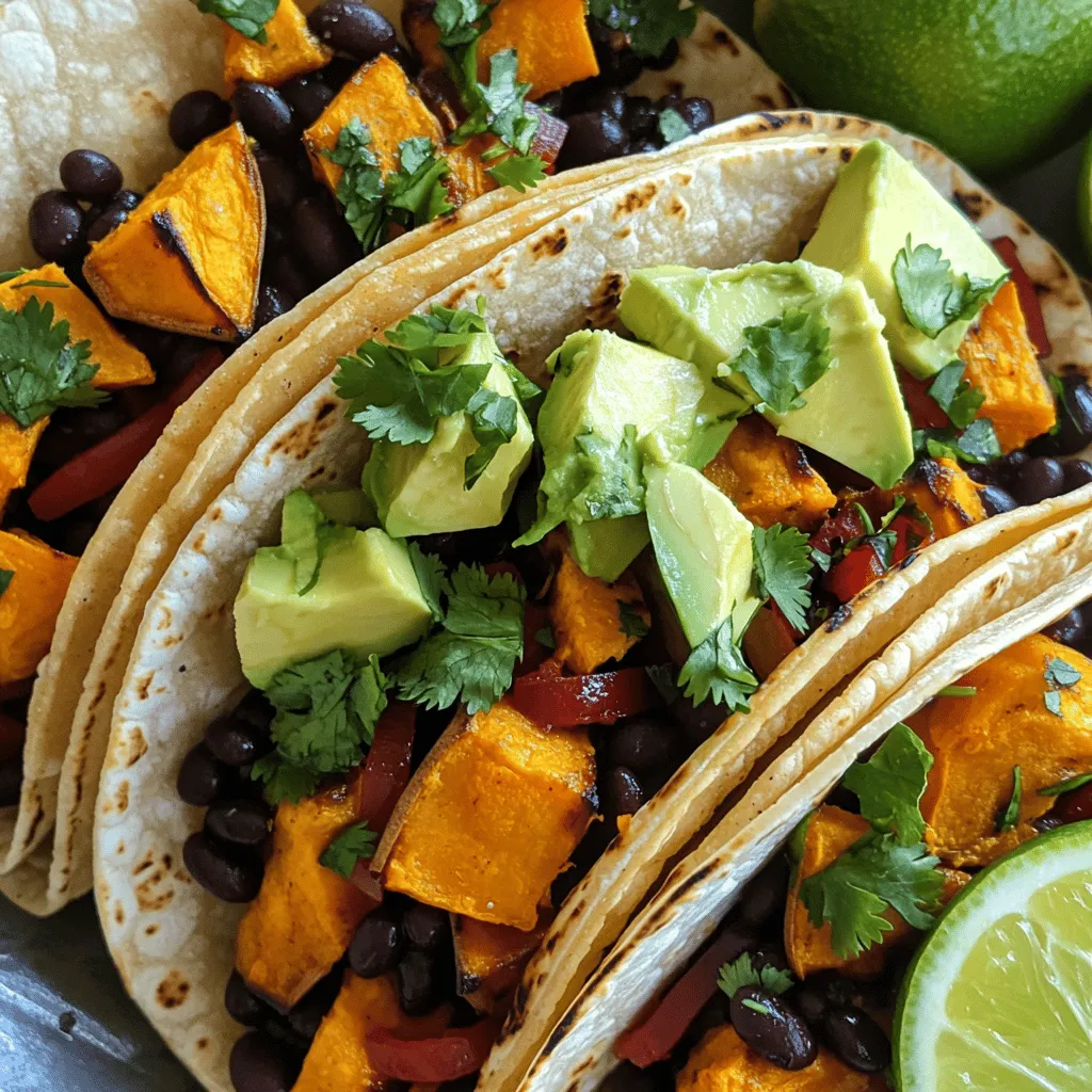 - 2 medium sweet potatoes - 1 can black beans - Red bell pepper and red onion - Garlic, cumin, paprika, and chili powder - Corn tortillas and avocado - Fresh cilantro - Lime wedges - Calories per serving: About 350 calories - Breakdown of macronutrients: - Protein: 12g - Carbohydrates: 58g - Fat: 10g When making these savory sweet potato and black bean tacos, you want to ensure you have the right ingredients. Sweet potatoes give the dish a rich, natural sweetness. Black beans add protein and creaminess. Red bell pepper and red onion contribute a nice crunch and flavor. Garlic, cumin, paprika, and chili powder enhance the taste, creating a warm and inviting aroma. Corn tortillas provide the perfect base for the filling. Avocado adds creaminess and freshness. For those who love to add a pop of color and flavor, fresh cilantro and lime wedges make excellent garnishes. These ingredients not only elevate the dish but also offer a burst of freshness that complements the tacos beautifully. Understanding the nutritional values helps you appreciate what you eat. Each serving has a balance of protein, carbs, and healthy fats, making these tacos not only tasty but also nutritious. If you want the full recipe, check out the link provided. - Preheat the oven to 400°F. - Dice and season sweet potatoes. Start by preheating your oven. This helps the sweet potatoes roast perfectly. Next, take your two medium sweet potatoes, peel them, and cut them into 1-inch cubes. In a large bowl, add the diced sweet potatoes. Drizzle two tablespoons of extra virgin olive oil over them. Then, sprinkle in one teaspoon of ground cumin, one teaspoon of smoked paprika, and half a teaspoon of chili powder. Season with salt and freshly ground pepper. Toss everything well so the sweet potatoes are coated in the spices. - Roast sweet potatoes until golden. - Sauté red onion and red bell pepper. - Incorporate black beans and mix. Spread the seasoned sweet potatoes on a baking sheet in a single layer. Roast them in the oven for 25 to 30 minutes. Stir halfway through to ensure they cook evenly. While the sweet potatoes roast, heat a skillet over medium heat. Add one small diced red onion and one chopped red bell pepper. Sauté these for about 5 to 7 minutes. Cook until the onion is soft and clear. Stir in two minced garlic cloves and cook for one more minute. After that, add one can of drained and rinsed black beans into the skillet. Cook for another 2 to 3 minutes, allowing the beans to warm up. Taste and adjust the seasoning if needed. - Warm corn tortillas. - Fill and garnish tacos. In another skillet, warm each corn tortilla for about 30 seconds on each side. This makes them soft and easy to fill. Now, take a warm tortilla and add a generous amount of the sweet potato and black bean mixture. Top it with a few slices of avocado and a sprinkle of fresh cilantro. Serve lime wedges on the side for a zesty kick. You can find the full recipe to achieve this delicious meal. To achieve perfectly roasted sweet potatoes, follow these steps: - Choose the Right Potatoes: Select firm sweet potatoes with smooth skin. - Uniform Cuts: Cut them into even 1-inch cubes for even cooking. - Season Well: Use olive oil, salt, and spices to coat them. - Preheat the Oven: Set your oven to 400°F (200°C) to ensure they roast well. - Stir Once: Halfway through, stir the sweet potatoes for even browning. For sautéing vegetables, try these tips: - Heat Your Skillet: Use medium heat to warm your skillet before adding oil. - Use Fresh Ingredients: Fresh veggies add better flavor and texture. - Don't Crowd the Pan: Sauté in batches if needed to avoid steaming. - Keep it Moving: Stir often for even cooking and to avoid burning. Pair your tacos with simple sides to enhance the meal: - Rice: A light cilantro-lime rice complements the flavors. - Salad: A fresh green salad adds a crisp texture. - Salsa: Serve with a fresh salsa for a zesty kick. For beverages, consider these options: - Lemonade: A refreshing lemonade balances the savory tacos. - Iced Tea: Unsweetened iced tea pairs well with the meal. - Craft Beer: A light beer highlights the flavors of the tacos. To present your tacos beautifully: - Use a Colorful Platter: Arrange tacos on a vibrant dish to catch the eye. - Garnish Generously: Add lime wedges and cilantro for color. - Layering: Stack the tacos slightly for height and interest. For attractive plating ideas: - Use Small Bowls: Serve toppings like avocado and salsa in small bowls for a fun touch. - Add Texture: Sprinkle some crushed tortilla chips for crunch. - Serve with Style: Place a few tacos leaning against each other for a casual look. Enjoy making these savory sweet potato and black bean tacos your own with these tips! For the full recipe, check out [Full Recipe]. {{image_4}} You can easily switch out the beans or vegetables in this recipe. Try using pinto beans or kidney beans. Roasted corn or zucchini add nice flavor too. For those who need gluten-free options, corn tortillas work great. You can also find gluten-free wraps at most stores. To spice things up, add cayenne pepper or fresh jalapeños. They bring a nice heat to the dish. You can also mix in cheese like feta or cheddar for richness. A dollop of sour cream adds creaminess and balances the spices. You can serve this as a taco bowl instead of in tortillas. Just layer the sweet potato and bean mix over rice or quinoa. This gives it a hearty twist. If you want something different, use the filling for burritos or enchiladas. Simply wrap it up in a larger tortilla and bake with sauce. For the full recipe, check the section above. To store leftover tacos, wrap them tightly in plastic wrap. This keeps them fresh. Place the wrapped tacos in an airtight container. You can also use a glass dish with a lid. This method helps to keep moisture in and prevents them from drying out. The best way to reheat tacos is in the oven. Set your oven to 350°F (175°C). Place the tacos on a baking sheet and heat for about 10 minutes. This keeps the tortillas crisp. You can also use a skillet on medium heat. Heat each taco for about 2-3 minutes on each side. This method helps the sweet potatoes stay soft. To maintain the texture of sweet potatoes, cover the skillet with a lid. This traps steam and warms everything evenly. Avoid microwaving them, as this makes the tortillas soggy. You can freeze assembled tacos or separate components. If you freeze assembled tacos, wrap them well in foil. Place them in a freezer bag to avoid freezer burn. This method works for short-term storage. For longer storage, freeze the sweet potato and black bean mixture separately. This keeps the flavors fresh. The ideal storage duration for frozen tacos is up to 3 months. Just remember to label your bags with the date! Can I make Sweet Potato and Black Bean Tacos ahead of time? Yes, you can make these tacos ahead. Cook the sweet potatoes and beans, then store them in the fridge. Warm them up before serving. This saves time on busy days. What's the best way to prevent my tortillas from tearing? To keep tortillas intact, warm them first. Heat them in a dry skillet for 30 seconds on each side. This makes them soft and easy to fold. Are these tacos vegan and gluten-free? Yes! These tacos are both vegan and gluten-free. They use plant-based ingredients, like sweet potatoes and black beans, along with corn tortillas. How can I make this recipe low-carb? To make this recipe low-carb, skip the corn tortillas. Use lettuce leaves as a wrap instead. This keeps the fresh taste while lowering carbs. What's the best method to cook sweet potatoes? Roasting sweet potatoes brings out their natural sweetness. Cut them into cubes, toss with oil and spices, and roast at 400°F. This makes them tender and caramelized. Can I use canned sweet potatoes instead? You can use canned sweet potatoes, but fresh ones taste better. Canned sweet potatoes are already soft. If you use them, skip the roasting step and just heat them in a skillet. For the full recipe, check out the details above. In this blog post, we explored how to make delicious Sweet Potato and Black Bean Tacos. We covered the main ingredients and optional garnishes, along with step-by-step preparation and cooking instructions. I shared tips for perfect cooking and ways to make your tacos visually appealing. You can mix flavors and try new variations while storing leftovers properly. That's all you need for a tasty, easy meal! Enjoy your cooking, and don’t hesitate to try different ideas for your tacos!