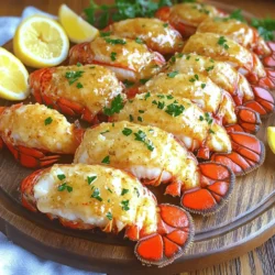 - 4 lobster tails - 1/2 cup unsalted butter (1 stick) - 4 cloves garlic, finely minced - 1 tablespoon fresh lemon juice - 1 teaspoon smoked paprika - 1 teaspoon sea salt - 1/2 teaspoon freshly ground black pepper - 1 tablespoon fresh parsley, finely chopped (for garnish) - Lemon wedges (for serving) You can swap unsalted butter with olive oil if you're looking for a lighter option. For a quick fix, garlic powder works well instead of fresh garlic. Fresh herbs like dill or chives can add a nice twist, too. To make these lobster tails, you need kitchen shears to split them open. A baking dish holds the tails while they cook. A small saucepan helps to melt the butter and mix the flavors. If you want to dive deeper into the process, check out the Full Recipe for more detailed steps. 1. Preheating the oven: First, set your oven to 425°F (220°C). This heat is perfect for cooking lobster. Make sure the rack is in the center for even heat. 2. Splitting the tails: Next, grab some kitchen shears. Carefully cut the lobster tails in half lengthwise. Cut through the shell, but don’t cut all the way through the meat. 3. Positioning the meat: Gently pull the lobster meat out and place it on top of the shell. This step helps the meat soak up the flavors while baking and looks great on the plate. 1. Melting the butter: In a small saucepan, add your unsalted butter. Heat it over medium heat. Stir it occasionally until it fully melts. 2. Sautéing the garlic: Once the butter melts, add your minced garlic. Sauté for 1-2 minutes. Keep an eye on it to avoid burning. Burnt garlic can taste bitter. 3. Combining the ingredients: Now, stir in fresh lemon juice, smoked paprika, sea salt, and black pepper. Let it bubble gently for about a minute. This helps blend all the flavors. 1. Arranging the tails in the dish: Place the prepared lobster tails in a baking dish. Ensure they sit evenly for even cooking. 2. Brushing with garlic butter: Grab a brush and coat each lobster tail with the garlic butter mixture. Make sure to cover the meat well for the best flavor. 3. Cooking times and temperature checks: Bake your lobster tails for 12-15 minutes. They are done when the meat turns opaque. Check that the internal temperature hits 140°F (60°C) for a perfect texture. This simple process leads to delicious garlic butter lobster tails. For the full recipe, check out the complete instructions. To make sure your lobster tails are just right, monitor the internal temperature. Use a meat thermometer and aim for 140°F (60°C). This ensures the meat cooks perfectly and stays tender. Even cooking is key. When you prepare the tails, split them lengthwise and pull the meat up slightly. This helps them cook evenly and soak up that garlic butter flavor. You can add extra spices and herbs to make your dish stand out. Try adding chili flakes for a little kick or fresh thyme for a different taste. If you want to elevate the flavor, consider marinating the lobster tails. A quick soak in olive oil, lemon juice, and your chosen herbs can add depth before cooking. Garnishing with parsley adds a fresh touch to your dish. It not only looks good but also brings brightness to the rich flavors of garlic butter. When serving, place the lobster tails on a large platter. Arrange lemon wedges around them. This not only looks nice but also gives a zesty boost when your guests squeeze the lemons over the tails. You can drizzle any leftover garlic butter on top for a glossy finish. {{image_4}} You can easily switch up the taste of garlic butter lobster tails. Here are two great ideas: - Adding chili flakes for heat: If you like spice, add a pinch of chili flakes to your garlic butter. This simple step gives a nice kick. You’ll enjoy the balance of heat and buttery flavor. - Incorporating white wine into the butter sauce: For a touch of luxury, mix in a splash of white wine. This adds depth and richness. Just let the wine simmer with the butter and garlic. The taste will wow your guests. Cooking lobster tails can be fun and creative. Here are some methods you can try: - Grilling vs. baking: Grilling adds a smoky flavor to lobster tails. Just brush them with garlic butter and place them on the grill. Baking is easier and allows for even cooking. Both ways are delicious; it’s up to your taste! - Broiling for a crispy finish: Broiling is a great way to get a crispy top. After baking, switch the oven to broil for a few minutes. Watch closely to prevent burning. The lobster meat will have a lovely golden color. There are ways to make garlic butter lobster tails fit different diets. Here are some options: - Low-carb options: This dish is already low in carbs! Pair it with veggies like asparagus or zucchini noodles. You can enjoy a filling meal without the carbs. - Shellfish allergy considerations: If you have a shellfish allergy, consider using shrimp or chicken. Both can soak up the garlic butter well. Just adjust cooking times as needed. For the full recipe, check out the detailed steps on how to prepare these delicious lobster tails. After enjoying your garlic butter lobster tails, store leftovers in the fridge. Place them in an airtight container. This keeps them fresh and tasty. You can keep cooked lobster tails in the fridge for up to three days. After that, the quality may drop. To reheat lobster tails, the oven is best. Preheat it to 350°F (175°C). Place lobster tails in a baking dish. Cover with foil to keep moisture in. Heat for about 10 minutes. The meat will warm up without drying out. You can also use a microwave. Just place the lobster tails on a plate. Cover them with a damp paper towel. Heat for 1-2 minutes on low power. Check often to avoid overcooking. If you want to keep lobster tails longer, you can freeze them. First, wrap each tail tightly in plastic wrap. Then, place them in a freezer bag. This helps prevent freezer burn. Properly stored, they can last up to three months in the freezer. When you're ready to use them, thaw the lobster tails safely. The best method is to place them in the fridge overnight. If you're short on time, you can submerge them in cold water for about an hour. Avoid using hot water, as it can cook the lobster. For the full recipe, check the "Garlic Butter Lobster Tails" section above. You can tell when lobster tails are fully cooked by checking the color. The meat should change from translucent to opaque. It should also be firm to the touch. The ideal internal temperature is 140°F (60°C). Use a meat thermometer for precision. Yes, you can use frozen lobster tails. Just make sure to thaw them first. The best way to thaw is in the fridge overnight. You can also place them in cold water for about 30 minutes. This helps keep the meat tender. You can serve garlic butter lobster tails with several sides. Here are some great options: - Garlic bread - Steamed vegetables - Rice or quinoa - A fresh salad - Mashed potatoes These sides complement the rich flavors of the lobster. To avoid overcooking lobster, keep an eye on the cooking time. Bake lobster tails for 12-15 minutes. Check for that opaque color. You can also use a meat thermometer. Remove them from the oven right when they reach 140°F (60°C). Yes, you can reheat lobster tails without losing flavor. The best way is to use the oven. Preheat it to 350°F (175°C) and place the tails in a baking dish. Add a little butter on top. Cover with foil and heat for about 10 minutes. For the complete Garlic Butter Lobster Tails recipe, check out the [Full Recipe]. It has all the steps and tips you need for a successful dish. In summary, we discussed how to make delicious garlic butter lobster tails. You learned about the essential ingredients, special tools, and step-by-step cooking methods. I shared tips for perfect cooking and ways to enhance flavors. We also explored variations, storage tips, and answered common questions. Enjoy creating this tasty dish and impressing your guests! Your culinary skills will shine with these easy steps.