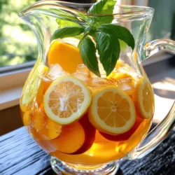 - 4 cups water - 4 black tea bags - 2 ripe peaches, pitted and sliced - 1/4 cup fresh basil leaves, loosely packed - 1/4 cup honey (to taste) - Ice cubes - Lemon slices for garnish To make the best Peach Basil Iced Tea, you need fresh and ripe ingredients. The peaches should be juicy and sweet. This gives the tea a rich flavor. Fresh basil adds a nice herbal note. You can adjust the honey to fit your taste. If you like it sweeter, add more honey. If not, use less. - Other fruits (e.g., strawberries, mangoes) - Alternative sweeteners (agave syrup, stevia) - Different herbs (mint, rosemary) You can change the recipe to fit your mood. Adding other fruits like strawberries or mangoes can bring new flavors. If you want to avoid sugar, try agave syrup or stevia. Different herbs also change the taste. Mint gives a fresh twist, while rosemary adds depth. For the full recipe, check the details above. To start, boil 4 cups of water in a medium saucepan. You want a rolling boil. Once it bubbles, take the pan off the heat. Add 4 black tea bags to the water. Let the tea steep for 5 to 7 minutes. The longer you steep, the stronger the tea will be. If you like a lighter flavor, steep for less time. While your tea steeps, you can prepare the peach-basil mix. Take 2 ripe peaches and slice them up. Add the peach slices, 1/4 cup of fresh basil leaves, and 1/4 cup of honey to a blender. Blend on high until the mix is smooth and creamy. Next, strain this mixture using a fine-mesh sieve into a large pitcher. This step helps remove solids and makes the drink taste better. Press down on the solids with a spatula to get all the juice out. After your tea is ready, take out the tea bags. Let the brewed tea cool to room temperature. Once it cools, pour it into the pitcher with the peach-basil mixture. Stir well to combine both flavors. Now, place the pitcher in the fridge to chill for at least 1 hour. Chilling is key because it helps the flavors blend together nicely. For the full recipe, refer to the instructions above. To balance sweetness, you can add other fruits. Strawberries or mangoes blend nicely with peaches. You can also adjust the honey amount to your taste. If you prefer a less sweet drink, cut the honey. Infusing flavors takes time. Let your peach-basil mixture sit for a while. This allows the flavors to deepen and blend well. The longer you let it infuse, the better the taste. Serving your iced tea in mason jars makes it look fun and rustic. Mason jars are great for summer picnics. They hold ice well and keep your drink cold. You can also use colorful straws for a festive touch. Garnishes make your drink pop. Add a lemon slice or a sprig of basil for a beautiful finish. These small details can impress your guests. Don’t waste leftover peaches or basil. Slice extra peaches for a snack or add them to yogurt. You can also chop basil and sprinkle it on salads or pasta. If you have leftover iced tea, try using it in smoothies. Blend it with fruit or yogurt for a refreshing drink. You can even use it to make ice cubes for future drinks. These ideas help reduce waste and add creativity to your kitchen. {{image_4}} You can add other summer fruits to your peach basil iced tea. This gives your drink new flavors. Some great fruits to try are: - Strawberries - Mangoes - Raspberries These fruits mix well with peaches and bring a nice sweetness. You can blend them into the peach-basil mix for a fruity twist. Each fruit adds its unique taste. If you want a stronger peach flavor, use less of the other fruits. You can change the herbs in your iced tea too. Instead of basil, try these herbs: - Mint - Rosemary - Thyme Each herb brings its own flavor. Mint adds freshness, while rosemary gives a warm taste. Thyme has a slight earthiness. Different herbs also offer various health benefits. For example, mint can aid digestion, and rosemary is great for memory. Experiment to find your favorite combination. You can use other tea types for your iced tea. Green tea or herbal tea can work well. Here’s how to adjust: - For green tea, steep for 3-5 minutes. - For herbal tea, steep for 5-7 minutes. These changes can affect the taste. Green tea adds a slight bitterness, while herbal tea can be sweeter. Adjust the steeping time to get the flavor you like best. Each base brings its own charm to the drink, making it fun to try different ones. For the full recipe, check out the link. To keep your peach basil iced tea fresh, store it in an airtight container. This helps to lock in flavors and prevent any unwanted smells from the fridge. You can keep it in the refrigerator for up to five days. If you notice any changes in taste or smell, it's best to discard it. If you want to save your peach basil iced tea for later, you can freeze it. Pour the iced tea into ice cube trays. Once frozen, pop them out and store the cubes in a freezer bag. These tea cubes can add a burst of flavor to your future drinks. Just drop a few into water or lemonade for a refreshing twist. You can use natural sweeteners. Try honey, maple syrup, or agave nectar. If you want a low-calorie option, stevia or monk fruit sweetener works well. Start with a small amount and taste as you go. Adjust to your liking. These options keep your drink tasty and healthy. Yes, you can serve it warm. Brew the tea as normal, then skip the chilling step. You can pour it directly into cups. If you want, heat the brewed tea on low. Avoid boiling. You can also mix in the peach and basil blend while it’s warm. This keeps the flavors fresh and aromatic. Peaches are rich in vitamins A and C. They also have antioxidants that help fight free radicals. Basil is known for its anti-inflammatory and antibacterial properties. It can aid digestion and boost your immune system. Together, they make a refreshing drink that’s good for your health. Enjoy them in your peach basil iced tea for both taste and wellness. Peach Basil Iced Tea is a refreshing drink that combines simple ingredients like peaches, basil, and tea. You can easily adapt the recipe with other fruits and herbs to suit your taste. Remember to chill the mixture for a perfect flavor burst. Don’t forget to store your iced tea properly or freeze it for future enjoyment. This drink not only tastes great but also offers health benefits. Enjoy experimenting and find the perfect twist for your next gathering!