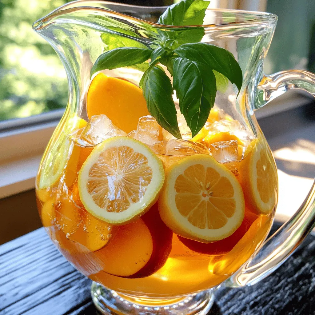 - 4 cups water - 4 black tea bags - 2 ripe peaches, pitted and sliced - 1/4 cup fresh basil leaves, loosely packed - 1/4 cup honey (to taste) - Ice cubes - Lemon slices for garnish To make the best Peach Basil Iced Tea, you need fresh and ripe ingredients. The peaches should be juicy and sweet. This gives the tea a rich flavor. Fresh basil adds a nice herbal note. You can adjust the honey to fit your taste. If you like it sweeter, add more honey. If not, use less. - Other fruits (e.g., strawberries, mangoes) - Alternative sweeteners (agave syrup, stevia) - Different herbs (mint, rosemary) You can change the recipe to fit your mood. Adding other fruits like strawberries or mangoes can bring new flavors. If you want to avoid sugar, try agave syrup or stevia. Different herbs also change the taste. Mint gives a fresh twist, while rosemary adds depth. For the full recipe, check the details above. To start, boil 4 cups of water in a medium saucepan. You want a rolling boil. Once it bubbles, take the pan off the heat. Add 4 black tea bags to the water. Let the tea steep for 5 to 7 minutes. The longer you steep, the stronger the tea will be. If you like a lighter flavor, steep for less time. While your tea steeps, you can prepare the peach-basil mix. Take 2 ripe peaches and slice them up. Add the peach slices, 1/4 cup of fresh basil leaves, and 1/4 cup of honey to a blender. Blend on high until the mix is smooth and creamy. Next, strain this mixture using a fine-mesh sieve into a large pitcher. This step helps remove solids and makes the drink taste better. Press down on the solids with a spatula to get all the juice out. After your tea is ready, take out the tea bags. Let the brewed tea cool to room temperature. Once it cools, pour it into the pitcher with the peach-basil mixture. Stir well to combine both flavors. Now, place the pitcher in the fridge to chill for at least 1 hour. Chilling is key because it helps the flavors blend together nicely. For the full recipe, refer to the instructions above. To balance sweetness, you can add other fruits. Strawberries or mangoes blend nicely with peaches. You can also adjust the honey amount to your taste. If you prefer a less sweet drink, cut the honey. Infusing flavors takes time. Let your peach-basil mixture sit for a while. This allows the flavors to deepen and blend well. The longer you let it infuse, the better the taste. Serving your iced tea in mason jars makes it look fun and rustic. Mason jars are great for summer picnics. They hold ice well and keep your drink cold. You can also use colorful straws for a festive touch. Garnishes make your drink pop. Add a lemon slice or a sprig of basil for a beautiful finish. These small details can impress your guests. Don’t waste leftover peaches or basil. Slice extra peaches for a snack or add them to yogurt. You can also chop basil and sprinkle it on salads or pasta. If you have leftover iced tea, try using it in smoothies. Blend it with fruit or yogurt for a refreshing drink. You can even use it to make ice cubes for future drinks. These ideas help reduce waste and add creativity to your kitchen. {{image_4}} You can add other summer fruits to your peach basil iced tea. This gives your drink new flavors. Some great fruits to try are: - Strawberries - Mangoes - Raspberries These fruits mix well with peaches and bring a nice sweetness. You can blend them into the peach-basil mix for a fruity twist. Each fruit adds its unique taste. If you want a stronger peach flavor, use less of the other fruits. You can change the herbs in your iced tea too. Instead of basil, try these herbs: - Mint - Rosemary - Thyme Each herb brings its own flavor. Mint adds freshness, while rosemary gives a warm taste. Thyme has a slight earthiness. Different herbs also offer various health benefits. For example, mint can aid digestion, and rosemary is great for memory. Experiment to find your favorite combination. You can use other tea types for your iced tea. Green tea or herbal tea can work well. Here’s how to adjust: - For green tea, steep for 3-5 minutes. - For herbal tea, steep for 5-7 minutes. These changes can affect the taste. Green tea adds a slight bitterness, while herbal tea can be sweeter. Adjust the steeping time to get the flavor you like best. Each base brings its own charm to the drink, making it fun to try different ones. For the full recipe, check out the link. To keep your peach basil iced tea fresh, store it in an airtight container. This helps to lock in flavors and prevent any unwanted smells from the fridge. You can keep it in the refrigerator for up to five days. If you notice any changes in taste or smell, it's best to discard it. If you want to save your peach basil iced tea for later, you can freeze it. Pour the iced tea into ice cube trays. Once frozen, pop them out and store the cubes in a freezer bag. These tea cubes can add a burst of flavor to your future drinks. Just drop a few into water or lemonade for a refreshing twist. You can use natural sweeteners. Try honey, maple syrup, or agave nectar. If you want a low-calorie option, stevia or monk fruit sweetener works well. Start with a small amount and taste as you go. Adjust to your liking. These options keep your drink tasty and healthy. Yes, you can serve it warm. Brew the tea as normal, then skip the chilling step. You can pour it directly into cups. If you want, heat the brewed tea on low. Avoid boiling. You can also mix in the peach and basil blend while it’s warm. This keeps the flavors fresh and aromatic. Peaches are rich in vitamins A and C. They also have antioxidants that help fight free radicals. Basil is known for its anti-inflammatory and antibacterial properties. It can aid digestion and boost your immune system. Together, they make a refreshing drink that’s good for your health. Enjoy them in your peach basil iced tea for both taste and wellness. Peach Basil Iced Tea is a refreshing drink that combines simple ingredients like peaches, basil, and tea. You can easily adapt the recipe with other fruits and herbs to suit your taste. Remember to chill the mixture for a perfect flavor burst. Don’t forget to store your iced tea properly or freeze it for future enjoyment. This drink not only tastes great but also offers health benefits. Enjoy experimenting and find the perfect twist for your next gathering!
