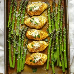 - 4 boneless, skinless chicken breasts - 1 pound asparagus, trimmed - 4 cloves garlic, minced - 1 lemon, zested and juiced - 3 tablespoons olive oil - 1 teaspoon dried thyme - 1 teaspoon smoked paprika - Salt and pepper to taste - ¼ cup grated Parmesan cheese (optional) - Fresh parsley, chopped (for garnish) To elevate the taste, consider adding: - A pinch of red pepper flakes for heat. - Fresh rosemary or oregano for herbal notes. - Cherry tomatoes for a burst of sweetness. - Bell peppers for added crunch. You can also swap out asparagus for: - Green beans for a crisp texture. - Broccoli florets for a hearty bite. - Zucchini slices for a mild flavor. These add-ins and swaps can make the dish truly yours, adding layers of flavor and fun. The main goal is to keep it simple while enhancing the taste. When you choose your add-ins, think about how they will pair with the garlic and lemon. Each ingredient plays a role in creating a balanced dish. For the full recipe, refer to the earlier section. - Preheat your oven to 400°F (200°C). This step is key for even cooking. - Grab a large mixing bowl. Whisk together olive oil, minced garlic, lemon zest, lemon juice, dried thyme, smoked paprika, salt, and pepper. Mix well to create a tasty marinade. - Add the chicken breasts to the marinade. Make sure each piece is well-coated. Use your hands to rub the marinade all over the chicken. - For the best flavor, marinate the chicken for at least 15 minutes. If you can, marinate for up to 2 hours in the fridge. This helps the flavors soak in deeply. - Line a large baking sheet with parchment paper. This makes cleanup easy and helps the chicken cook evenly. Place the marinated chicken in the center of the sheet, spaced out nicely. - Arrange the trimmed asparagus around the chicken. Drizzle any leftover marinade over the asparagus for extra flavor. - If you like cheese, sprinkle grated Parmesan over the chicken and asparagus for a rich touch. - Put the baking sheet in the oven and bake for 25-30 minutes. Check the chicken with a meat thermometer; it should reach 165°F (75°C). The asparagus should look bright and tender. - Take the baking sheet out of the oven. Let the dish rest for 5 minutes. This lets the juices settle, making the chicken juicy. - Before serving, sprinkle fresh parsley on top. This adds color and a fresh vibe to your meal. For the full recipe, check out the One-Pan Garlic Chicken and Asparagus. To make your garlic chicken stand out, try marinating it longer. You can use different flavors in your marinade. Add some honey for sweetness or mustard for a bit of zing. For juicy chicken, choose thighs instead of breasts. Thighs have more fat, which keeps them moist. Always pat your chicken dry before marinating. This helps the marinade stick better. When cooking the asparagus, be sure to keep the stalks even. Cut them to a similar length for even cooking. Toss them in the leftover marinade for extra flavor. This simple step makes your asparagus taste great and keeps it tender. Aim for a bright green color and a slight crunch to get the best texture. A nice plate makes your meal look more inviting. Serve the chicken and asparagus on a large platter. Drizzle any pan juices over the top to add shine. For a pop of color, add lemon wedges on the side. Fresh herbs like parsley also add a nice touch. They give your dish a vibrant look and fresh taste. If you want, you can use a bit of grated Parmesan cheese on top. It adds a layer of flavor and a touch of elegance. Remember, how you present your food can make it taste better. People eat with their eyes first! {{image_4}} To make this dish fit your needs, you can try some easy swaps. For gluten-free options, use tamari instead of regular soy sauce in your marinade. This keeps the flavors rich while ensuring it's safe for those with gluten issues. If you want a low-carb meal, skip the Parmesan cheese. You can also use zucchini or bell peppers instead of asparagus. These veggies roast well and add good flavor. If you want to swap proteins, chicken is not your only choice. Shrimp works great in this recipe. It cooks fast and soaks up the garlic and lemon flavors. Fish like salmon or cod is also a tasty option. Just adjust the cooking time. Fish usually cooks faster than chicken. To spice things up, try adding new herbs and spices. Fresh rosemary or basil can brighten the dish. If you prefer a bolder taste, mix in some chili flakes. They add heat without overpowering the garlic and lemon. You can also drizzle some hot sauce over the chicken before serving. This makes each bite exciting. Experimenting with flavors keeps meals fun. The Full Recipe gives you a solid base, but don’t hesitate to make it your own. You can create a dish that suits your taste and impresses your guests. To keep your One-Pan Garlic Chicken and Asparagus fresh, follow these tips: - Cool down: Let the dish cool to room temperature before storing. - Use airtight containers: Choose containers that seal tightly to keep moisture in. - Refrigeration: Store in the fridge for up to 3 days. Using glass or BPA-free plastic containers helps maintain flavor. If you want to save space, try stacking smaller containers. When reheating, you want to keep the chicken juicy and the asparagus tender. Here are the best methods: - Oven: Preheat to 350°F (175°C). Place the chicken and asparagus on a baking sheet. Heat for 10-15 minutes. - Microwave: Place on a microwave-safe plate. Cover with a damp paper towel. Heat for 1-2 minutes, checking often. This helps avoid drying out your meal. Adjust time based on your microwave's power. Enjoy the flavors, just like when it was fresh! Cooking chicken in the oven usually takes about 25 to 30 minutes at 400°F (200°C). Oven types can change timing. A convection oven may cook faster. Always check the chicken's internal temperature. It should reach 165°F (75°C) for safe eating. Yes, you can use frozen chicken, but it needs extra time. It is best to thaw chicken first. If you use frozen fillets, add about 10 to 15 minutes to the cooking time. Make sure to check the temperature. The center must reach 165°F (75°C) as well. Garlic chicken and asparagus pair well with many side dishes. Here are some great options: - Rice: White, brown, or even lemon rice add a nice touch. - Potatoes: Mashed or roasted potatoes bring comfort to the meal. - Salad: A fresh green salad can lighten the dish. - Quinoa: This grain is healthy and easy to prepare. For more ideas, check the Full Recipe. This post outlined a simple and tasty garlic chicken and asparagus dish. You learned about the required ingredients, step-by-step cooking methods, and tips for perfection. There are also ways to modify the recipe for different diets and flavor preferences. With the right techniques and ideas, you can create a delicious meal that impresses. Enjoy experimenting with flavors and make it your own! Remember, cooking is fun, and practice makes perfect.