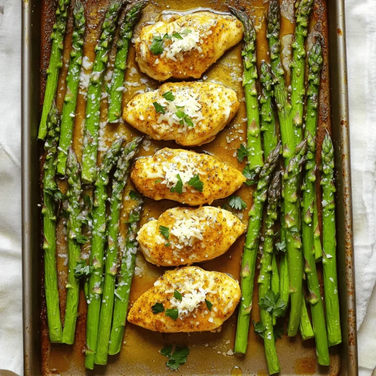 - 4 boneless, skinless chicken breasts - 1 pound asparagus, trimmed - 4 cloves garlic, minced - 1 lemon, zested and juiced - 3 tablespoons olive oil - 1 teaspoon dried thyme - 1 teaspoon smoked paprika - Salt and pepper to taste - ¼ cup grated Parmesan cheese (optional) - Fresh parsley, chopped (for garnish) To elevate the taste, consider adding: - A pinch of red pepper flakes for heat. - Fresh rosemary or oregano for herbal notes. - Cherry tomatoes for a burst of sweetness. - Bell peppers for added crunch. You can also swap out asparagus for: - Green beans for a crisp texture. - Broccoli florets for a hearty bite. - Zucchini slices for a mild flavor. These add-ins and swaps can make the dish truly yours, adding layers of flavor and fun. The main goal is to keep it simple while enhancing the taste. When you choose your add-ins, think about how they will pair with the garlic and lemon. Each ingredient plays a role in creating a balanced dish. For the full recipe, refer to the earlier section. - Preheat your oven to 400°F (200°C). This step is key for even cooking. - Grab a large mixing bowl. Whisk together olive oil, minced garlic, lemon zest, lemon juice, dried thyme, smoked paprika, salt, and pepper. Mix well to create a tasty marinade. - Add the chicken breasts to the marinade. Make sure each piece is well-coated. Use your hands to rub the marinade all over the chicken. - For the best flavor, marinate the chicken for at least 15 minutes. If you can, marinate for up to 2 hours in the fridge. This helps the flavors soak in deeply. - Line a large baking sheet with parchment paper. This makes cleanup easy and helps the chicken cook evenly. Place the marinated chicken in the center of the sheet, spaced out nicely. - Arrange the trimmed asparagus around the chicken. Drizzle any leftover marinade over the asparagus for extra flavor. - If you like cheese, sprinkle grated Parmesan over the chicken and asparagus for a rich touch. - Put the baking sheet in the oven and bake for 25-30 minutes. Check the chicken with a meat thermometer; it should reach 165°F (75°C). The asparagus should look bright and tender. - Take the baking sheet out of the oven. Let the dish rest for 5 minutes. This lets the juices settle, making the chicken juicy. - Before serving, sprinkle fresh parsley on top. This adds color and a fresh vibe to your meal. For the full recipe, check out the One-Pan Garlic Chicken and Asparagus. To make your garlic chicken stand out, try marinating it longer. You can use different flavors in your marinade. Add some honey for sweetness or mustard for a bit of zing. For juicy chicken, choose thighs instead of breasts. Thighs have more fat, which keeps them moist. Always pat your chicken dry before marinating. This helps the marinade stick better. When cooking the asparagus, be sure to keep the stalks even. Cut them to a similar length for even cooking. Toss them in the leftover marinade for extra flavor. This simple step makes your asparagus taste great and keeps it tender. Aim for a bright green color and a slight crunch to get the best texture. A nice plate makes your meal look more inviting. Serve the chicken and asparagus on a large platter. Drizzle any pan juices over the top to add shine. For a pop of color, add lemon wedges on the side. Fresh herbs like parsley also add a nice touch. They give your dish a vibrant look and fresh taste. If you want, you can use a bit of grated Parmesan cheese on top. It adds a layer of flavor and a touch of elegance. Remember, how you present your food can make it taste better. People eat with their eyes first! {{image_4}} To make this dish fit your needs, you can try some easy swaps. For gluten-free options, use tamari instead of regular soy sauce in your marinade. This keeps the flavors rich while ensuring it's safe for those with gluten issues. If you want a low-carb meal, skip the Parmesan cheese. You can also use zucchini or bell peppers instead of asparagus. These veggies roast well and add good flavor. If you want to swap proteins, chicken is not your only choice. Shrimp works great in this recipe. It cooks fast and soaks up the garlic and lemon flavors. Fish like salmon or cod is also a tasty option. Just adjust the cooking time. Fish usually cooks faster than chicken. To spice things up, try adding new herbs and spices. Fresh rosemary or basil can brighten the dish. If you prefer a bolder taste, mix in some chili flakes. They add heat without overpowering the garlic and lemon. You can also drizzle some hot sauce over the chicken before serving. This makes each bite exciting. Experimenting with flavors keeps meals fun. The Full Recipe gives you a solid base, but don’t hesitate to make it your own. You can create a dish that suits your taste and impresses your guests. To keep your One-Pan Garlic Chicken and Asparagus fresh, follow these tips: - Cool down: Let the dish cool to room temperature before storing. - Use airtight containers: Choose containers that seal tightly to keep moisture in. - Refrigeration: Store in the fridge for up to 3 days. Using glass or BPA-free plastic containers helps maintain flavor. If you want to save space, try stacking smaller containers. When reheating, you want to keep the chicken juicy and the asparagus tender. Here are the best methods: - Oven: Preheat to 350°F (175°C). Place the chicken and asparagus on a baking sheet. Heat for 10-15 minutes. - Microwave: Place on a microwave-safe plate. Cover with a damp paper towel. Heat for 1-2 minutes, checking often. This helps avoid drying out your meal. Adjust time based on your microwave's power. Enjoy the flavors, just like when it was fresh! Cooking chicken in the oven usually takes about 25 to 30 minutes at 400°F (200°C). Oven types can change timing. A convection oven may cook faster. Always check the chicken's internal temperature. It should reach 165°F (75°C) for safe eating. Yes, you can use frozen chicken, but it needs extra time. It is best to thaw chicken first. If you use frozen fillets, add about 10 to 15 minutes to the cooking time. Make sure to check the temperature. The center must reach 165°F (75°C) as well. Garlic chicken and asparagus pair well with many side dishes. Here are some great options: - Rice: White, brown, or even lemon rice add a nice touch. - Potatoes: Mashed or roasted potatoes bring comfort to the meal. - Salad: A fresh green salad can lighten the dish. - Quinoa: This grain is healthy and easy to prepare. For more ideas, check the Full Recipe. This post outlined a simple and tasty garlic chicken and asparagus dish. You learned about the required ingredients, step-by-step cooking methods, and tips for perfection. There are also ways to modify the recipe for different diets and flavor preferences. With the right techniques and ideas, you can create a delicious meal that impresses. Enjoy experimenting with flavors and make it your own! Remember, cooking is fun, and practice makes perfect.