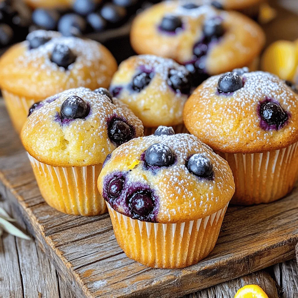 For the best lemon blueberry muffins, gather these fresh ingredients: - 2 cups all-purpose flour - 1 cup fresh blueberries, rinsed and patted dry - 1 cup granulated sugar - 1/2 cup unsalted butter, melted and slightly cooled - 1 cup milk (dairy or non-dairy alternative) - 2 large eggs, at room temperature - 1 tablespoon lemon zest (zest from about 1 lemon) - 2 tablespoons fresh lemon juice (about 1 lemon) - 1 tablespoon baking powder - 1/2 teaspoon baking soda - 1/2 teaspoon salt - 1 teaspoon vanilla extract - Optional: Powdered sugar for a decorative dusting Using the right measurements is key. I recommend the following tips: - Use a kitchen scale for the flour for accuracy. - Room temperature eggs mix better into the batter. - Fresh blueberries give the best taste. Rinse them gently to keep them whole. - Zest the lemon before juicing for easier handling. Choose quality ingredients for better flavor and texture. Here are my top picks: - Use organic eggs for richer taste. - Select fresh, organic blueberries for natural sweetness. - Opt for European-style butter for a creamier muffin. - Choose high-quality vanilla extract for depth of flavor. By gathering and preparing these fresh ingredients, you set the stage for delicious lemon blueberry muffins. Enjoy the process and the tasty outcome. For the complete baking process, check out the Full Recipe. Start by preheating your oven to 400°F (200°C). This step ensures even baking. While the oven warms up, prepare your muffin tin. You can either use paper muffin liners or lightly grease each cup with butter or cooking spray. This will help your muffins release easily after baking. In a large mixing bowl, add 2 cups of all-purpose flour, 1 tablespoon of baking powder, 1/2 teaspoon of baking soda, and 1/2 teaspoon of salt. Whisk these dry ingredients together until they are fully combined. This helps the baking powder and soda spread evenly, which is key for light muffins. In another bowl, mix together 1/2 cup of melted butter, 1 cup of granulated sugar, 2 large eggs, 1 cup of milk, 1 tablespoon of lemon zest, 2 tablespoons of lemon juice, and 1 teaspoon of vanilla extract. Whisk them until the mixture is smooth. Make sure the melted butter is not too hot to avoid cooking the eggs. Pour the wet mixture into the bowl with the dry ingredients. Gently fold them together using a spatula until just combined. It’s okay if you see some lumps. Now, carefully fold in 1 cup of fresh blueberries, ensuring they are evenly spread throughout the batter without breaking. Spoon the batter into the muffin cups, filling each about two-thirds full. This gives the muffins room to rise. Place the muffin tin in the oven and bake for 18-20 minutes. Check for doneness by inserting a toothpick into a muffin. It should come out clean or with a few crumbs. Once baked, let the muffins cool in the tin for 5 minutes. Then transfer them to a wire rack to cool completely. For a sweet touch, dust with powdered sugar before serving. For the full details on how to make these delightful muffins, refer to the Full Recipe. To make light and fluffy muffins, mixing is key. When you mix the dry and wet ingredients, do not overdo it. Stir gently until you see no dry flour. Lumps are okay! This keeps the muffins airy. Remember, too much mixing can lead to tough muffins. Also, use room temperature ingredients. They blend better and help the muffins rise nicely. Accurate measuring is vital for great muffins. Use a dry measuring cup for flour. Spoon the flour into the cup and level it off with a knife. This avoids packing too much flour. For liquids, use a clear measuring cup. Check the measurement at eye level. This ensures you get the right amount. Also, use a kitchen scale for the best results. Weighing ingredients gives you precision every time. There are common mistakes that can ruin your muffins. First, don’t skip preheating the oven. This helps the muffins rise properly. Next, avoid opening the oven door too soon. This can cause them to deflate. Also, make sure to cool the muffins properly. Let them rest in the tin for a few minutes, then move them to a wire rack. This keeps them from getting soggy. Following these tips will lead to perfect lemon blueberry muffins every time. For the complete steps, check the Full Recipe. {{image_4}} You can make these muffins healthier with simple swaps. Use whole wheat flour instead of all-purpose flour. This adds fiber and nutrients. You can also reduce the sugar by half and use honey or maple syrup. Unsweetened applesauce can replace some of the butter. This keeps the muffins moist without adding extra fat. To change the flavor, try adding nuts. Chopped walnuts or pecans add a nice crunch. You can also mix in other fruits like raspberries or strawberries. They pair well with lemon and blueberries. For a tropical twist, add shredded coconut or crushed pineapple. Each option brings a new taste, making muffins fun and exciting. For gluten-free muffins, use a blend of gluten-free flour. Be sure to add xanthan gum for better texture. To make them vegan, replace eggs with flax eggs. Mix one tablespoon of flaxseed meal with three tablespoons of water. Let it sit until it thickens. Use almond milk or oat milk as your liquid. These swaps keep the muffins delicious and accessible for everyone. For the full recipe, check out the details above and get started on these delightful treats! Store leftover muffins in an airtight container. This keeps them fresh. Place a paper towel inside to absorb moisture. Enjoy them within three days for the best taste. You can freeze muffins for later. Allow them to cool completely first. Wrap each muffin tightly in plastic wrap. Then, place them in a freezer bag. They will last up to three months in the freezer. To reheat, remove the muffin from the wrap. Microwave it for about 15-20 seconds. You can also warm it in the oven at 350°F (175°C) for 5-10 minutes. This makes them taste fresh and cozy again. For more delicious ideas, check out the Full Recipe. Yes, you can use frozen blueberries. They work well in muffins. Just toss them in flour before adding them to the batter. This helps keep them from sinking. Frozen berries may release more juice, so expect a slightly moister muffin. To boost the lemon flavor, add more lemon zest and juice. You can also try adding a lemon glaze after baking. Mix powdered sugar and lemon juice to create a sweet topping. This will enhance the tart flavor and add a nice shine. These muffins pair well with tea or coffee. You can also serve them with a dollop of whipped cream or yogurt. Fresh fruit on the side can add color and flavor. For a fun twist, try a light lemon curd for extra zest. Absolutely! Just reduce the baking time. Mini muffins usually take about 12-15 minutes. Keep an eye on them and do the toothpick test to check for doneness. They are perfect for bite-sized treats or for kids. Check the muffins at 18 minutes. Insert a toothpick into the center of one. If it comes out clean or with a few crumbs, they’re ready. If not, bake for a couple more minutes. The tops should be golden brown and spring back when pressed lightly. In this post, we explored how to make delicious lemon blueberry muffins. We covered ingredients, step-by-step baking instructions, and helpful tips for perfect muffins. I also shared variations for health-conscious bakers and storage methods to keep them fresh. Remember, small changes can lead to big flavors. Now you have all the tools to bake these tasty treats at home. Enjoy sharing them with family and friends, or savor them all on your own. Happy baking!