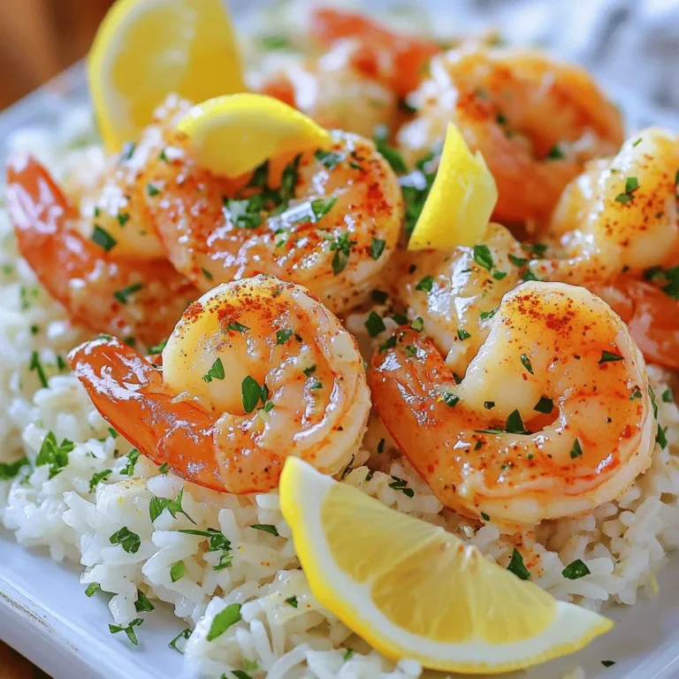 - 1 pound large shrimp, peeled and deveined - 4 tablespoons unsalted butter, divided - 4 cloves garlic, minced - 1 cup long-grain white rice - 2 cups chicken or vegetable broth The main ingredients in this dish are simple yet flavorful. Large shrimp make a great base. They cook quickly and absorb the garlic butter flavor well. Unsalted butter adds richness without being too salty. Fresh garlic gives the dish a strong, aromatic kick. Long-grain white rice serves as a perfect side, soaking up all the tasty juices. Using chicken or vegetable broth instead of water adds depth to the rice. - 1 teaspoon dried oregano - 1 teaspoon paprika - Salt and pepper to taste Seasonings elevate this dish from basic to bold. Dried oregano brings a hint of earthiness. Paprika adds a mild warmth and vibrant color. Salt and pepper enhance all the flavors, making each bite pop. Feel free to adjust these to suit your taste. - 2 tablespoons fresh parsley, chopped (plus more for garnish) - Lemon wedges Garnishes are the finishing touch. Fresh parsley adds a bright, herbal note and color contrast. Lemon wedges provide a zesty squeeze that brightens the dish. When you serve your garlic butter shrimp and rice, the garnishes make it look and taste even better. For the full recipe, check [Full Recipe]. - In a medium saucepan, combine 1 cup of long-grain white rice and 2 cups of chicken or vegetable broth. - Bring the mixture to a boil over medium-high heat. - Once boiling, reduce heat to low, cover, and let it simmer for 15-18 minutes. - When the rice is tender, fluff it with a fork. - Mix in half of the chopped parsley, 1 teaspoon of dried oregano, and lemon zest. - Season lightly with salt and pepper to taste and keep warm. - While the rice cooks, pat 1 pound of large shrimp dry with paper towels. - Lightly season the shrimp with salt, black pepper, and paprika. - Make sure they are evenly coated for great flavor. - In a large skillet, melt 2 tablespoons of unsalted butter over medium heat. - Once the butter is melted and bubbly, add 4 cloves of minced garlic. - Sauté the garlic for 1-2 minutes, stirring frequently. - Be careful not to burn the garlic; it should be fragrant and light golden. - Add the seasoned shrimp to the skillet. - Cook the shrimp for about 2-3 minutes on one side until they turn pink. - Flip the shrimp and cook for an additional 2 minutes. - Squeeze fresh lemon juice over the shrimp, stirring gently for flavor. - Let the shrimp cook for another minute to soak up the juice. Now, you have a warm, delicious dish ready to serve! If you want to see the full recipe, check the detailed instructions above. To make the best garlic butter shrimp, focus on two key points. First, avoid overcooking the shrimp. Overcooked shrimp can become tough and chewy. Aim for a cooking time of just 2-3 minutes per side. You want them to turn a lovely pink and be tender. Second, use fresh ingredients. Fresh shrimp and garlic make a big difference in flavor. If you can, buy shrimp that is still on ice. Freshness adds a sweet taste that frozen shrimp can lack. Want to spice things up? Add a pinch of red pepper flakes. This small touch can give the dish a nice kick without overwhelming it. You can also experiment with fresh herbs. Basil, cilantro, or dill can add new layers of flavor. Just chop them finely and mix them in at the end. This way, you keep the fresh taste and bright colors. For a complete meal, pair your garlic butter shrimp with steamed vegetables. Broccoli or green beans go well and add nutrition. A side of crusty bread is also a great choice. It can soak up all that delicious garlic butter sauce. Trust me, you’ll want to clean your plate! For the full recipe, check here: [Full Recipe]. {{image_4}} You can change the rice for this dish. Use jasmine or basmati rice for a fragrant twist. These rice types add a nice flavor and aroma. If you want a low-carb option, try cauliflower rice. It cooks fast and absorbs the garlic butter sauce well. Feel free to add more veggies for nutrition. Spinach or bell peppers work great. They add color and flavor. If you want more taste, throw in some cooked bacon or sausage. These meats give a nice smoky touch to the dish. If you need a gluten-free meal, swap the broth. Use a gluten-free broth to keep it safe. For a dairy-free option, choose dairy-free butter. This keeps the dish creamy without the dairy. These changes make the meal fit many diets. Check out the Full Recipe for more details. Store any leftover garlic butter shrimp and rice in an airtight container. This keeps the dish fresh. It’s best to eat the leftovers within 2-3 days. This way, you can enjoy the flavors at their peak. You can reheat garlic butter shrimp and rice in the microwave or on the stovetop. If using the microwave, place your portion in a bowl and cover it. Heat in short bursts, stirring in between. For stovetop reheating, add a splash of broth to a pan. This helps keep the dish moist. Stir and heat until warm. You can freeze garlic butter shrimp and rice for later. If you want the best quality, freeze the shrimp separately or combined with the rice. Use the dish within 2-3 months for the best taste. Remember to label your containers with the date to keep track. To make Garlic Butter Shrimp and Rice spicier, add red pepper flakes. Start with half a teaspoon. You can add more based on your taste. You can also mix in chopped fresh chili peppers. Another option is to use spicy paprika instead of regular paprika. Yes, you can use frozen shrimp. Run them under cold water for a few minutes. This helps to thaw them quickly. Pat them dry well before seasoning. This step helps the shrimp cook evenly. You can serve Garlic Butter Shrimp and Rice with many sides. Steamed broccoli or green beans are great choices. A fresh salad adds a nice crunch. You could also serve some crusty bread to soak up the sauce. Look for shrimp that turn pink and opaque. They should curl into a C shape. If they remain gray or translucent, they need more time. Cooked shrimp are firm to the touch, not soft. Yes, this recipe is great for meal prep. You can cook the shrimp and rice in advance. Store them in airtight containers in the fridge. Reheat them quickly in the microwave. Adding a splash of broth keeps the rice moist. Check the full recipe for more prep tips. Garlic Butter Shrimp and Rice is a tasty dish anyone can make. You learned about the main ingredients and seasonings that give it flavor. We shared step-by-step cooking tips to help you succeed. You can use different rice or add veggies for extra nutrition. Remember to store leftovers right and reheat them well. Whether for dinner or meal prep, this dish fits any occasion. Enjoy making this simple and delicious meal!
