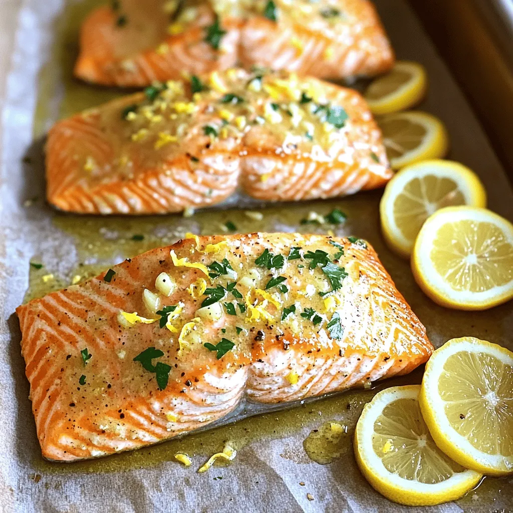 - 4 salmon fillets (skin-on or skinless, approximately 6 oz each) - 4 tablespoons unsalted butter - 4 cloves garlic, finely minced - 2 tablespoons freshly squeezed lemon juice - Zest of 1 lemon - 1 teaspoon dried thyme - 1 teaspoon smoked paprika - Sea salt and freshly cracked black pepper, to taste - Fresh parsley, finely chopped (for garnish) Gathering the right ingredients makes this recipe shine. Salmon fillets are the star. They are rich in flavor and healthy fats. Unsalted butter adds creaminess and depth. Garlic gives a strong, savory punch. Lemon juice and zest bring brightness. They balance the richness of the butter and salmon. Dried thyme and smoked paprika add warmth and complexity. These ingredients turn a simple dish into something special. For seasoning, use sea salt and black pepper. They enhance all the other flavors. Fresh parsley makes a beautiful garnish. It adds a pop of color and freshness. This recipe is not just tasty. It is also quick. You can whip it up in just 25 minutes. For the full recipe, check the details provided above. 1. Preheat your oven to 400°F (200°C). This high heat helps cook the salmon quickly. 2. Line a medium-sized baking sheet with parchment paper. This makes cleanup easy and helps prevent sticking. 1. In a small saucepan, melt 4 tablespoons of unsalted butter over medium heat. 2. Once the butter is melted, add 4 finely minced garlic cloves. Sauté for 1-2 minutes. Stir often to avoid browning the garlic. It should smell great, but not burn. 3. Remove the saucepan from heat. Stir in 2 tablespoons of freshly squeezed lemon juice and the zest of 1 lemon. 4. Add 1 teaspoon of dried thyme and 1 teaspoon of smoked paprika. Season with sea salt and freshly cracked black pepper. Mix well to combine all flavors. 1. Arrange 4 salmon fillets on the prepared baking sheet, skin-side down if they have skin. 2. Using a brush, coat each fillet generously with the lemon garlic butter mixture. Save some for drizzling later. 3. Place the baking sheet in the oven. Bake for 12-15 minutes. The salmon should flake easily with a fork when done. Cooking time may change based on fillet thickness. 4. After baking, drizzle the reserved lemon garlic butter over the salmon. Let it rest for a couple of minutes to enhance the flavor. 5. For a pretty finish, garnish with finely chopped parsley and serve with lemon slices. Squeezing the lemon adds a nice zing! For the full recipe, check out the detailed guide. The cook time for salmon can change based on a few things. - <strong>Thickness:</strong> Thicker fillets take longer to cook. – <strong>Temperature:</strong> The oven’s heat level affects the time. – <strong>Freshness:</strong> Fresh salmon cooks differently than frozen. To test if your salmon is done, gently poke it with a fork. If it flakes easily, it’s ready. If it’s still tough, give it a few more minutes. If you have leftover salmon, store it properly to keep it fresh. – <strong>Storage method:</strong> Place salmon in an airtight container. – <strong>Refrigeration:</strong> It lasts up to 3 days in the fridge. When you’re ready to eat it again, reheat it gently. Use the oven or a skillet. Avoid the microwave, as it can dry out the fish. You can boost the flavor of your salmon with some extras. – <strong>Herbs and spices:</strong> Try dill, basil, or red pepper flakes for a kick. – <strong>Pairing suggestions:</strong> Enjoy it with rice, quinoa, or a fresh salad. You can also squeeze some lemon juice on top for a zesty touch. This way, you can make your lemon garlic butter salmon even more delicious! For the complete recipe, check [Full Recipe]. {{image_4}} You can swap salmon for other fish. Try trout, cod, or tilapia. Each has its taste and texture. Adjust cooking times based on thickness. Thinner fish may cook faster, so watch closely. Aim for that flakiness we love in salmon. Pair your fish with sides that shine. Roasted veggies add color and crunch. Think asparagus, broccoli, or carrots. They bring out the lemon flavor too. For a fresh twist, serve with a salad. A simple green salad works well. Add some cherry tomatoes and cucumbers for freshness. Feel free to get creative with the sauce! Add capers for a briny kick. A splash of soy sauce can give it an Asian flair. If you want creaminess, mix in some sour cream or Greek yogurt. For a spicy kick, add red pepper flakes or hot sauce. The options are endless! Each serving of lemon garlic butter salmon has about 350 calories. It has a good mix of protein, fat, and carbs. Here’s the breakdown: – <strong>Calories</strong>: 350 – <strong>Protein</strong>: 34g – <strong>Fat</strong>: 22g – <strong>Carbohydrates</strong>: 2g Salmon is packed with vitamins and minerals. It has vitamin B12, selenium, and omega-3 fatty acids. These nutrients help your body work well and stay healthy. Salmon is a star in this dish. Here’s why: – <strong>Omega-3 Fatty Acids</strong>: These fats help your heart and brain. – <strong>Protein</strong>: Salmon gives you strong muscles and energy. Garlic and lemon also shine in this recipe: – <strong>Garlic</strong>: It may lower blood pressure and boost your immunity. – <strong>Lemon</strong>: This fruit is high in vitamin C, which helps your skin and boosts your immune system. This dish is perfect for many diets. It is low-carb and gluten-free. – <strong>Low-Carb</strong>: With only 2g of carbs, it works well for keto diets. – <strong>Gluten-Free</strong>: There are no gluten ingredients, making it safe for those with gluten allergies. You can enjoy lemon garlic butter salmon whether you’re on a special diet or just want a healthy meal. You can tell if salmon is cooked by looking at its color and texture. Cooked salmon turns from bright pink to a pale, opaque color. It should also flake easily when you poke it with a fork. If it breaks apart easily, it is ready to eat. Always check the thickest part of the fillet for doneness. Yes, you can prepare this dish ahead of time. Cook the salmon and let it cool. Store it in an airtight container in the fridge for up to two days. To reheat, place the salmon on a baking sheet and warm it in the oven at 350°F (175°C) for about 10 minutes. This keeps the salmon moist and tasty. If you want a dairy-free option, you can use olive oil or coconut oil. These oils add good flavor and keep the dish rich. For a vegan choice, try using vegan butter. Each option will change the taste slightly, but they work well. Serve the salmon on a nice plate for a pretty look. You can add fresh parsley on top for color. Lemon slices on the side brighten the dish and add flavor. Pair it with green veggies or rice for a complete meal that looks great. For the full recipe and more details, check out the [Full Recipe]. In this article, we explored how to make Lemon Garlic Butter Salmon from start to finish. We covered key ingredients like salmon fillets, butter, and garlic, plus flavor enhancers such as lemon juice and thyme. You learned step-by-step how to prepare, cook, and store your dish. With tips on variations and health benefits, you can personalize your meal. Don’t shy away from adding your twist. Enjoy the cooking process and savor the results. Your culinary skills will shine with this easy recipe!” /></p>
</p>
<h2>Variations</h2>
</p>
<h3>Alternative Fish Choices</h3>
<p>You can swap salmon for other fish. Try trout, cod, or tilapia. Each has its taste and texture. Adjust cooking times based on thickness. Thinner fish may cook faster, so watch closely. Aim for that flakiness we love in salmon.</p>
</p>
<h3>Serving Suggestions</h3>
<p>Pair your fish with sides that shine. Roasted veggies add color and crunch. Think asparagus, broccoli, or carrots. They bring out the lemon flavor too. For a fresh twist, serve with a salad. A simple green salad works well. Add some cherry tomatoes and cucumbers for freshness.</p>
</p>
<h3>Sauce Variations</h3>
<p>Feel free to get creative with the sauce! Add capers for a briny kick. A splash of soy sauce can give it an Asian flair. If you want creaminess, mix in some sour cream or Greek yogurt. For a spicy kick, add red pepper flakes or hot sauce. The options are endless!</p>
</p>
<h2>Nutrition Information</h2>
</p>
<h3>Nutritional Breakdown per Serving</h3>
</p>
<p>Each serving of lemon garlic butter salmon has about 350 calories. It has a good mix of protein, fat, and carbs. Here’s the breakdown:</p>
</p>
<p>– <strong>Calories</strong>: 350</p>
<p>– <strong>Protein</strong>: 34g</p>
<p>– <strong>Fat</strong>: 22g</p>
<p>– <strong>Carbohydrates</strong>: 2g</p>
</p>
<p>Salmon is packed with vitamins and minerals. It has vitamin B12, selenium, and omega-3 fatty acids. These nutrients help your body work well and stay healthy.</p>
</p>
<h3>Health Benefits of Key Ingredients</h3>
</p>
<p>Salmon is a star in this dish. Here’s why:</p>
</p>
<p>– <strong>Omega-3 Fatty Acids</strong>: These fats help your heart and brain.</p>
<p>– <strong>Protein</strong>: Salmon gives you strong muscles and energy.</p>
</p>
<p>Garlic and lemon also shine in this recipe:</p>
</p>
<p>– <strong>Garlic</strong>: It may lower blood pressure and boost your immunity.</p>
<p>– <strong>Lemon</strong>: This fruit is high in vitamin C, which helps your skin and boosts your immune system.</p>
</p>
<h3>Dietary Considerations</h3>
</p>
<p>This dish is perfect for many diets. It is low-carb and gluten-free.</p>
</p>
<p>– <strong>Low-Carb</strong>: With only 2g of carbs, it works well for keto diets.</p>
<p>– <strong>Gluten-Free</strong>: There are no gluten ingredients, making it safe for those with gluten allergies.</p>
</p>
<p>You can enjoy lemon garlic butter salmon whether you’re on a special diet or just want a healthy meal.</p>
</p>
<h2>FAQs</h2>
</p>
<h3>How do I know when the salmon is cooked?</h3>
<p>You can tell if salmon is cooked by looking at its color and texture. Cooked salmon turns from bright pink to a pale, opaque color. It should also flake easily when you poke it with a fork. If it breaks apart easily, it is ready to eat. Always check the thickest part of the fillet for doneness.</p>
</p>
<h3>Can I make this recipe ahead of time?</h3>
<p>Yes, you can prepare this dish ahead of time. Cook the salmon and let it cool. Store it in an airtight container in the fridge for up to two days. To reheat, place the salmon on a baking sheet and warm it in the oven at 350°F (175°C) for about 10 minutes. This keeps the salmon moist and tasty.</p>
</p>
<h3>What can I use instead of butter?</h3>
<p>If you want a dairy-free option, you can use olive oil or coconut oil. These oils add good flavor and keep the dish rich. For a vegan choice, try using vegan butter. Each option will change the taste slightly, but they work well.</p>
</p>
<h3>How should I serve Lemon Garlic Butter Salmon?</h3>
<p>Serve the salmon on a nice plate for a pretty look. You can add fresh parsley on top for color. Lemon slices on the side brighten the dish and add flavor. Pair it with green veggies or rice for a complete meal that looks great.</p>
</p>
<h3>Full Recipe Link</h3>
<p>For the full recipe and more details, check out the [Full Recipe].</p>
</p>
<p>In this article, we explored how to make Lemon Garlic Butter Salmon from start to finish. We covered key ingredients like salmon fillets, butter, and garlic, plus flavor enhancers such as lemon juice and thyme. You learned step-by-step how to prepare, cook, and store your dish. With tips on variations and health benefits, you can personalize your meal. Don’t shy away from adding your twist. Enjoy the cooking process and savor the results. Your culinary skills will shine with this easy recipe!</p>
<div id=