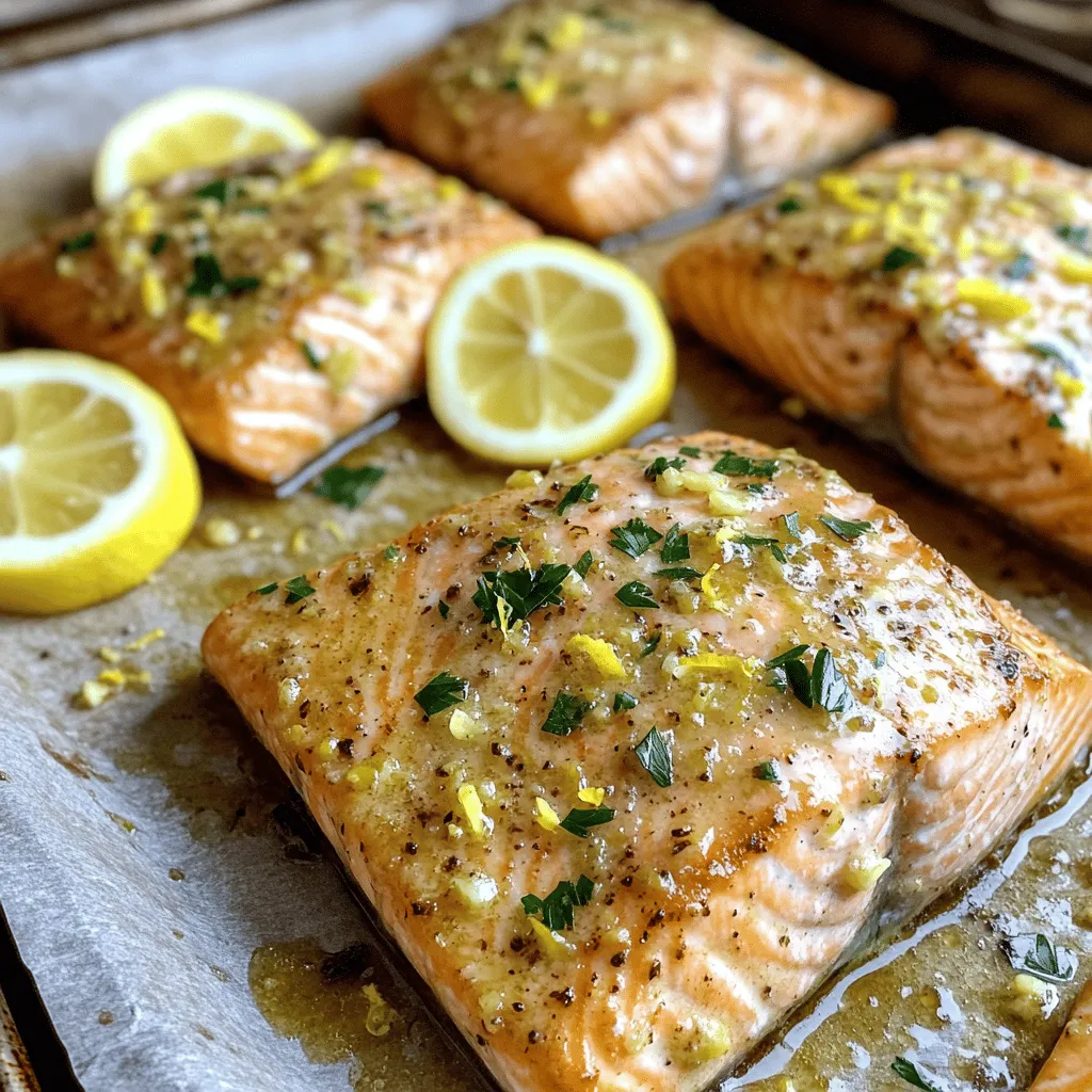 - 4 salmon fillets (skin-on or skinless, approximately 6 oz each) - 4 tablespoons unsalted butter - 4 cloves garlic, finely minced - 2 tablespoons freshly squeezed lemon juice - Zest of 1 lemon - 1 teaspoon dried thyme - 1 teaspoon smoked paprika - Sea salt and freshly cracked black pepper, to taste - Fresh parsley, finely chopped (for garnish) Gathering the right ingredients makes this recipe shine. Salmon fillets are the star. They are rich in flavor and healthy fats. Unsalted butter adds creaminess and depth. Garlic gives a strong, savory punch. Lemon juice and zest bring brightness. They balance the richness of the butter and salmon. Dried thyme and smoked paprika add warmth and complexity. These ingredients turn a simple dish into something special. For seasoning, use sea salt and black pepper. They enhance all the other flavors. Fresh parsley makes a beautiful garnish. It adds a pop of color and freshness. This recipe is not just tasty. It is also quick. You can whip it up in just 25 minutes. For the full recipe, check the details provided above. 1. Preheat your oven to 400°F (200°C). This high heat helps cook the salmon quickly. 2. Line a medium-sized baking sheet with parchment paper. This makes cleanup easy and helps prevent sticking. 1. In a small saucepan, melt 4 tablespoons of unsalted butter over medium heat. 2. Once the butter is melted, add 4 finely minced garlic cloves. Sauté for 1-2 minutes. Stir often to avoid browning the garlic. It should smell great, but not burn. 3. Remove the saucepan from heat. Stir in 2 tablespoons of freshly squeezed lemon juice and the zest of 1 lemon. 4. Add 1 teaspoon of dried thyme and 1 teaspoon of smoked paprika. Season with sea salt and freshly cracked black pepper. Mix well to combine all flavors. 1. Arrange 4 salmon fillets on the prepared baking sheet, skin-side down if they have skin. 2. Using a brush, coat each fillet generously with the lemon garlic butter mixture. Save some for drizzling later. 3. Place the baking sheet in the oven. Bake for 12-15 minutes. The salmon should flake easily with a fork when done. Cooking time may change based on fillet thickness. 4. After baking, drizzle the reserved lemon garlic butter over the salmon. Let it rest for a couple of minutes to enhance the flavor. 5. For a pretty finish, garnish with finely chopped parsley and serve with lemon slices. Squeezing the lemon adds a nice zing! For the full recipe, check out the detailed guide. The cook time for salmon can change based on a few things. - Thickness: Thicker fillets take longer to cook. - Temperature: The oven's heat level affects the time. - Freshness: Fresh salmon cooks differently than frozen. To test if your salmon is done, gently poke it with a fork. If it flakes easily, it's ready. If it’s still tough, give it a few more minutes. If you have leftover salmon, store it properly to keep it fresh. - Storage method: Place salmon in an airtight container. - Refrigeration: It lasts up to 3 days in the fridge. When you're ready to eat it again, reheat it gently. Use the oven or a skillet. Avoid the microwave, as it can dry out the fish. You can boost the flavor of your salmon with some extras. - Herbs and spices: Try dill, basil, or red pepper flakes for a kick. - Pairing suggestions: Enjoy it with rice, quinoa, or a fresh salad. You can also squeeze some lemon juice on top for a zesty touch. This way, you can make your lemon garlic butter salmon even more delicious! For the complete recipe, check [Full Recipe]. {{image_4}} You can swap salmon for other fish. Try trout, cod, or tilapia. Each has its taste and texture. Adjust cooking times based on thickness. Thinner fish may cook faster, so watch closely. Aim for that flakiness we love in salmon. Pair your fish with sides that shine. Roasted veggies add color and crunch. Think asparagus, broccoli, or carrots. They bring out the lemon flavor too. For a fresh twist, serve with a salad. A simple green salad works well. Add some cherry tomatoes and cucumbers for freshness. Feel free to get creative with the sauce! Add capers for a briny kick. A splash of soy sauce can give it an Asian flair. If you want creaminess, mix in some sour cream or Greek yogurt. For a spicy kick, add red pepper flakes or hot sauce. The options are endless! Each serving of lemon garlic butter salmon has about 350 calories. It has a good mix of protein, fat, and carbs. Here’s the breakdown: - Calories: 350 - Protein: 34g - Fat: 22g - Carbohydrates: 2g Salmon is packed with vitamins and minerals. It has vitamin B12, selenium, and omega-3 fatty acids. These nutrients help your body work well and stay healthy. Salmon is a star in this dish. Here’s why: - Omega-3 Fatty Acids: These fats help your heart and brain. - Protein: Salmon gives you strong muscles and energy. Garlic and lemon also shine in this recipe: - Garlic: It may lower blood pressure and boost your immunity. - Lemon: This fruit is high in vitamin C, which helps your skin and boosts your immune system. This dish is perfect for many diets. It is low-carb and gluten-free. - Low-Carb: With only 2g of carbs, it works well for keto diets. - Gluten-Free: There are no gluten ingredients, making it safe for those with gluten allergies. You can enjoy lemon garlic butter salmon whether you’re on a special diet or just want a healthy meal. You can tell if salmon is cooked by looking at its color and texture. Cooked salmon turns from bright pink to a pale, opaque color. It should also flake easily when you poke it with a fork. If it breaks apart easily, it is ready to eat. Always check the thickest part of the fillet for doneness. Yes, you can prepare this dish ahead of time. Cook the salmon and let it cool. Store it in an airtight container in the fridge for up to two days. To reheat, place the salmon on a baking sheet and warm it in the oven at 350°F (175°C) for about 10 minutes. This keeps the salmon moist and tasty. If you want a dairy-free option, you can use olive oil or coconut oil. These oils add good flavor and keep the dish rich. For a vegan choice, try using vegan butter. Each option will change the taste slightly, but they work well. Serve the salmon on a nice plate for a pretty look. You can add fresh parsley on top for color. Lemon slices on the side brighten the dish and add flavor. Pair it with green veggies or rice for a complete meal that looks great. For the full recipe and more details, check out the [Full Recipe]. In this article, we explored how to make Lemon Garlic Butter Salmon from start to finish. We covered key ingredients like salmon fillets, butter, and garlic, plus flavor enhancers such as lemon juice and thyme. You learned step-by-step how to prepare, cook, and store your dish. With tips on variations and health benefits, you can personalize your meal. Don't shy away from adding your twist. Enjoy the cooking process and savor the results. Your culinary skills will shine with this easy recipe!