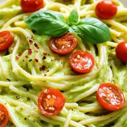 - 2 ripe avocados - 12 oz spaghetti or preferred pasta - 2 cloves garlic - 1/4 cup fresh basil leaves - 1/4 cup grated Parmesan cheese or vegan nutritional yeast - 2 tablespoons freshly squeezed lemon juice - Cherry tomatoes, halved - Crushed red pepper flakes (optional) This creamy avocado pasta is simple and quick to make. You only need a few fresh ingredients for a delicious meal. The main stars are ripe avocados, which give the sauce its smooth and rich texture. The garlic adds a nice kick while the basil brings a fresh taste. When I make this dish, I love to use spaghetti, but you can choose any pasta you like. The Parmesan cheese or nutritional yeast offers a touch of umami flavor. The lemon juice brightens the dish and balances the creaminess. For the garnish, cherry tomatoes add color and sweetness. If you want a little heat, sprinkle some crushed red pepper flakes on top. This recipe is perfect for a quick weeknight dinner or a special gathering. For the full recipe, check the details above. - Bring a large pot of water to a rolling boil and season it with salt. - Add the spaghetti and cook until it is al dente, as per the package instructions. - Before draining, remember to reserve 1 cup of pasta water for later use. - Drain the pasta and set it aside to cool slightly. - In a food processor, combine the halved avocados, minced garlic, basil leaves, Parmesan cheese, lemon juice, and olive oil. - Blend the mixture on high speed until it becomes smooth and creamy. - If the sauce seems too thick, blend in a splash of the reserved pasta water until you reach your desired consistency. - In a large mixing bowl, add the cooked pasta and pour in the creamy avocado sauce. - Toss gently to coat the pasta evenly with the sauce. - Season with salt and freshly ground black pepper to taste. - If needed, add more reserved pasta water to adjust the sauce's thickness. - Serve the creamy avocado pasta in bowls and garnish with halved cherry tomatoes. - For extra flavor, sprinkle crushed red pepper flakes on top if desired. For the full recipe, check out the earlier section. Enjoy your creamy avocado pasta! How to adjust thickness If your avocado sauce is too thick, don't worry! You can easily fix this. Just add a splash of the reserved pasta water. Blend it again until it reaches your desired creaminess. You want a smooth, velvety sauce that clings to your pasta perfectly. Storing unused avocado sauce If you have extra sauce, store it in an airtight container. To keep it fresh, press a piece of plastic wrap directly onto the sauce's surface. This helps prevent browning. Use it within a day or two for the best taste. Tips for perfect al dente pasta For perfect pasta, use a large pot of water. The more water, the better! Add plenty of salt. It helps flavor the pasta. Cook according to the package instructions, but taste a minute or two early. You want it tender but with a slight bite. Importance of reserving pasta water Always save some pasta water! This starchy water is a secret weapon. You can use it to adjust your sauce later. It helps the sauce stick to the pasta. Adding a little can make a big difference. Best accompaniments Creamy avocado pasta pairs well with light dishes. Try a fresh salad or grilled vegetables. These options balance the creamy sauce nicely. You can also add some grilled chicken or shrimp if you like protein. Ideal pairings for sides or appetizers For sides, consider garlic bread or a simple bruschetta. Both add flavor and texture. For appetizers, serve with a light soup, like tomato basil. These choices create a well-rounded meal that everyone will love. {{image_4}} To make this dish vegan, swap out the Parmesan cheese. Use nutritional yeast instead. This change keeps the creamy taste while adding a cheesy flavor. Nutritional yeast is rich in vitamins too, making it a healthy choice. Want to boost your meal? Add some protein! Grilled chicken, shrimp, or chickpeas work well. These additions make the dish heartier and more filling. You can also try adding cooked lentils for a plant-based option. Herbs and spices can elevate the flavor of your creamy avocado pasta. Fresh herbs like parsley or cilantro add brightness. A squeeze of lime juice can enhance the taste too. For a kick, try adding red pepper flakes or smoked paprika. These simple twists can make your dish exciting and delicious. To store leftover creamy avocado pasta, place it in an airtight container. Make sure to cool the pasta first. This helps keep it fresh. In the fridge, it lasts for about 2-3 days. If the pasta looks brown, that means the avocado oxidized. It’s still safe to eat, but the color may not be appealing. You can mix in a little lemon juice to help keep the green color. Can you freeze avocado pasta? While you can freeze it, I don’t recommend it. Avocados change texture when frozen. When you thaw it, the sauce may become watery and grainy. If you want to freeze it, store only the sauce in a container. You can freeze it for up to a month. When ready to eat, thaw and mix with freshly cooked pasta. For reheating, use the stovetop or microwave. If using the stovetop, add a splash of water or olive oil in a pan. Heat on low and stir gently until warm. This helps keep the sauce smooth. If using the microwave, place it in a bowl. Use a cover to prevent splatters. Heat in 30-second bursts, stirring in between. Avoid overheating to keep the taste fresh. Creamy avocado pasta lasts about 2 to 3 days in the fridge. Store it in an airtight container for best results. The sauce may darken over time due to the avocado, but it’s still safe to eat. To keep it fresh, you can squeeze extra lemon juice on top before sealing the container. Yes, you can use many types of pasta! Gluten-free pasta, whole wheat pasta, or even spiralized veggies like zucchini work well. Just cook them as per the package instructions. Each type will bring its own texture and flavor to the dish. If you don’t have avocados, you can use silken tofu or cashews for a similar creaminess. Blend them with garlic and lemon juice to create a smooth sauce. Cooked and pureed cauliflower is another great option. It adds creaminess without a strong flavor. This avocado pasta is simple and quick to make. You start with fresh ingredients like ripe avocados and garlic. Blend them to create a creamy sauce. Toss with al dente pasta, and you’re done! Keep these tips in mind for perfect results. Adjust the sauce thickness and store leftovers properly. You can try different variations, like adding proteins or swapping cheese. Overall, this dish is versatile, tasty, and healthy, making it a must-try for anyone who loves quick meals. Enjoy your delicious creation!