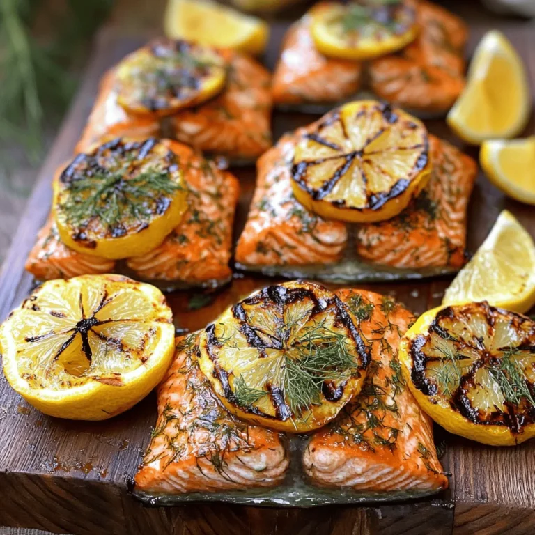 When making Lemon Dill Grilled Salmon, you need fresh and simple ingredients. Here’s what to gather: - Salmon fillets (4, 6 oz each) - Fresh dill (3 tablespoons, finely chopped) - Lemons (2: 1 for juice, 1 for slices) - Extra virgin olive oil (3 tablespoons) - Garlic cloves (2, finely minced) - Salt and black pepper (to taste) - Optional garnishes (lemon wedges) These ingredients blend well to create a bright and tasty dish. The salmon is rich and flaky, while the lemon and dill add freshness. Fresh dill gives a unique taste that brightens the whole meal. When you pick your salmon, look for fillets that are firm and moist. The lemons should smell fresh and bright, ready to add zest to your dish. For the best results, use high-quality olive oil. It enhances the flavors and makes the dish feel special. Minced garlic adds depth, making the marinade fragrant. You can use more or less salt and pepper based on your taste. This Lemon Dill Grilled Salmon is simple yet impressive. Explore the [Full Recipe] for detailed steps to cook this delightful dish! First, make the marinade. In a small bowl, combine: - 3 tablespoons extra virgin olive oil - Juice of 1 lemon - 2 finely minced garlic cloves - 3 tablespoons fresh dill, finely chopped - Salt and freshly ground black pepper, to taste Whisk everything together until well-blended. This mix is key to a flavorful salmon. Next, take 4 salmon fillets and place them skin-side down in a shallow dish. Pour the marinade over the fillets. Make sure each piece is coated well. Cover it or seal it in a bag. Refrigerate for at least 30 minutes. This lets the flavors soak in. Now, it’s time to heat the grill. Preheat it to medium-high heat, around 400°F (200°C). This high heat is crucial for getting that nice char on the salmon. After marinating, take the salmon out of the fridge. Let any extra marinade drip off. Discard the leftover marinade safely. Gently place the salmon fillets, skin-side down, on the grill grates. Close the lid and grill for about 5-7 minutes. The time will vary based on how thick your fillets are. Then, using a spatula, flip the salmon over and grill it for 4-6 more minutes. It’s done when the salmon flakes easily with a fork. For a fun twist, add lemon slices to the grill in the last minute. Charring them adds great flavor for garnish. Once cooked, take the salmon off the grill. Let it rest for a couple of minutes on a plate. This helps the juices stay in the fish. Serve the grilled salmon with charred lemon slices and a sprinkle of fresh dill. You can add lemon wedges on the side for an extra burst of flavor. Enjoy this simple and tasty dish! For the complete guide, check out the Full Recipe. Grilling salmon can be easy if you know a few key points. The time it takes to cook your salmon depends on two main factors: thickness and grill type. Thicker fillets take longer to cook, while thinner ones cook faster. A regular gas grill heats evenly, while a charcoal grill may have hot spots. Always check the salmon at the thickest part. Aim for 145°F for safe eating. This ensures your fish is juicy and tender. Want to kick up the flavor? You can add more herbs or spices to the marinade. Try fresh parsley, thyme, or even a pinch of red pepper flakes for some heat. Garlic powder or onion powder can add depth too. Mix and match to find your favorite combination. Just remember, keep it simple. You want the lemon and dill to shine through. How you serve your salmon matters. A pretty plate makes a meal feel special. Arrange the salmon fillets on a colorful platter. Place the charred lemon slices on top. Add extra sprigs of dill around the plate for a pop of green. This not only looks good but also enhances the flavor. Making food look great can make it taste even better. For the complete guide, check the Full Recipe. {{image_4}} You can switch up the flavors in your lemon dill grilled salmon with some fun twists. - Honey mustard variation: Mix in two tablespoons of honey mustard for a sweet and tangy kick. This adds a nice glaze to the salmon. - Spicy sriracha twist: If you want heat, stir in a tablespoon of sriracha. It gives a bold flavor and pairs well with the citrus. Not everyone has a grill, and that's okay! You can still enjoy this dish in other ways. - Oven baking instructions: Preheat your oven to 400°F (200°C). Place the marinated salmon on a baking sheet lined with parchment paper. Bake for about 12-15 minutes, or until the salmon flakes easily. - Pan-searing options: Heat a non-stick skillet over medium-high heat. Cook the salmon skin-side down for about 6 minutes. Flip and cook for another 4-5 minutes until done. You’ll want to pair your grilled salmon with something fresh and tasty. - Ideal side dishes: Salads with mixed greens and cherry tomatoes work great. Roasted vegetables, like asparagus or carrots, also make a perfect match. These sides add color and nutrition to your meal. For the full recipe, check out [Full Recipe]. To store your leftover Lemon Dill Grilled Salmon, place it in an airtight container. This keeps the fish fresh and tasty. You can also wrap it tightly in plastic wrap. If you want to freeze it, wrap each fillet in foil before placing it in a freezer bag. This extra layer prevents freezer burn while keeping the flavor intact. When reheating salmon, your goal is to keep it moist and flavorful. The best way is to use an oven. Preheat it to 275°F (135°C). Place the salmon on a baking sheet and cover it with foil. Heat it for about 15 minutes or until warm. You can also use a microwave. Just heat it in short bursts, so it doesn’t dry out. Lemon Dill Grilled Salmon stays fresh in the fridge for about 3 days. If frozen, it can last up to 3 months. Be sure to check for any off smells or changes in texture before eating. Always trust your senses; if it seems off, it’s better to throw it out. For the full recipe, check the earlier sections. You can tell if salmon is done by checking a few signs. First, look for flakiness. The salmon should gently pull apart with a fork. Second, check the internal temperature. It should reach 145°F (63°C). When it's fully cooked, the flesh will turn from translucent to opaque. Yes, you can use frozen salmon. Just make sure to thaw it before cooking. The best way is to put it in the fridge overnight. If you're short on time, you can place it in cold water for about an hour. After thawing, marinate it as usual. This helps to keep the flavors locked in. If you don't have dill, there are good substitutes. You can use parsley for a fresh taste. Thyme and tarragon also work well with salmon. Each herb brings its own flavor, so feel free to experiment. Just remember to adjust the amount to suit your taste. In this post, we covered key steps for grilling delicious salmon. We explored the ingredients, marinating, and grilling tips to ensure a perfect meal. I also shared creative variations and storage methods for leftovers. Remember, grilling salmon is fun and easy. You can impress your family or guests with these simple techniques. Enjoy experimenting with flavors and serving ideas. With these tips, you’ll create tasty dishes every time. Happy cooking!