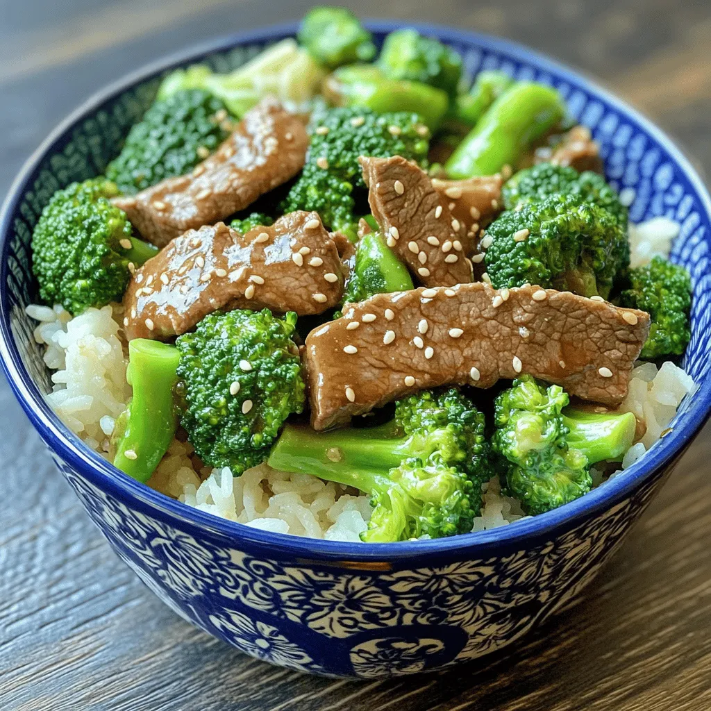 - 1 pound beef sirloin, thinly sliced against the grain - 3 cups broccoli florets - 3 cloves garlic, minced - 1 tablespoon fresh ginger, minced - 1/4 cup soy sauce (use low sodium if desired) - 2 tablespoons oyster sauce - 1 tablespoon sesame oil - 1 tablespoon brown sugar - Salt and pepper, to taste - Toasted sesame seeds, for garnish - Cooked rice, for serving (preferably jasmine or basmati) Gathering fresh and quality ingredients is key. For the beef, choose sirloin. It has a nice flavor and cooks well in stir-fries. Slice it thinly against the grain. This helps keep the beef tender. Next, get vibrant broccoli florets. They add color and crunch to the dish. Don't forget the garlic and ginger. They give the stir-fry a warm, zesty kick. For the sauces, soy sauce and oyster sauce bring that umami taste. I like to use low-sodium soy sauce for a healthier touch. Sesame oil adds a nutty flavor, while brown sugar balances the dish. Adjust salt and pepper to taste, so it suits your preference. Finally, toasted sesame seeds make a great garnish. They add a nice crunch when you serve the dish over warm rice. This combination of fresh ingredients creates a tasty meal that comes together quickly. You can find the full recipe at the end of this article. To start, you need to get the beef ready. Take one pound of beef sirloin and slice it thinly. This way, it cooks fast and stays tender. In a bowl, mix the beef with one tablespoon of cornstarch and a splash of soy sauce. Add a pinch of salt and pepper. Let it sit for 15 minutes. Marinating makes the beef tasty and tender. Now, heat a skillet over medium-high heat. Add one tablespoon of vegetable oil. When the oil is hot, add the marinated beef in a single layer. Stir-fry it for 2-3 minutes until the beef is brown. This gives it a nice crust. Don’t crowd the pan; you want each piece to get that great color. Once cooked, set the beef aside on a plate. In the same skillet, add another tablespoon of vegetable oil. Once heated, toss in three minced garlic cloves and one tablespoon of minced ginger. Stir these for about 30 seconds. You want them to smell amazing, but don’t let them burn. Next, add three cups of broccoli florets. Stir-fry them for 3-4 minutes. You want the broccoli to be bright green and still a bit crunchy. Now it's time to bring everything together. Add the beef back into the skillet. Pour in the oyster sauce, one tablespoon of sesame oil, and one tablespoon of brown sugar. Mix well and cook for another 2 minutes. This lets the flavors blend. Taste your stir-fry and adjust the seasoning if you need to. Add more salt or pepper to make it just right. For the <strong>Full Recipe</strong>, check the detailed ingredients and instructions. To make your beef and broccoli stir-fry shine, start with high-quality ingredients. Fresh broccoli and tender beef make a big difference. Look for beef sirloin with a nice marbling. This adds taste and keeps it juicy. For sauces, I recommend brands like Kikkoman for soy sauce and Lee Kum Kee for oyster sauce. They provide rich flavor and depth. The right skillet temperature is key for stir-frying. Heat your skillet on medium-high. When it’s hot, add your oil. You can test the heat by dropping a small piece of beef. If it sizzles, you’re ready to go. Stirring is just as important. Use a spatula to toss the beef and broccoli often. This ensures even cooking and prevents burning. Serve your beef and broccoli stir-fry over jasmine or basmati rice. Both types of rice complement the dish well. For plating, use a large bowl. Start with a generous bed of rice. Then, add the stir-fry on top. Garnish with toasted sesame seeds and a sprinkle of green onions. This makes your meal look great and taste even better. {{image_4}} You can switch the beef for chicken or shrimp. If using chicken, choose boneless thighs or breasts. Slice them thinly and cook just like the beef. For shrimp, peel and devein them. Add them to the skillet for a quick cook until they turn pink. If you want a vegetarian option, use tofu. Firm tofu is best. Cut it into cubes and press it to remove extra water. Sauté it in the skillet until golden. This adds a nice texture and absorbs all the flavors. You can add more veggies to boost nutrition. Bell peppers add color. They cook quickly and taste sweet. Slice them thin and toss them in with the broccoli. Carrots are another great choice. Cut them into matchsticks or thin rounds for even cooking. Seasonal vegetables work well too. In spring, snap peas are great. In winter, you can add bok choy or cabbage. Just remember to adjust cooking times based on the veggies you choose. To spice things up, add chili flakes or fresh chili. This gives your dish a nice kick. Start small and add more to taste. You can also try different sauces. For a twist, use teriyaki sauce instead of oyster sauce or add hoisin for a sweet touch. Each change can create a new flavor profile that keeps things exciting. For the full recipe, check out the Savory Beef and Broccoli Stir-Fry above. To keep your beef and broccoli stir-fry fresh, store leftovers in an airtight container. Make sure the dish cools to room temperature before sealing it. This prevents moisture build-up, which can lead to soggy food. Properly stored, your stir-fry lasts about 3 to 4 days in the fridge. Always check for any off smells or changes in texture before eating. If you want to save your stir-fry for later, freezing is a great option. Start by letting it cool completely. Then, transfer it to a freezer-safe container or bag. Remove as much air as possible to prevent freezer burn. The stir-fry can last up to 3 months in the freezer. When you’re ready to eat, thaw it overnight in the fridge. For reheating, use a skillet over medium heat. Add a splash of water or broth to keep it moist. Stir it often until heated through. This method keeps the beef tender and the broccoli bright. For a quicker method, you can also microwave it in short intervals, stirring in between. Enjoy your tasty meal anytime! You can enjoy beef and broccoli stir-fry with a few great sides. Here are my favorites: – <strong>Steamed rice</strong>: Jasmine or basmati rice works best. – <strong>Noodles</strong>: Try rice noodles or whole wheat noodles for a twist. – <strong>Spring rolls</strong>: These add crunch and flavor to your meal. – <strong>Salad</strong>: A simple green salad pairs nicely and adds freshness. These sides enhance the dish and make your meal feel complete. Yes, you can prepare this dish ahead. Here are some tips: – <strong>Marinate the beef</strong>: Do this a few hours before cooking. It makes the beef tender and tasty. – <strong>Cook and cool</strong>: You can stir-fry the beef and broccoli, then let it cool. Store it in the fridge in an airtight container. – <strong>Reheat</strong>: Warm it in a skillet over low heat. Add a splash of water or broth to prevent drying out. Preparing in advance makes weeknight dinners quick and easy. Making beef and broccoli stir-fry gluten-free is simple. Here’s how: – <strong>Soy sauce</strong>: Use tamari instead of regular soy sauce. Tamari is a gluten-free option. – <strong>Oyster sauce</strong>: Look for a gluten-free version. There are many brands available now. – <strong>Cornstarch</strong>: This is naturally gluten-free and helps thicken your sauce. These swaps let you enjoy the dish without gluten. The stir-fry is not spicy by default. You can adjust the heat to your taste: – <strong>Add chili flakes</strong>: Sprinkle some into the stir-fry for a bit of heat. – <strong>Hot sauce</strong>: Drizzle your favorite hot sauce over the dish when serving. – <strong>Fresh peppers</strong>: Slice fresh chili peppers and stir them in while cooking. These options let you customize the spice level to your liking. Yes, frozen broccoli is a good option. Here are some best practices: – <strong>Thaw first</strong>: Let it thaw in the fridge overnight or quickly in the microwave. – <strong>Cook briefly</strong>: Add it to the skillet for a shorter time. This keeps it crisp. – <strong>Check texture</strong>: Make sure it remains bright green and firm. Using frozen vegetables can save time and reduce waste. In this blog post, we explored how to make a savory beef and broccoli stir-fry. We discussed the fresh ingredients needed, including beef sirloin and broccoli. We covered marination tips to ensure flavorful beef. You learned cooking techniques for perfect texture and how to combine ingredients for a tasty dish. Don’t forget variations and storage tips to keep your meals fresh. Stir-frying is not just easy; it can delight your taste buds. Enjoy experimenting and make this meal your own!” /></p>
</p>
<h2>Variations</h2>
</p>
<h3>Protein Alternatives</h3>
<p>You can switch the beef for chicken or shrimp. If using chicken, choose boneless thighs or breasts. Slice them thinly and cook just like the beef. For shrimp, peel and devein them. Add them to the skillet for a quick cook until they turn pink.</p>
</p>
<p>If you want a vegetarian option, use tofu. Firm tofu is best. Cut it into cubes and press it to remove extra water. Sauté it in the skillet until golden. This adds a nice texture and absorbs all the flavors.</p>
</p>
<h3>Additional Vegetables</h3>
<p>You can add more veggies to boost nutrition. Bell peppers add color. They cook quickly and taste sweet. Slice them thin and toss them in with the broccoli. Carrots are another great choice. Cut them into matchsticks or thin rounds for even cooking.</p>
</p>
<p>Seasonal vegetables work well too. In spring, snap peas are great. In winter, you can add bok choy or cabbage. Just remember to adjust cooking times based on the veggies you choose.</p>
</p>
<h3>Flavor Additions</h3>
<p>To spice things up, add chili flakes or fresh chili. This gives your dish a nice kick. Start small and add more to taste. You can also try different sauces. For a twist, use teriyaki sauce instead of oyster sauce or add hoisin for a sweet touch. Each change can create a new flavor profile that keeps things exciting.</p>
</p>
<p>For the full recipe, check out the Savory Beef and Broccoli Stir-Fry above.</p>
</p>
<h2>Storage Info</h2>
</p>
<h3>Refrigeration Guidelines</h3>
<p>To keep your beef and broccoli stir-fry fresh, store leftovers in an airtight container. Make sure the dish cools to room temperature before sealing it. This prevents moisture build-up, which can lead to soggy food. Properly stored, your stir-fry lasts about 3 to 4 days in the fridge. Always check for any off smells or changes in texture before eating.</p>
</p>
<h3>Freezing Instructions</h3>
<p>If you want to save your stir-fry for later, freezing is a great option. Start by letting it cool completely. Then, transfer it to a freezer-safe container or bag. Remove as much air as possible to prevent freezer burn. The stir-fry can last up to 3 months in the freezer.</p>
</p>
<p>When you’re ready to eat, thaw it overnight in the fridge. For reheating, use a skillet over medium heat. Add a splash of water or broth to keep it moist. Stir it often until heated through. This method keeps the beef tender and the broccoli bright. For a quicker method, you can also microwave it in short intervals, stirring in between. Enjoy your tasty meal anytime!</p>
</p>
<h2>FAQs</h2>
</p>
<h3>What can I serve with beef and broccoli stir-fry?</h3>
<p>You can enjoy beef and broccoli stir-fry with a few great sides. Here are my favorites:</p>
</p>
<p>– <strong>Steamed rice</strong>: Jasmine or basmati rice works best.</p>
<p>– <strong>Noodles</strong>: Try rice noodles or whole wheat noodles for a twist.</p>
<p>– <strong>Spring rolls</strong>: These add crunch and flavor to your meal.</p>
<p>– <strong>Salad</strong>: A simple green salad pairs nicely and adds freshness.</p>
</p>
<p>These sides enhance the dish and make your meal feel complete.</p>
</p>
<h3>Can I make beef and broccoli stir-fry ahead of time?</h3>
<p>Yes, you can prepare this dish ahead. Here are some tips:</p>
</p>
<p>– <strong>Marinate the beef</strong>: Do this a few hours before cooking. It makes the beef tender and tasty.</p>
<p>– <strong>Cook and cool</strong>: You can stir-fry the beef and broccoli, then let it cool. Store it in the fridge in an airtight container.</p>
<p>– <strong>Reheat</strong>: Warm it in a skillet over low heat. Add a splash of water or broth to prevent drying out.</p>
</p>
<p>Preparing in advance makes weeknight dinners quick and easy.</p>
</p>
<h3>How do I make this dish gluten-free?</h3>
<p>Making beef and broccoli stir-fry gluten-free is simple. Here’s how:</p>
</p>
<p>– <strong>Soy sauce</strong>: Use tamari instead of regular soy sauce. Tamari is a gluten-free option.</p>
<p>– <strong>Oyster sauce</strong>: Look for a gluten-free version. There are many brands available now.</p>
<p>– <strong>Cornstarch</strong>: This is naturally gluten-free and helps thicken your sauce.</p>
</p>
<p>These swaps let you enjoy the dish without gluten.</p>
</p>
<h3>How spicy is the beef and broccoli stir-fry?</h3>
<p>The stir-fry is not spicy by default. You can adjust the heat to your taste:</p>
</p>
<p>– <strong>Add chili flakes</strong>: Sprinkle some into the stir-fry for a bit of heat.</p>
<p>– <strong>Hot sauce</strong>: Drizzle your favorite hot sauce over the dish when serving.</p>
<p>– <strong>Fresh peppers</strong>: Slice fresh chili peppers and stir them in while cooking.</p>
</p>
<p>These options let you customize the spice level to your liking.</p>
</p>
<h3>Can I use frozen broccoli?</h3>
<p>Yes, frozen broccoli is a good option. Here are some best practices:</p>
</p>
<p>– <strong>Thaw first</strong>: Let it thaw in the fridge overnight or quickly in the microwave.</p>
<p>– <strong>Cook briefly</strong>: Add it to the skillet for a shorter time. This keeps it crisp.</p>
<p>– <strong>Check texture</strong>: Make sure it remains bright green and firm.</p>
</p>
<p>Using frozen vegetables can save time and reduce waste.</p>
</p>
<p>In this blog post, we explored how to make a savory beef and broccoli stir-fry. We discussed the fresh ingredients needed, including beef sirloin and broccoli. We covered marination tips to ensure flavorful beef. You learned cooking techniques for perfect texture and how to combine ingredients for a tasty dish. Don’t forget variations and storage tips to keep your meals fresh.</p>
</p>
<p>Stir-frying is not just easy; it can delight your taste buds. Enjoy experimenting and make this meal your own!</p>
<div id=
