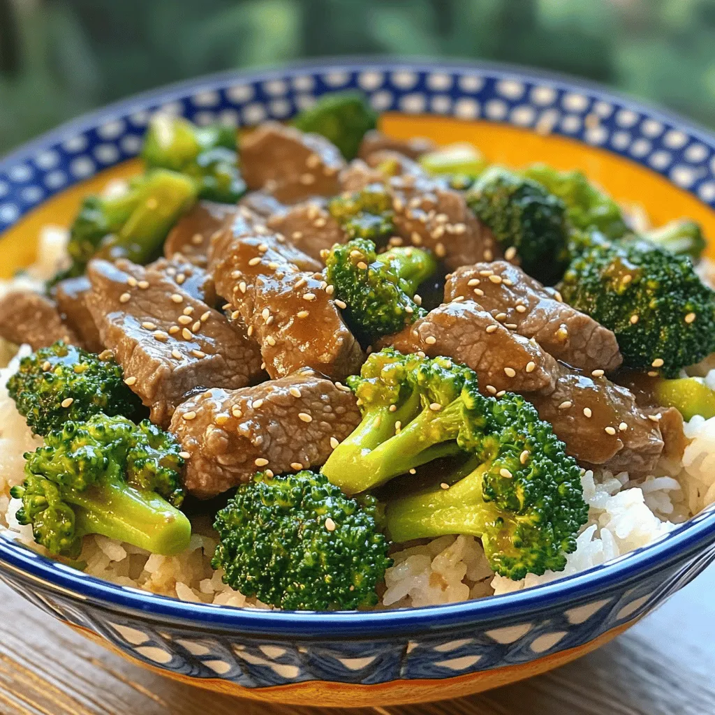 - 1 pound beef sirloin, thinly sliced against the grain - 3 cups broccoli florets - 3 cloves garlic, minced - 1 tablespoon fresh ginger, minced - 1/4 cup soy sauce (use low sodium if desired) - 2 tablespoons oyster sauce - 1 tablespoon sesame oil - 1 tablespoon brown sugar - Salt and pepper, to taste - Toasted sesame seeds, for garnish - Cooked rice, for serving (preferably jasmine or basmati) Gathering fresh and quality ingredients is key. For the beef, choose sirloin. It has a nice flavor and cooks well in stir-fries. Slice it thinly against the grain. This helps keep the beef tender. Next, get vibrant broccoli florets. They add color and crunch to the dish. Don't forget the garlic and ginger. They give the stir-fry a warm, zesty kick. For the sauces, soy sauce and oyster sauce bring that umami taste. I like to use low-sodium soy sauce for a healthier touch. Sesame oil adds a nutty flavor, while brown sugar balances the dish. Adjust salt and pepper to taste, so it suits your preference. Finally, toasted sesame seeds make a great garnish. They add a nice crunch when you serve the dish over warm rice. This combination of fresh ingredients creates a tasty meal that comes together quickly. You can find the full recipe at the end of this article. To start, you need to get the beef ready. Take one pound of beef sirloin and slice it thinly. This way, it cooks fast and stays tender. In a bowl, mix the beef with one tablespoon of cornstarch and a splash of soy sauce. Add a pinch of salt and pepper. Let it sit for 15 minutes. Marinating makes the beef tasty and tender. Now, heat a skillet over medium-high heat. Add one tablespoon of vegetable oil. When the oil is hot, add the marinated beef in a single layer. Stir-fry it for 2-3 minutes until the beef is brown. This gives it a nice crust. Don’t crowd the pan; you want each piece to get that great color. Once cooked, set the beef aside on a plate. In the same skillet, add another tablespoon of vegetable oil. Once heated, toss in three minced garlic cloves and one tablespoon of minced ginger. Stir these for about 30 seconds. You want them to smell amazing, but don’t let them burn. Next, add three cups of broccoli florets. Stir-fry them for 3-4 minutes. You want the broccoli to be bright green and still a bit crunchy. Now it's time to bring everything together. Add the beef back into the skillet. Pour in the oyster sauce, one tablespoon of sesame oil, and one tablespoon of brown sugar. Mix well and cook for another 2 minutes. This lets the flavors blend. Taste your stir-fry and adjust the seasoning if you need to. Add more salt or pepper to make it just right. For the Full Recipe, check the detailed ingredients and instructions. To make your beef and broccoli stir-fry shine, start with high-quality ingredients. Fresh broccoli and tender beef make a big difference. Look for beef sirloin with a nice marbling. This adds taste and keeps it juicy. For sauces, I recommend brands like Kikkoman for soy sauce and Lee Kum Kee for oyster sauce. They provide rich flavor and depth. The right skillet temperature is key for stir-frying. Heat your skillet on medium-high. When it's hot, add your oil. You can test the heat by dropping a small piece of beef. If it sizzles, you're ready to go. Stirring is just as important. Use a spatula to toss the beef and broccoli often. This ensures even cooking and prevents burning. Serve your beef and broccoli stir-fry over jasmine or basmati rice. Both types of rice complement the dish well. For plating, use a large bowl. Start with a generous bed of rice. Then, add the stir-fry on top. Garnish with toasted sesame seeds and a sprinkle of green onions. This makes your meal look great and taste even better. {{image_4}} You can switch the beef for chicken or shrimp. If using chicken, choose boneless thighs or breasts. Slice them thinly and cook just like the beef. For shrimp, peel and devein them. Add them to the skillet for a quick cook until they turn pink. If you want a vegetarian option, use tofu. Firm tofu is best. Cut it into cubes and press it to remove extra water. Sauté it in the skillet until golden. This adds a nice texture and absorbs all the flavors. You can add more veggies to boost nutrition. Bell peppers add color. They cook quickly and taste sweet. Slice them thin and toss them in with the broccoli. Carrots are another great choice. Cut them into matchsticks or thin rounds for even cooking. Seasonal vegetables work well too. In spring, snap peas are great. In winter, you can add bok choy or cabbage. Just remember to adjust cooking times based on the veggies you choose. To spice things up, add chili flakes or fresh chili. This gives your dish a nice kick. Start small and add more to taste. You can also try different sauces. For a twist, use teriyaki sauce instead of oyster sauce or add hoisin for a sweet touch. Each change can create a new flavor profile that keeps things exciting. For the full recipe, check out the Savory Beef and Broccoli Stir-Fry above. To keep your beef and broccoli stir-fry fresh, store leftovers in an airtight container. Make sure the dish cools to room temperature before sealing it. This prevents moisture build-up, which can lead to soggy food. Properly stored, your stir-fry lasts about 3 to 4 days in the fridge. Always check for any off smells or changes in texture before eating. If you want to save your stir-fry for later, freezing is a great option. Start by letting it cool completely. Then, transfer it to a freezer-safe container or bag. Remove as much air as possible to prevent freezer burn. The stir-fry can last up to 3 months in the freezer. When you’re ready to eat, thaw it overnight in the fridge. For reheating, use a skillet over medium heat. Add a splash of water or broth to keep it moist. Stir it often until heated through. This method keeps the beef tender and the broccoli bright. For a quicker method, you can also microwave it in short intervals, stirring in between. Enjoy your tasty meal anytime! You can enjoy beef and broccoli stir-fry with a few great sides. Here are my favorites: - Steamed rice: Jasmine or basmati rice works best. - Noodles: Try rice noodles or whole wheat noodles for a twist. - Spring rolls: These add crunch and flavor to your meal. - Salad: A simple green salad pairs nicely and adds freshness. These sides enhance the dish and make your meal feel complete. Yes, you can prepare this dish ahead. Here are some tips: - Marinate the beef: Do this a few hours before cooking. It makes the beef tender and tasty. - Cook and cool: You can stir-fry the beef and broccoli, then let it cool. Store it in the fridge in an airtight container. - Reheat: Warm it in a skillet over low heat. Add a splash of water or broth to prevent drying out. Preparing in advance makes weeknight dinners quick and easy. Making beef and broccoli stir-fry gluten-free is simple. Here’s how: - Soy sauce: Use tamari instead of regular soy sauce. Tamari is a gluten-free option. - Oyster sauce: Look for a gluten-free version. There are many brands available now. - Cornstarch: This is naturally gluten-free and helps thicken your sauce. These swaps let you enjoy the dish without gluten. The stir-fry is not spicy by default. You can adjust the heat to your taste: - Add chili flakes: Sprinkle some into the stir-fry for a bit of heat. - Hot sauce: Drizzle your favorite hot sauce over the dish when serving. - Fresh peppers: Slice fresh chili peppers and stir them in while cooking. These options let you customize the spice level to your liking. Yes, frozen broccoli is a good option. Here are some best practices: - Thaw first: Let it thaw in the fridge overnight or quickly in the microwave. - Cook briefly: Add it to the skillet for a shorter time. This keeps it crisp. - Check texture: Make sure it remains bright green and firm. Using frozen vegetables can save time and reduce waste. In this blog post, we explored how to make a savory beef and broccoli stir-fry. We discussed the fresh ingredients needed, including beef sirloin and broccoli. We covered marination tips to ensure flavorful beef. You learned cooking techniques for perfect texture and how to combine ingredients for a tasty dish. Don't forget variations and storage tips to keep your meals fresh. Stir-frying is not just easy; it can delight your taste buds. Enjoy experimenting and make this meal your own!