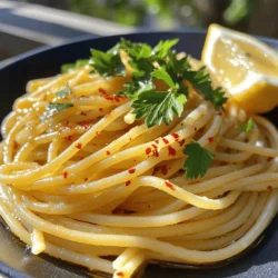 To make a great Spaghetti Aglio e Olio, you need fresh, simple ingredients. Here’s what you will need: - 400g spaghetti - 6 cloves garlic, thinly sliced - 1/2 cup extra virgin olive oil - 1-2 red chili peppers, finely chopped - 1/2 teaspoon crushed red pepper flakes - Salt, to taste - Fresh parsley, finely chopped, for garnish - Zest of 1 lemon - Grated Parmesan cheese (optional) These ingredients give the dish its bold flavor. The garlic and chili create a savory base. The olive oil binds everything together, making it rich and smooth. You can enhance your Spaghetti Aglio e Olio with fun add-ins. Here are some ideas: - Toasted pine nuts for crunch - Sun-dried tomatoes for sweetness - Fresh basil for extra flavor - A squeeze of lemon juice for brightness These garnishes can change the dish and make it your own. Feel free to mix and match based on what you like! If you don’t have something on hand, don’t worry! Here are some easy swaps: - Use any pasta shape if you don’t have spaghetti. - Replace fresh garlic with garlic powder, but use less. - Olive oil can be swapped with another oil, like canola or avocado oil. - If you can’t find fresh chili, use red pepper flakes for heat. These substitutions can help you whip up this dish without stress. Just remember, the core flavors should stay intact! For the full recipe, check the details above. First, fill a large pot with water and add salt. Bring it to a rolling boil. Add 400g of spaghetti and cook it for 8 to 10 minutes. You want it to be al dente, which means it should have a slight bite. Once done, save 1 cup of pasta water. Drain the spaghetti in a colander. While the spaghetti cooks, grab a large skillet. Heat 1/2 cup of extra virgin olive oil over medium heat. Add 6 cloves of thinly sliced garlic to the skillet. Cook for 1 to 2 minutes until the garlic turns golden. Keep an eye on it to avoid burning. Burnt garlic can ruin the dish. When the garlic is just right, add 1-2 finely chopped red chili peppers and 1/2 teaspoon of crushed red pepper flakes. Cook for another minute while stirring. This lets the chili flavor blend with the oil. Now, add the drained spaghetti to the skillet. Toss everything together with tongs until the pasta is well coated. If it feels dry, mix in some reserved pasta water bit by bit. Taste and add salt as needed. Finally, stir in the zest of 1 lemon for a fresh kick. Plate the spaghetti and garnish with chopped parsley and grated Parmesan if you like. Enjoy your savory Spaghetti Aglio e Olio. For full details, check out the Full Recipe. To cook perfect spaghetti, start with a large pot of salty water. The water should taste like the sea. This step helps flavor the pasta. Bring the water to a rolling boil before adding the spaghetti. Cook it according to the package time, usually 8–10 minutes. Check for "al dente" texture, which means it should be firm but not hard. Reserve one cup of pasta water before draining. This water is great for adjusting the sauce later. If your spaghetti is mushy, it might have cooked too long. Always set a timer and taste it a minute or two before the time is up. If you forget to save pasta water, don’t worry. You can use a little regular water, but it won't have the same effect. If the pasta sticks together, add a splash of olive oil after draining. This keeps it separate and helps the sauce stick. To add depth to your dish, focus on the garlic. Cook it slowly until golden but not burnt. Burnt garlic tastes bitter and can ruin your dish. When adding chili peppers, adjust the amount based on how spicy you want it. If you want a fresh twist, add lemon zest right before serving. This brightens the dish and adds a nice flavor. For a richer taste, consider topping with grated Parmesan cheese. It makes every bite creamy and delicious. For more ideas, check the Full Recipe. {{image_4}} To add some heat, use red chili peppers. I like to chop 1-2 peppers. The more you add, the spicier it becomes. You can also toss in crushed red pepper flakes. Start with 1/2 teaspoon and adjust to your taste. This version brings warmth and flavor. If you want to make it heartier, consider adding vegetables. Sautéed spinach or kale pairs well. You can also add cherry tomatoes for a sweet touch. Just toss them into the oil with the garlic. This makes your dish colorful and full of nutrients. For a creamy twist, add cheese. Grated Parmesan is a great choice. Stir it in after combining the pasta and oil. The heat from the spaghetti melts the cheese nicely. You can also use a splash of cream for extra richness. This variation gives a smooth, luscious texture. Feel free to explore these variations! They can elevate your Spaghetti Aglio e Olio to new heights. Check out the Full Recipe for more details on making this dish. To keep your Spaghetti Aglio e Olio fresh, store it in an airtight container. Let the pasta cool down to room temperature before sealing it. This helps prevent moisture build-up. You can keep it in the fridge for up to three days. If you want to store it longer, consider freezing it. When it’s time to enjoy your leftovers, reheating is key. Use a skillet over medium heat to warm the pasta. Add a splash of olive oil or a little reserved pasta water to keep it moist. Stir gently to avoid sticking. You can also microwave it in short bursts, stirring in between. This keeps the flavor intact and prevents overcooking the garlic. Freezing is a great option for longer storage. Place the cooled pasta in a freezer-safe bag or container. Remove as much air as possible to avoid freezer burn. You can freeze it for up to three months. When you’re ready to eat, thaw it in the fridge overnight before reheating. This method helps maintain texture and taste. Spaghetti Aglio e Olio comes from Naples, Italy. It is a simple dish made with few ingredients. The name means "spaghetti with garlic and oil." This dish began as a meal for poor people. They used what they had: garlic, oil, and pasta. Over time, it became popular in many places. It is now loved by chefs and home cooks alike. You can make Spaghetti Aglio e Olio without garlic, but it will change the flavor. Garlic is key to this dish. If you avoid garlic for health reasons, consider using garlic-infused oil instead. It gives a similar taste without actual garlic. You can also add herbs or spices to enhance the dish’s flavor. Spaghetti Aglio e Olio pairs well with many foods. Here are some ideas: - A fresh green salad with lemon vinaigrette - Grilled chicken or shrimp for protein - Crusty bread to soak up the oil - Roasted vegetables for added texture These options make your meal more balanced and enjoyable. For more ideas, check out the Full Recipe. Spaghetti Aglio e Olio is simple yet full of flavor. We covered key ingredients, how to cook the perfect pasta, and tasty variations. Remember, you can customize it to your taste with different spices or add-ins. Proper storage is key for enjoying leftovers, too. Keep experimenting, and don't be afraid to adjust recipes. You'll make a dish that's truly your own. Enjoy every bite!