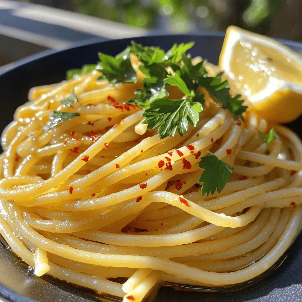 To make a great Spaghetti Aglio e Olio, you need fresh, simple ingredients. Here’s what you will need: - 400g spaghetti - 6 cloves garlic, thinly sliced - 1/2 cup extra virgin olive oil - 1-2 red chili peppers, finely chopped - 1/2 teaspoon crushed red pepper flakes - Salt, to taste - Fresh parsley, finely chopped, for garnish - Zest of 1 lemon - Grated Parmesan cheese (optional) These ingredients give the dish its bold flavor. The garlic and chili create a savory base. The olive oil binds everything together, making it rich and smooth. You can enhance your Spaghetti Aglio e Olio with fun add-ins. Here are some ideas: - Toasted pine nuts for crunch - Sun-dried tomatoes for sweetness - Fresh basil for extra flavor - A squeeze of lemon juice for brightness These garnishes can change the dish and make it your own. Feel free to mix and match based on what you like! If you don’t have something on hand, don’t worry! Here are some easy swaps: - Use any pasta shape if you don’t have spaghetti. - Replace fresh garlic with garlic powder, but use less. - Olive oil can be swapped with another oil, like canola or avocado oil. - If you can’t find fresh chili, use red pepper flakes for heat. These substitutions can help you whip up this dish without stress. Just remember, the core flavors should stay intact! For the full recipe, check the details above. First, fill a large pot with water and add salt. Bring it to a rolling boil. Add 400g of spaghetti and cook it for 8 to 10 minutes. You want it to be al dente, which means it should have a slight bite. Once done, save 1 cup of pasta water. Drain the spaghetti in a colander. While the spaghetti cooks, grab a large skillet. Heat 1/2 cup of extra virgin olive oil over medium heat. Add 6 cloves of thinly sliced garlic to the skillet. Cook for 1 to 2 minutes until the garlic turns golden. Keep an eye on it to avoid burning. Burnt garlic can ruin the dish. When the garlic is just right, add 1-2 finely chopped red chili peppers and 1/2 teaspoon of crushed red pepper flakes. Cook for another minute while stirring. This lets the chili flavor blend with the oil. Now, add the drained spaghetti to the skillet. Toss everything together with tongs until the pasta is well coated. If it feels dry, mix in some reserved pasta water bit by bit. Taste and add salt as needed. Finally, stir in the zest of 1 lemon for a fresh kick. Plate the spaghetti and garnish with chopped parsley and grated Parmesan if you like. Enjoy your savory Spaghetti Aglio e Olio. For full details, check out the Full Recipe. To cook perfect spaghetti, start with a large pot of salty water. The water should taste like the sea. This step helps flavor the pasta. Bring the water to a rolling boil before adding the spaghetti. Cook it according to the package time, usually 8–10 minutes. Check for "al dente" texture, which means it should be firm but not hard. Reserve one cup of pasta water before draining. This water is great for adjusting the sauce later. If your spaghetti is mushy, it might have cooked too long. Always set a timer and taste it a minute or two before the time is up. If you forget to save pasta water, don’t worry. You can use a little regular water, but it won't have the same effect. If the pasta sticks together, add a splash of olive oil after draining. This keeps it separate and helps the sauce stick. To add depth to your dish, focus on the garlic. Cook it slowly until golden but not burnt. Burnt garlic tastes bitter and can ruin your dish. When adding chili peppers, adjust the amount based on how spicy you want it. If you want a fresh twist, add lemon zest right before serving. This brightens the dish and adds a nice flavor. For a richer taste, consider topping with grated Parmesan cheese. It makes every bite creamy and delicious. For more ideas, check the Full Recipe. {{image_4}} To add some heat, use red chili peppers. I like to chop 1-2 peppers. The more you add, the spicier it becomes. You can also toss in crushed red pepper flakes. Start with 1/2 teaspoon and adjust to your taste. This version brings warmth and flavor. If you want to make it heartier, consider adding vegetables. Sautéed spinach or kale pairs well. You can also add cherry tomatoes for a sweet touch. Just toss them into the oil with the garlic. This makes your dish colorful and full of nutrients. For a creamy twist, add cheese. Grated Parmesan is a great choice. Stir it in after combining the pasta and oil. The heat from the spaghetti melts the cheese nicely. You can also use a splash of cream for extra richness. This variation gives a smooth, luscious texture. Feel free to explore these variations! They can elevate your Spaghetti Aglio e Olio to new heights. Check out the Full Recipe for more details on making this dish. To keep your Spaghetti Aglio e Olio fresh, store it in an airtight container. Let the pasta cool down to room temperature before sealing it. This helps prevent moisture build-up. You can keep it in the fridge for up to three days. If you want to store it longer, consider freezing it. When it’s time to enjoy your leftovers, reheating is key. Use a skillet over medium heat to warm the pasta. Add a splash of olive oil or a little reserved pasta water to keep it moist. Stir gently to avoid sticking. You can also microwave it in short bursts, stirring in between. This keeps the flavor intact and prevents overcooking the garlic. Freezing is a great option for longer storage. Place the cooled pasta in a freezer-safe bag or container. Remove as much air as possible to avoid freezer burn. You can freeze it for up to three months. When you’re ready to eat, thaw it in the fridge overnight before reheating. This method helps maintain texture and taste. Spaghetti Aglio e Olio comes from Naples, Italy. It is a simple dish made with few ingredients. The name means "spaghetti with garlic and oil." This dish began as a meal for poor people. They used what they had: garlic, oil, and pasta. Over time, it became popular in many places. It is now loved by chefs and home cooks alike. You can make Spaghetti Aglio e Olio without garlic, but it will change the flavor. Garlic is key to this dish. If you avoid garlic for health reasons, consider using garlic-infused oil instead. It gives a similar taste without actual garlic. You can also add herbs or spices to enhance the dish’s flavor. Spaghetti Aglio e Olio pairs well with many foods. Here are some ideas: - A fresh green salad with lemon vinaigrette - Grilled chicken or shrimp for protein - Crusty bread to soak up the oil - Roasted vegetables for added texture These options make your meal more balanced and enjoyable. For more ideas, check out the Full Recipe. Spaghetti Aglio e Olio is simple yet full of flavor. We covered key ingredients, how to cook the perfect pasta, and tasty variations. Remember, you can customize it to your taste with different spices or add-ins. Proper storage is key for enjoying leftovers, too. Keep experimenting, and don't be afraid to adjust recipes. You'll make a dish that's truly your own. Enjoy every bite!