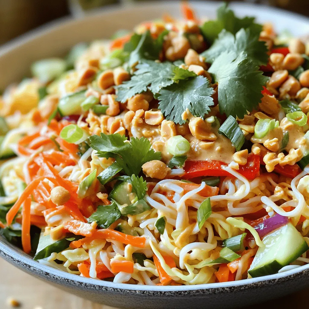 - 8 ounces rice noodles - 1 cup shredded carrots - 1 red bell pepper, thinly sliced - 1 cucumber, julienned - 2 green onions, chopped - 1 cup red cabbage, finely shredded - 1/2 cup fresh cilantro leaves, chopped - 1/2 cup roasted unsalted peanuts, roughly chopped To make a tasty Thai Peanut Noodle Salad, you need fresh and colorful ingredients. Rice noodles are the base. They soak up the flavors well. Next, add a mix of fresh veggies. Carrots bring crunch and sweetness. Red bell pepper adds a pop of color. Cucumber gives a refreshing bite. Green onions offer a mild onion flavor. Red cabbage adds a nice crunch and color. Fresh cilantro gives a hint of brightness. Finally, sprinkle roasted peanuts on top for added crunch. - 1/4 cup creamy peanut butter - 3 tablespoons soy sauce (low sodium recommended for less saltiness) - 2 tablespoons freshly squeezed lime juice - 2 tablespoons honey or maple syrup - 1 teaspoon sesame oil - 1 teaspoon freshly grated ginger - 1 tablespoon water (plus more as needed for desired consistency) - Optional: Pinch of red pepper flakes for an extra kick The peanut dressing makes this salad special. Start with creamy peanut butter for richness. Then, add soy sauce for saltiness. Fresh lime juice gives it a bright tang. Honey or maple syrup adds sweetness. A splash of sesame oil brings depth. Fresh ginger adds a zing. If your dressing is too thick, just add a bit of water. For a spicy kick, add red pepper flakes. This dressing ties all the flavors together beautifully. Find the full recipe [here](#). To start, boil a large pot of water. Once the water is bubbling, add the rice noodles. Cook them as the package says, usually 4 to 6 minutes. After they are soft, drain them in a colander. Rinse the noodles under cold water. This stops the cooking and keeps them from sticking together. Set them aside while you work on the next steps. Now, grab a mixing bowl. Add the creamy peanut butter, soy sauce, lime juice, honey or maple syrup, sesame oil, and fresh ginger to it. Use a whisk to mix everything until it is smooth. If the dressing feels too thick, add water. Do this one tablespoon at a time until it reaches the thickness you like. If you want some heat, sprinkle in a pinch of red pepper flakes. In a large mixing bowl, combine the cooled noodles with the fresh veggies. Add the shredded carrots, thinly sliced red bell pepper, julienned cucumber, chopped green onions, finely shredded red cabbage, and chopped cilantro. Drizzle the peanut dressing over this mixture. Use clean hands or tongs to toss everything gently. Make sure all the ingredients are coated in the tasty dressing. Finally, sprinkle the roughly chopped roasted peanuts on top of the salad. Give it one last gentle toss. This helps keep the peanuts crunchy while mixing them in. If you can, let the salad chill in the fridge for 15 minutes. This helps the flavors blend well. You can serve it cold or at room temperature, depending on what you like. How to prevent noodles from sticking To keep your rice noodles from sticking, rinse them well after cooking. Use cold water to stop the cooking. This also cools them down. If you let them sit too long, they can clump. Toss with a little oil if needed. Adjusting dressing for personal taste Feel free to tweak the peanut dressing. If you like it sweeter, add more honey or maple syrup. For a tangy kick, add extra lime juice. Taste as you go to find your favorite balance. Serving ideas for visual appeal Serve the salad in a large, shallow bowl. This shows off the colorful veggies. You can also use clear glass bowls for a fun look. Layering the ingredients can create a striking effect. Garnishing tips with herbs and peanuts Garnish with fresh cilantro leaves for a bright touch. A sprinkle of whole roasted peanuts adds color and crunch. You can even add lime wedges on the side for extra zing. Suggesting marinating time for improved taste Letting the salad sit for at least 15 minutes enhances the flavors. The noodles soak up the dressing. If you have time, chill it longer for an even better taste. Adding spice for those who like heat If you love heat, add red pepper flakes to your dressing. Start with a pinch and adjust to your favorite level. You can also add sliced fresh chili peppers to the salad for extra spice. For the full recipe, check out the detailed instructions. {{image_4}} You can easily add protein to Thai Peanut Noodle Salad. Grilled chicken is a great choice. It brings flavor and heartiness. Simply slice it thin and toss it in. Tofu is another option. It soaks up the dressing well. Just pan-fry or bake it for a nice texture. If you prefer seafood, shrimp is perfect. It cooks quickly and adds a light touch. Just sauté the shrimp in a little oil until pink. Then mix it into the salad for that ocean taste. Feel free to switch up the veggies in your salad. Seasonal vegetables work best. Try adding snap peas for crunch. They give a nice pop to every bite. Broccoli or bell peppers can also add color. Leafy greens are a great addition too. Consider spinach or arugula for a fresh twist. They pair well with the peanut dressing. Just chop them up and toss them in with the other veggies. If you need a vegan option, it’s simple. Use maple syrup in place of honey. This keeps the sweetness and stays plant-based. For gluten-free, look for gluten-free soy sauce. Many brands offer this option today. You can also switch out rice noodles for gluten-free noodles. Just check the package for cooking times. Adjusting these ingredients will let everyone enjoy the meal. Store your Thai peanut noodle salad in an airtight container. Glass or plastic containers work well. It stays fresh for about three to four days in the fridge. Just make sure to keep the dressing separate until you're ready to eat. This keeps the salad crisp and tasty. If you want to refresh leftovers, add a bit of water to the salad. Toss it gently to mix. You can also drizzle on a little extra peanut dressing. Serve it cold or at room temperature. Both ways are delicious! You can freeze Thai peanut noodle salad, but it’s not the best choice. Noodles may become mushy when thawed. If you still want to freeze it, leave out the veggies and dressing. Pack only the noodles in a freezer bag. When ready, thaw in the fridge overnight, then add fresh veggies and dressing. Enjoy it with the full flavor! How long does it take to make Thai Peanut Noodle Salad? Making this salad takes about 30 minutes. You need 15 minutes to prep and cook the noodles and another 15 to mix and chill the ingredients. It’s quick and easy! Can I prepare this salad in advance? Yes, you can! This salad tastes even better if you let it chill for a bit. Make it up to a day in advance. Just keep it in the fridge until you are ready to serve. Can I use other types of noodles? Absolutely! You can swap rice noodles for any noodle you like. Try whole wheat, soba, or even zucchini noodles for a fun twist. Just cook them according to the package instructions. What can I use instead of peanut butter? If you need a substitute for peanut butter, try using almond butter or sunflower seed butter. Both can give you a nice flavor. Just make sure the swap fits your taste and needs. Is this recipe gluten-free? Yes, this recipe can be gluten-free if you use gluten-free soy sauce. Make sure to check all labels to ensure no hidden gluten sneaks in. Can I make it nut-free? Definitely! To make it nut-free, replace peanut butter with sun butter or tahini. You can also skip the peanuts on top. This way, everyone can enjoy the salad! Thai Peanut Noodle Salad is a fresh and tasty meal. You learned which ingredients to use and how to make it. The creamy peanut dressing adds great flavor. You can adjust the recipe to fit your taste or diet. Try different proteins or veggies for fun twists. Store leftovers in the fridge or even freeze some. This salad is a hit for any meal. Enjoy making it your own, and share it with friends!