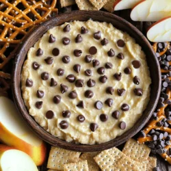 To make this delicious chocolate chip cookie dough dip, you need a few simple ingredients. Each one brings a special taste or texture. This dip is perfect for sharing. Here is what you need for the dip: - 1 cup all-purpose flour, toasted - ½ cup brown sugar, packed - ½ cup granulated sugar - 1 cup cream cheese, softened to room temperature - ½ cup unsalted butter, softened to room temperature - 1 teaspoon pure vanilla extract - ½ cup mini chocolate chips - ¼ cup chopped nuts (optional, walnuts or pecans work well) - ½ teaspoon salt - Assorted dippers (such as graham crackers, pretzels, or crisp apple slices) You can swap some ingredients if needed. Here are a few ideas: - Use coconut flour for a gluten-free option. - Replace cream cheese with Greek yogurt for a lighter dip. - Use maple syrup instead of brown sugar for a different sweetness. - If you don’t have mini chocolate chips, regular ones work too. These easy swaps keep your dip tasty and fun! Start by preheating your oven to 350°F (175°C). Then, take 1 cup of all-purpose flour and spread it evenly on a baking sheet. Bake it for 5 to 7 minutes. Stir the flour occasionally. You want it to look lightly golden and smell nutty. Once done, remove it from the oven and let it cool completely. This step is key. It helps get rid of any raw flour taste. In a large bowl, add 1 cup of softened cream cheese and ½ cup of softened unsalted butter. Use an electric mixer on medium speed. Beat them together until the mix is creamy and smooth. This gives a good base for your dip. Next, add the sugars. Mix in ½ cup of packed brown sugar and ½ cup of granulated sugar. Keep mixing until it looks fluffy. Finally, add 1 teaspoon of pure vanilla extract. Blend it all together until creamy. Now, it's time to add the flour. Use a spatula or wooden spoon to gently fold in the cooled toasted flour. Don't forget to add ½ teaspoon of salt too. Stir until you have no dry flecks left. This ensures a smooth texture. Next, fold in ½ cup of mini chocolate chips. If you like nuts, add ¼ cup of chopped walnuts or pecans. Be gentle while folding. You want to keep the creamy texture. After this, transfer your cookie dough dip into a nice serving bowl. Cover it with plastic wrap and chill it in the fridge for at least 30 minutes. This helps the flavors mix well and makes it easier to scoop. Before serving, give it a quick stir. Pair it with graham crackers, salty pretzels, or crisp apple slices for a fun treat. For the full recipe, check out the details above. To get a smooth and creamy dip, start with room temperature ingredients. Softened cream cheese and butter blend better. Use an electric mixer for the best results. Mix until the mixture looks fluffy and is free of lumps. Be gentle when folding in the flour and chocolate chips. This step keeps your dip light and creamy. Toasting flour removes raw taste. Preheat your oven to 350°F (175°C). Spread the flour in a thin layer on a baking sheet. Bake for 5-7 minutes, stirring once. Look for a light golden color and a nutty smell. Let it cool completely before using. This step is key to a great flavor in your dip. Serve your chocolate chip cookie dough dip with fun dippers. Some great options include graham crackers, salty pretzels, and crisp apple slices. The sweet dip pairs well with salty snacks. For a twist, try using vanilla wafers or fresh strawberries. This variety makes it fun for everyone! Enjoy your dip fresh from the fridge for the best taste. {{image_4}} You can change the taste of your cookie dough dip easily. Try adding peanut butter for a nutty twist. Use ½ cup of smooth peanut butter in place of some butter. Another fun option is Nutella. Replace the mini chocolate chips with ½ cup of Nutella. Both options make the dip rich and tasty. If you need gluten-free choices, swap the all-purpose flour for a gluten-free blend. Many brands offer great gluten-free flours that work well in this recipe. Just make sure to toast the gluten-free flour the same way to keep the flavor nice. With these swaps, everyone can enjoy this dip. The dippers can change your experience too! Besides graham crackers, you can use pretzels for a salty crunch. Crisp apple slices add a fresh flavor that pairs well. You can also try vanilla wafers or even cookies for double cookie fun. Each dipper brings a new taste to your chocolate chip cookie dough dip. To keep your chocolate chip cookie dough dip fresh, store it in the fridge. Use an airtight container to prevent it from absorbing other smells. It’s best to eat the dip within five days. When you’re ready to enjoy it, just take it out and give it a quick stir. You can freeze this dip to enjoy later. Just scoop it into a freezer-safe container. Make sure to leave some space at the top because it will expand. You can freeze it for up to three months. When you want to enjoy it again, let it thaw in the fridge overnight. If your dip has thickened in the fridge, don’t worry! Just use a hand mixer to whip it back to a creamy state. You can also add a splash of milk or cream to help revive it. Avoid heating it in the microwave, as this may change its texture. Enjoy your dip with your favorite snacks right away! Yes, this cookie dough dip is safe to eat. We use toasted flour, which removes harmful bacteria. This key step makes it safe for everyone. The other ingredients, like cream cheese and butter, are also safe to eat in this form. So, scoop it up without worry! Absolutely! You can make this dip a day ahead. Just store it in the fridge until you are ready to serve. Chilling it overnight can even enhance the flavors. If you make it early, just give it a quick stir before serving. You have many fun options for dippers! Here are some of my favorites: - Graham crackers - Salted pretzels - Crisp apple slices - Vanilla wafers - Fresh strawberries Each of these adds a nice crunch or sweetness. You can even mix and match for a fun platter. The dip’s creamy texture pairs well with all of them. Enjoy exploring your favorites! We covered a lot about making cookie dough dip. First, we discussed the key ingredients, then went through easy steps to make it. I shared tips for a creamy texture and ideas for flavors. We also talked about how to store your dip and answered common questions. Remember, this recipe is fun and flexible. You can tweak it to fit your taste. Enjoy making this treat and share it with friends!