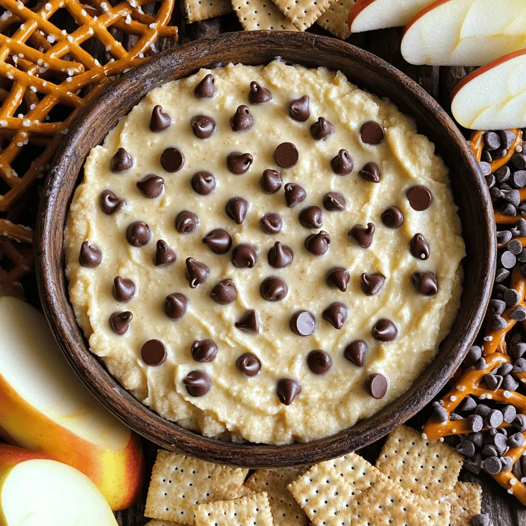 To make this delicious chocolate chip cookie dough dip, you need a few simple ingredients. Each one brings a special taste or texture. This dip is perfect for sharing. Here is what you need for the dip: - 1 cup all-purpose flour, toasted - ½ cup brown sugar, packed - ½ cup granulated sugar - 1 cup cream cheese, softened to room temperature - ½ cup unsalted butter, softened to room temperature - 1 teaspoon pure vanilla extract - ½ cup mini chocolate chips - ¼ cup chopped nuts (optional, walnuts or pecans work well) - ½ teaspoon salt - Assorted dippers (such as graham crackers, pretzels, or crisp apple slices) You can swap some ingredients if needed. Here are a few ideas: - Use coconut flour for a gluten-free option. - Replace cream cheese with Greek yogurt for a lighter dip. - Use maple syrup instead of brown sugar for a different sweetness. - If you don’t have mini chocolate chips, regular ones work too. These easy swaps keep your dip tasty and fun! Start by preheating your oven to 350°F (175°C). Then, take 1 cup of all-purpose flour and spread it evenly on a baking sheet. Bake it for 5 to 7 minutes. Stir the flour occasionally. You want it to look lightly golden and smell nutty. Once done, remove it from the oven and let it cool completely. This step is key. It helps get rid of any raw flour taste. In a large bowl, add 1 cup of softened cream cheese and ½ cup of softened unsalted butter. Use an electric mixer on medium speed. Beat them together until the mix is creamy and smooth. This gives a good base for your dip. Next, add the sugars. Mix in ½ cup of packed brown sugar and ½ cup of granulated sugar. Keep mixing until it looks fluffy. Finally, add 1 teaspoon of pure vanilla extract. Blend it all together until creamy. Now, it's time to add the flour. Use a spatula or wooden spoon to gently fold in the cooled toasted flour. Don't forget to add ½ teaspoon of salt too. Stir until you have no dry flecks left. This ensures a smooth texture. Next, fold in ½ cup of mini chocolate chips. If you like nuts, add ¼ cup of chopped walnuts or pecans. Be gentle while folding. You want to keep the creamy texture. After this, transfer your cookie dough dip into a nice serving bowl. Cover it with plastic wrap and chill it in the fridge for at least 30 minutes. This helps the flavors mix well and makes it easier to scoop. Before serving, give it a quick stir. Pair it with graham crackers, salty pretzels, or crisp apple slices for a fun treat. For the full recipe, check out the details above. To get a smooth and creamy dip, start with room temperature ingredients. Softened cream cheese and butter blend better. Use an electric mixer for the best results. Mix until the mixture looks fluffy and is free of lumps. Be gentle when folding in the flour and chocolate chips. This step keeps your dip light and creamy. Toasting flour removes raw taste. Preheat your oven to 350°F (175°C). Spread the flour in a thin layer on a baking sheet. Bake for 5-7 minutes, stirring once. Look for a light golden color and a nutty smell. Let it cool completely before using. This step is key to a great flavor in your dip. Serve your chocolate chip cookie dough dip with fun dippers. Some great options include graham crackers, salty pretzels, and crisp apple slices. The sweet dip pairs well with salty snacks. For a twist, try using vanilla wafers or fresh strawberries. This variety makes it fun for everyone! Enjoy your dip fresh from the fridge for the best taste. {{image_4}} You can change the taste of your cookie dough dip easily. Try adding peanut butter for a nutty twist. Use ½ cup of smooth peanut butter in place of some butter. Another fun option is Nutella. Replace the mini chocolate chips with ½ cup of Nutella. Both options make the dip rich and tasty. If you need gluten-free choices, swap the all-purpose flour for a gluten-free blend. Many brands offer great gluten-free flours that work well in this recipe. Just make sure to toast the gluten-free flour the same way to keep the flavor nice. With these swaps, everyone can enjoy this dip. The dippers can change your experience too! Besides graham crackers, you can use pretzels for a salty crunch. Crisp apple slices add a fresh flavor that pairs well. You can also try vanilla wafers or even cookies for double cookie fun. Each dipper brings a new taste to your chocolate chip cookie dough dip. To keep your chocolate chip cookie dough dip fresh, store it in the fridge. Use an airtight container to prevent it from absorbing other smells. It’s best to eat the dip within five days. When you’re ready to enjoy it, just take it out and give it a quick stir. You can freeze this dip to enjoy later. Just scoop it into a freezer-safe container. Make sure to leave some space at the top because it will expand. You can freeze it for up to three months. When you want to enjoy it again, let it thaw in the fridge overnight. If your dip has thickened in the fridge, don’t worry! Just use a hand mixer to whip it back to a creamy state. You can also add a splash of milk or cream to help revive it. Avoid heating it in the microwave, as this may change its texture. Enjoy your dip with your favorite snacks right away! Yes, this cookie dough dip is safe to eat. We use toasted flour, which removes harmful bacteria. This key step makes it safe for everyone. The other ingredients, like cream cheese and butter, are also safe to eat in this form. So, scoop it up without worry! Absolutely! You can make this dip a day ahead. Just store it in the fridge until you are ready to serve. Chilling it overnight can even enhance the flavors. If you make it early, just give it a quick stir before serving. You have many fun options for dippers! Here are some of my favorites: - Graham crackers - Salted pretzels - Crisp apple slices - Vanilla wafers - Fresh strawberries Each of these adds a nice crunch or sweetness. You can even mix and match for a fun platter. The dip’s creamy texture pairs well with all of them. Enjoy exploring your favorites! We covered a lot about making cookie dough dip. First, we discussed the key ingredients, then went through easy steps to make it. I shared tips for a creamy texture and ideas for flavors. We also talked about how to store your dip and answered common questions. Remember, this recipe is fun and flexible. You can tweak it to fit your taste. Enjoy making this treat and share it with friends!