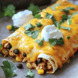 - 2 cups shredded cooked chicken - 1 cup black beans, rinsed and thoroughly drained - 1 cup corn kernels (can be fresh, canned, or frozen) - 1 cup shredded sharp cheddar cheese, divided - 1/2 cup diced red onion - 1 teaspoon ground cumin - 1 teaspoon chili powder - 1/2 teaspoon garlic powder - 8 small flour tortillas - 1 cup enchilada sauce (store-bought or homemade) - 1/4 cup fresh cilantro, chopped (for garnish) - Sour cream (optional, for serving) In this recipe, I use common ingredients that many have at home. The shredded cooked chicken makes this dish easy and quick. You can use rotisserie chicken for more flavor and less work. Black beans add protein and fiber. Corn gives a nice sweetness. For spices, I keep it simple with ground cumin, chili powder, and garlic powder. They add a warm, rich flavor. The enchilada sauce ties everything together, so choose one you love. Flour tortillas are my favorite for rolling. They hold the filling well. Fresh cilantro adds a bright finish, and sour cream can cool the spice. For the full recipe, check out the details above. Enjoy making these tasty enchiladas! - Preheat the oven to 350°F (175°C). - In a large bowl, mix together the filling. Combine 2 cups shredded chicken, 1 cup black beans, 1 cup corn, 3/4 cup cheese, 1/2 cup red onion, 1 teaspoon cumin, 1 teaspoon chili powder, and 1/2 teaspoon garlic powder. Stir well until everything is mixed. - Take a tortilla and add about 1/4 cup of the filling to the center. - Roll the tortilla tightly, keeping the filling inside. - Place each rolled tortilla seam-side down in a greased 9x13 inch baking dish. - Pour 1 cup of enchilada sauce evenly over the tortillas. - Sprinkle the remaining 1/4 cup of cheese on top of the sauce. - Cover the dish with foil. This helps keep the enchiladas moist. - Bake for 20 minutes. After that, take off the foil and bake for another 10 minutes. - Look for the cheese to be melted and bubbly. These steps create a tasty dish that is quick and easy to make. For the full recipe, check the earlier section. Use shredded rotisserie chicken for a quick and tasty option. You can also use grilled chicken. If you want a vegetarian twist, try black beans or refried beans. You can mix in corn to add sweetness. Canned or frozen corn works well in this dish. You can even add diced bell peppers for extra crunch. For a simple enchilada sauce, use tomato sauce, chili powder, and cumin. You can add garlic powder for extra flavor. Cook the sauce on low heat for about 10 minutes. This allows the spices to blend well. A touch of sugar can balance the flavors if the sauce is too tangy. Dress up your enchiladas with fresh cilantro and lime wedges. Add diced avocado or jalapeños for a kick. Serve with a side of rice or beans for a full meal. For drinks, pair with a light beer or a refreshing margarita. This way, you create a fun and tasty dinner setting. {{image_4}} For a tasty vegetarian option, you can swap out the chicken. Use black beans or lentils for protein. You can also add more veggies for a colorful mix. Bell peppers, zucchini, or spinach work great. Just chop them up and throw them in the filling. This way, you still get that delicious, hearty flavor. Want a kick? You can make your enchiladas spicy! Add jalapeños or diced green chilies to the filling. You could also mix in some cayenne pepper or hot sauce. Start with a small amount and taste as you go. This way, you can control the heat to your liking. If you love cheese, this is for you! Use different types of cheese for more flavor. Try Monterey Jack, pepper jack, or even queso fresco. Layer cheese inside the enchiladas and on top for extra cheesiness. This makes each bite rich and gooey. For an even cheesier treat, add a sprinkle of cheese halfway through baking. Try these variations to personalize your Easy Chicken Enchiladas. You can find the Full Recipe earlier for reference! Store your chicken enchiladas in an airtight container. This keeps them fresh. They last up to three days in the fridge. To reheat, just pop them in the microwave or oven. You can freeze enchiladas before or after baking. For freezing before baking, wrap them tightly in plastic wrap. Place them in a freezer bag. They can stay frozen for up to three months. To freeze after baking, let them cool first. Then wrap and freeze. To thaw, move them to the fridge overnight. For reheating, bake at 350°F (175°C) until hot. You can reheat enchiladas in the microwave or oven. If using the microwave, heat in short bursts. If using the oven, cover with foil to keep moist. For the best cheese experience, ensure it is melty. You can add a splash of sauce or a bit of water. This helps keep the cheese soft and gooey. Enjoy your enchiladas with a side of fresh toppings! Bake chicken enchiladas for 30 minutes at 350°F (175°C). Cover with foil for the first 20 minutes. This keeps them moist. Remove the foil for the last 10 minutes. This lets the cheese bubble and brown nicely. Yes, you can prepare enchiladas a day in advance. Assemble them as directed. Then, cover with plastic wrap and refrigerate. Bake them when you are ready to eat. If you want to freeze them, wrap tightly in foil. They can last up to three months in the freezer. Chicken enchiladas pair well with many sides. Consider serving them with: - Mexican rice - Refried beans - A fresh salad - Guacamole - Salsa - Chips These sides add flavor and texture. Enjoy your meal with your favorite drink! For the full recipe, check out the details above. This article covered how to make chicken enchiladas from start to finish. We explored the key ingredients, step-by-step instructions, and useful tips for perfecting your dish. Remember, variations can add fun and flavor to your meal. You can easily make vegetarian options or add extra heat for spice lovers. Lastly, proper storage extends the life of your enchiladas. With these insights, you can create tasty, comforting enchiladas your family will love. Enjoy cooking and have fun with this great meal!