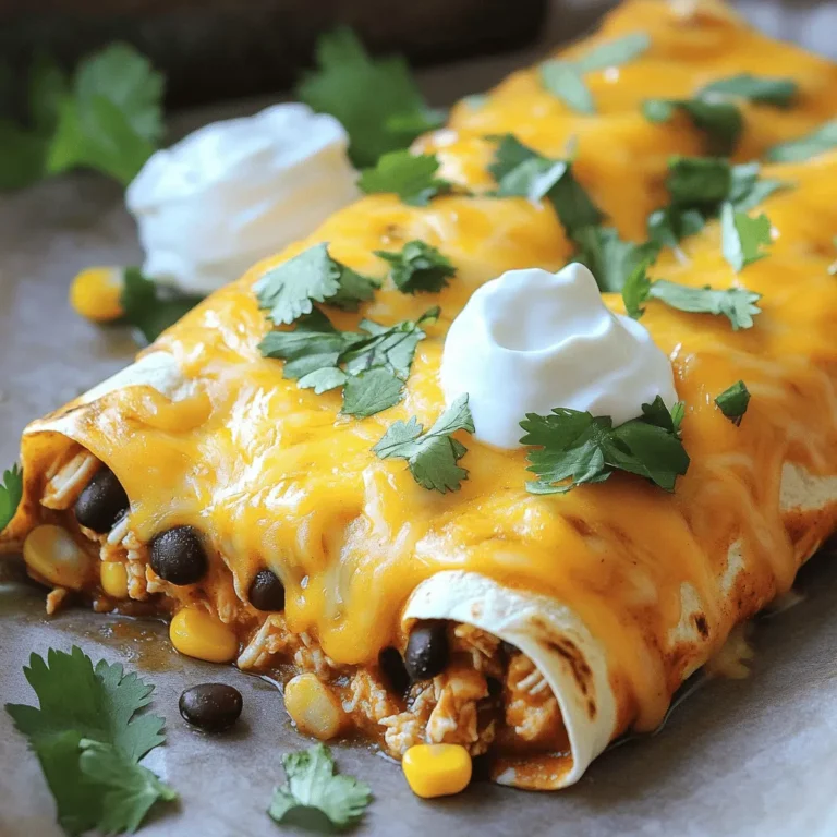 - 2 cups shredded cooked chicken - 1 cup black beans, rinsed and thoroughly drained - 1 cup corn kernels (can be fresh, canned, or frozen) - 1 cup shredded sharp cheddar cheese, divided - 1/2 cup diced red onion - 1 teaspoon ground cumin - 1 teaspoon chili powder - 1/2 teaspoon garlic powder - 8 small flour tortillas - 1 cup enchilada sauce (store-bought or homemade) - 1/4 cup fresh cilantro, chopped (for garnish) - Sour cream (optional, for serving) In this recipe, I use common ingredients that many have at home. The shredded cooked chicken makes this dish easy and quick. You can use rotisserie chicken for more flavor and less work. Black beans add protein and fiber. Corn gives a nice sweetness. For spices, I keep it simple with ground cumin, chili powder, and garlic powder. They add a warm, rich flavor. The enchilada sauce ties everything together, so choose one you love. Flour tortillas are my favorite for rolling. They hold the filling well. Fresh cilantro adds a bright finish, and sour cream can cool the spice. For the full recipe, check out the details above. Enjoy making these tasty enchiladas! - Preheat the oven to 350°F (175°C). - In a large bowl, mix together the filling. Combine 2 cups shredded chicken, 1 cup black beans, 1 cup corn, 3/4 cup cheese, 1/2 cup red onion, 1 teaspoon cumin, 1 teaspoon chili powder, and 1/2 teaspoon garlic powder. Stir well until everything is mixed. - Take a tortilla and add about 1/4 cup of the filling to the center. - Roll the tortilla tightly, keeping the filling inside. - Place each rolled tortilla seam-side down in a greased 9x13 inch baking dish. - Pour 1 cup of enchilada sauce evenly over the tortillas. - Sprinkle the remaining 1/4 cup of cheese on top of the sauce. - Cover the dish with foil. This helps keep the enchiladas moist. - Bake for 20 minutes. After that, take off the foil and bake for another 10 minutes. - Look for the cheese to be melted and bubbly. These steps create a tasty dish that is quick and easy to make. For the full recipe, check the earlier section. Use shredded rotisserie chicken for a quick and tasty option. You can also use grilled chicken. If you want a vegetarian twist, try black beans or refried beans. You can mix in corn to add sweetness. Canned or frozen corn works well in this dish. You can even add diced bell peppers for extra crunch. For a simple enchilada sauce, use tomato sauce, chili powder, and cumin. You can add garlic powder for extra flavor. Cook the sauce on low heat for about 10 minutes. This allows the spices to blend well. A touch of sugar can balance the flavors if the sauce is too tangy. Dress up your enchiladas with fresh cilantro and lime wedges. Add diced avocado or jalapeños for a kick. Serve with a side of rice or beans for a full meal. For drinks, pair with a light beer or a refreshing margarita. This way, you create a fun and tasty dinner setting. {{image_4}} For a tasty vegetarian option, you can swap out the chicken. Use black beans or lentils for protein. You can also add more veggies for a colorful mix. Bell peppers, zucchini, or spinach work great. Just chop them up and throw them in the filling. This way, you still get that delicious, hearty flavor. Want a kick? You can make your enchiladas spicy! Add jalapeños or diced green chilies to the filling. You could also mix in some cayenne pepper or hot sauce. Start with a small amount and taste as you go. This way, you can control the heat to your liking. If you love cheese, this is for you! Use different types of cheese for more flavor. Try Monterey Jack, pepper jack, or even queso fresco. Layer cheese inside the enchiladas and on top for extra cheesiness. This makes each bite rich and gooey. For an even cheesier treat, add a sprinkle of cheese halfway through baking. Try these variations to personalize your Easy Chicken Enchiladas. You can find the Full Recipe earlier for reference! Store your chicken enchiladas in an airtight container. This keeps them fresh. They last up to three days in the fridge. To reheat, just pop them in the microwave or oven. You can freeze enchiladas before or after baking. For freezing before baking, wrap them tightly in plastic wrap. Place them in a freezer bag. They can stay frozen for up to three months. To freeze after baking, let them cool first. Then wrap and freeze. To thaw, move them to the fridge overnight. For reheating, bake at 350°F (175°C) until hot. You can reheat enchiladas in the microwave or oven. If using the microwave, heat in short bursts. If using the oven, cover with foil to keep moist. For the best cheese experience, ensure it is melty. You can add a splash of sauce or a bit of water. This helps keep the cheese soft and gooey. Enjoy your enchiladas with a side of fresh toppings! Bake chicken enchiladas for 30 minutes at 350°F (175°C). Cover with foil for the first 20 minutes. This keeps them moist. Remove the foil for the last 10 minutes. This lets the cheese bubble and brown nicely. Yes, you can prepare enchiladas a day in advance. Assemble them as directed. Then, cover with plastic wrap and refrigerate. Bake them when you are ready to eat. If you want to freeze them, wrap tightly in foil. They can last up to three months in the freezer. Chicken enchiladas pair well with many sides. Consider serving them with: - Mexican rice - Refried beans - A fresh salad - Guacamole - Salsa - Chips These sides add flavor and texture. Enjoy your meal with your favorite drink! For the full recipe, check out the details above. This article covered how to make chicken enchiladas from start to finish. We explored the key ingredients, step-by-step instructions, and useful tips for perfecting your dish. Remember, variations can add fun and flavor to your meal. You can easily make vegetarian options or add extra heat for spice lovers. Lastly, proper storage extends the life of your enchiladas. With these insights, you can create tasty, comforting enchiladas your family will love. Enjoy cooking and have fun with this great meal!