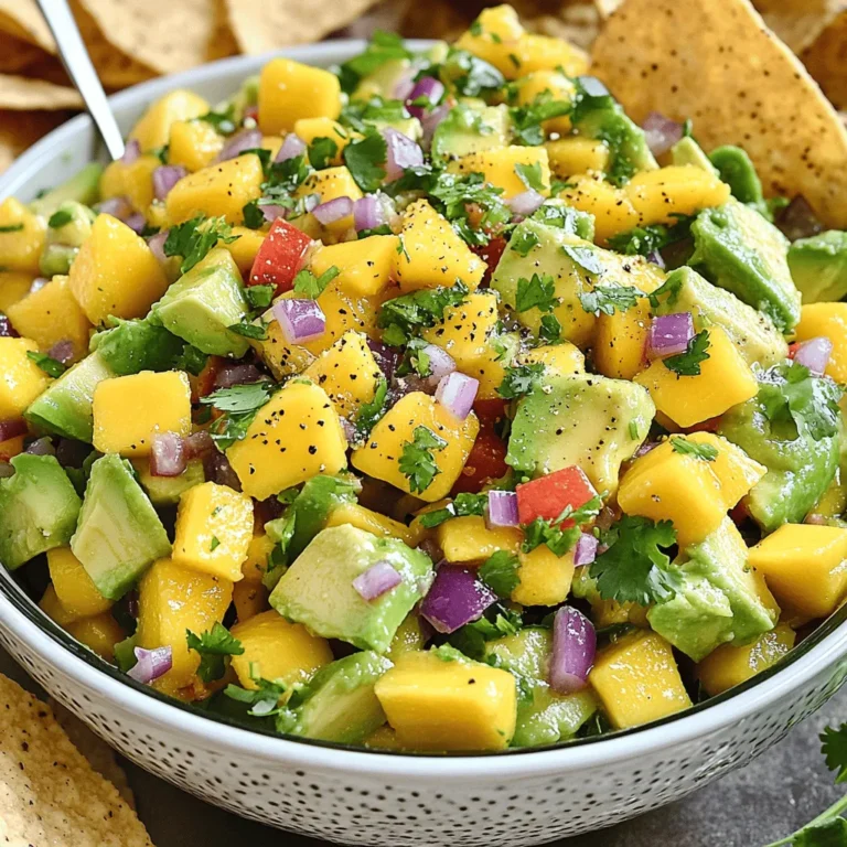 Mango Avocado Salsa is fresh and colorful. Here’s what you need: - Ripe mango - Ripe avocados - Red onion - Red bell pepper - Jalapeño pepper - Fresh cilantro - Lime juice - Olive oil - Salt and pepper Each ingredient adds its own flavor. The ripe mango gives it sweetness. Ripe avocados add creaminess. Red onion brings a nice crunch. Red bell pepper adds color and sweetness. Jalapeño gives a little kick. Fresh cilantro adds a bright touch. Lime juice adds zing. Olive oil gives it richness. Salt and pepper tie everything together. For the best taste, use fresh ingredients. Choose mangoes that are soft but not squishy. Avocados should also feel soft to the touch. Always taste your salsa before serving. Adjust the salt, pepper, or lime juice as needed. This simple recipe lets you enjoy vibrant flavors. You can find the Full Recipe for Mango Avocado Salsa at the start of this article. First, you need to prepare your ingredients. Start by dicing the mango into bite-sized pieces. Make sure it's ripe for the best flavor. Next, take the avocados and dice them into chunks. They should be soft but not mushy. Then, chop the red onion finely. This adds a nice crunch and flavor. After that, chop the red bell pepper into small pieces. This will add sweetness and color to your salsa. Lastly, mince the jalapeño. Remove the seeds if you want less heat. Now, it's time to mix everything together. In a large bowl, combine the diced mango and avocados. Next, add the chopped onion and bell pepper. Carefully fold in the minced jalapeño, tasting as you go. This way, you can control the spice level. After that, sprinkle in the chopped cilantro. Then, squeeze the juice of two limes into the bowl. Finally, drizzle in a tablespoon of olive oil. Now, you need to adjust the seasoning. Sprinkle salt and freshly ground black pepper to taste. Feel free to adjust the lime juice as well, based on your preference. Once seasoned, let the salsa rest for about ten minutes. This allows the flavors to meld together beautifully. Enjoy your fresh Mango Avocado Salsa! For the full recipe, check the section above. To make the best mango avocado salsa, choose ripe fruits. Look for mangoes that feel slightly soft when pressed. Their skin should have a vibrant color. The smell of a ripe mango is sweet and fruity. For avocados, check if they yield slightly to gentle pressure. A dark green color usually indicates ripeness. Avoid avocados with large dark spots, as they may be overripe. Want a mild salsa? Use less jalapeño. You can remove the seeds for less heat. If you like spice, add more jalapeño or even a dash of cayenne. Taste as you go, so you find the right balance. You can also add diced red chili for an extra kick. For a stunning look, serve the salsa in a colorful bowl. Use a white or bright bowl to make the colors pop. Garnish with extra cilantro leaves on top. Pair the salsa with crispy tortilla chips for a crunchy side. You can also use the salsa as a topping for grilled chicken or fish. This makes for a fun and tasty meal. For the full recipe, check the main section of this article. {{image_4}} Adding different ingredients can take your mango avocado salsa to new heights. You can try incorporating fruits like pineapple or peach. These fruits add a sweet twist and different textures. Pineapple brings a tangy zing, while peach adds a soft sweetness. Both fruits pair well with the creamy avocado and juicy mango. You can also experiment with different herbs. Fresh basil or mint can give a fresh flavor that brightens the dish. Just chop them finely and mix them in. These herbs can change the salsa's taste drastically, making it more unique. For dietary adjustments, making it vegan or gluten-free is easy. The original recipe is already vegan and gluten-free, as it uses fresh fruits and veggies. Just ensure your olive oil is pure if you are concerned about gluten. You can also look for low-sodium alternatives. Use fresh lime juice and herbs instead of salt to enhance flavors. This option keeps the dish flavorful while being heart-healthy. When it comes to serving ideas, this salsa shines with tacos or grilled meats. You can spoon it over chicken, fish, or even steak. It brightens any dish and adds a refreshing burst of flavor. You can also serve it with crunchy tortilla chips for a fun snack or appetizer. Try this full recipe for a delightful experience! Store your Mango Avocado Salsa in an airtight container. This keeps it fresh. You can refrigerate it for up to three days. After that, the ingredients may lose their taste and texture. Make sure to press plastic wrap against the salsa before sealing the container. This reduces air exposure, which can cause browning. To freeze your salsa, ladle it into freezer-safe bags. Remove as much air as possible before sealing them. Label each bag with the date. You can freeze it for up to three months. When you are ready to eat it, thaw the salsa overnight in the fridge. Stir it well before serving. The texture may change, but the flavor remains delicious. Check for signs of spoilage before using your salsa. If it smells off or has a sour odor, do not eat it. Look for discoloration or mold on the surface. If you see any of these signs, it’s best to discard the salsa. A fresh and tasty salsa should look bright and colorful. Trust your senses to determine its freshness. Mango Avocado Salsa lasts about 2 to 3 days in the fridge. To store it well, use an airtight container. This helps keep the flavors fresh. If you see browning on the avocado, just stir it in. It still tastes great! Yes, you can make Mango Avocado Salsa ahead of time! I recommend making it a few hours before your meal. This lets the flavors mix well. If you make it too early, the avocado may brown. To slow this down, add lime juice right before serving. Mango Avocado Salsa pairs well with many dishes. Here are some popular options: - Crispy tortilla chips - Grilled chicken or fish - Tacos and burritos - Salads or rice bowls For the full recipe and more ideas, check out the Full Recipe section! Mango Avocado Salsa is fresh, vibrant, and full of flavor. We discussed the ingredients and how to prepare them. You learned how to mix them and adjust the taste. Remember to choose ripe fruits for the best results. Feel free to get creative with variations and serve it with your favorite dishes. Proper storage helps keep it fresh longer. This salsa is a versatile treat that can fit many meals. Enjoy making this delightful dish!