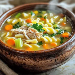 - Chicken broth - Vegetables (onion, carrots, celery) - Seasonings (thyme, rosemary) To make classic chicken noodle soup, you need a few key ingredients. Chicken broth provides a rich base. It adds depth and flavor. Fresh vegetables like onion, carrots, and celery add color and nutrition. Each brings its unique taste to the soup. Thyme and rosemary are the perfect seasonings. They bring warmth and earthiness to every spoonful. - Fresh spinach - Garnishing options (parsley) You can add fresh spinach for a burst of green. It also adds vitamins. If you want to make your soup look pretty, use parsley as a garnish. It adds a nice pop of color. - Large pot - Stirring utensils For this recipe, you need a large pot. It holds all the ingredients as they cook together. A good stirring utensil is also important. This will help mix everything without damaging your pot. For the complete recipe, check out the Full Recipe section. - Sautéing the vegetables: Start by heating 1 tablespoon of olive oil in a large pot over medium heat. Once the oil is warm, add the diced onion, sliced carrots, and sliced celery. Sauté these veggies for about 5 minutes. Stir them often until they soften and the onion turns clear. - Adding garlic: After the vegetables are ready, stir in 3 minced garlic cloves. Cook for about 1 minute until the garlic smells great. Be careful not to let it brown, as that can change the flavor. - Incorporating broth and chicken: Pour in 8 cups of low-sodium chicken broth. Bring the mixture to a roll. Once it boils, reduce the heat to low. Add 2 cups of shredded chicken and season with 1 teaspoon of dried thyme and 1 teaspoon of dried rosemary. Don’t forget to add salt and pepper to taste! - Simmering and adding egg noodles: Stir well to mix all the ingredients. Let the soup simmer for about 10 to 12 minutes. This is when the egg noodles will cook. Stir occasionally to make sure nothing sticks to the bottom. - Adding spinach and adjusting seasoning: If you want to add some color and nutrition, stir in 1 cup of fresh spinach. Let it cook for an extra 2 to 3 minutes. Taste the soup and adjust the salt and pepper if needed. - Serving suggestions: Ladle the hot soup into bowls. For a nice finish, sprinkle some fresh parsley on top. This adds flavor and makes the dish look pretty. Enjoy your warm, comforting bowl of chicken noodle soup! Check the Full Recipe for more details. Using fresh herbs makes a big difference. Fresh thyme and rosemary give a bright taste. They also add more aroma to your soup. Dried herbs can work too, but use less. About a third of the amount is a good start. To boost umami flavor, add a splash of soy sauce or a spoon of miso. You can also use a bit of nutritional yeast for a deep, savory taste. These small changes can make your soup feel richer and more satisfying. You can switch the chicken for other proteins. Turkey or even tofu work well. Both options give a unique flavor to the dish. If you want a lighter soup, you can use fish. For those who need gluten-free options, use rice noodles or quinoa instead of egg noodles. Both choices make your soup tasty and keep it gluten-free. Using rotisserie chicken is a game-changer. It cuts down cooking time and adds depth to the flavor. Just shred the chicken and add it to the pot. You can also prep ahead. Chop your veggies the night before. Store them in the fridge to save time. This way, you can throw everything in the pot quickly. For more details, check out the Full Recipe. {{image_4}} To make creamy chicken noodle soup, add cream or milk. You can use heavy cream, half-and-half, or whole milk. Start with one cup and then adjust if needed. This change makes the soup rich and smooth. You may want to cut back on chicken broth slightly to keep the flavor balanced. It’s all about finding the right mix that works for you. For a vegetable chicken noodle soup, add more veggies. Think peas, corn, or green beans. You can also add kale or zucchini for extra nutrition. If you want a vegetarian version, replace chicken with cooked beans or lentils. Use vegetable broth instead of chicken broth, and keep the rest of the recipe the same. This makes a hearty dish that everyone can enjoy. If you like heat, try a spicy chicken noodle soup. You can add spices like red pepper flakes or cayenne pepper. A splash of hot sauce can also do the trick. Start small, then taste and add more until it’s just right for you. This change transforms the flavor profile and gives your soup an exciting kick. After making your chicken noodle soup, let it cool before storage. Use an airtight container to keep it fresh. Aim to refrigerate the soup within two hours of cooking. This helps prevent bacteria growth. For best taste, eat the leftovers within three to four days. If you want to save it for longer, freeze the soup. Portion it into freezer-safe bags or containers. Leave some space at the top for expansion when freezing. Your chicken noodle soup can last for up to three months in the freezer. When you’re ready to enjoy your leftovers, reheating is key. Use a pot on the stove for even heat. Slowly warm the soup over medium heat. Stir it often to keep it from sticking. This helps maintain the soup's great flavor and texture. If you use the microwave, heat it in short intervals. Stir the soup between intervals to prevent hot spots. Be careful with the noodles; overcooking them can make them mushy. Aim to heat just until warm, not boiling. In the fridge, your chicken noodle soup lasts three to four days. Keep an eye on its smell and color. If you notice any off smell or change in color, it’s best to throw it away. Signs of spoilage include a sour smell or mold. Always trust your senses. When in doubt, toss it out! Enjoy your healing comfort chicken noodle soup, and remember to check the Full Recipe for a delightful experience! Using rotisserie chicken is great for flavor and time. It’s tender and seasoned well. Raw chicken takes longer to cook but allows for more control over the taste. If you use raw chicken, add it to the pot early and let it cook fully before shredding. This method makes a rich broth from the bones, enhancing the soup's flavor. Yes, frozen vegetables can work well in your soup. They save time and are often pre-cut. However, they may lack some crunch and fresh taste. If you choose frozen, add them in the last few minutes of cooking. This way, they will warm up without overcooking. Fresh veggies bring a nice texture, but frozen can be a quick option. To thicken your soup, you can mash some of the noodles or add a little cornstarch mixed with water. Another option is to let it simmer longer to reduce the liquid. You can also add a small amount of cream for a richer texture. Just remember, thickening should not overpower the broth's flavor. Yes, chicken noodle soup is generally healthy. It can provide protein from the chicken and vitamins from the veggies. The broth is hydrating, and homemade soup has fewer additives than store-bought. Using low-sodium broth can reduce sodium intake. This recipe is balanced, making it a nourishing choice. Absolutely! To make it in a slow cooker, add all your ingredients, including raw chicken, to the pot. Cook on low for 6-8 hours or high for 3-4 hours. After cooking, shred the chicken and add the noodles for the last 30 minutes. This method lets the flavors blend nicely and is perfect for busy days. For the full recipe, check out Healing Comfort Chicken Noodle Soup. This blog post covered how to make chicken noodle soup from start to finish. We explored key ingredients like chicken broth and fresh veggies. I shared tips for flavor, customizations, and quick prep methods. You can create different variations, like creamy or spicy soups, to suit your taste. Always store and reheat your soup properly for best results. Remember, homemade chicken noodle soup is not just a meal; it’s comfort in a bowl. Enjoy your cooking journey!