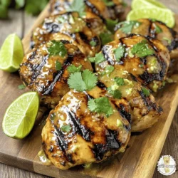 To make coconut lime chicken, I use these main ingredients: - 4 boneless, skinless chicken breasts - 1 can (13.5 oz) coconut milk - 2 tablespoons freshly squeezed lime juice - Zest of 1 lime (about 1 tablespoon) - 3 cloves garlic, finely minced - 1 tablespoon fresh ginger, freshly grated - 1 teaspoon ground coriander - 1 teaspoon ground cumin - 1 teaspoon sea salt - ½ teaspoon freshly ground black pepper - 2 tablespoons extra virgin olive oil These ingredients blend well, creating a bright and tasty dish. The coconut milk adds creaminess, while lime juice gives a fresh zing. Garlic and ginger add warmth and depth to the flavor. I like to serve coconut lime chicken with some fun garnishes and sides. Consider these options: - Fresh cilantro leaves for garnish - Lime wedges for serving - Coconut rice for a tropical twist - Cucumber salad for a refreshing crunch These garnishes and sides enhance the meal and make it pop on the plate. They also add more layers of flavor. If you don't have some ingredients, here are some easy swaps you can make: - Use chicken thighs instead of breasts for a juicier bite. - Swap lime juice with lemon juice if needed. - Coconut cream can replace coconut milk for a richer taste. - You can use garlic powder and ginger powder if fresh isn’t on hand. These substitutions keep the recipe flexible and fun. You can still enjoy great flavor with what you have at home. For the complete method, check the Full Recipe. To start, gather your ingredients. You will need coconut milk, lime juice, lime zest, minced garlic, grated ginger, ground coriander, ground cumin, sea salt, and black pepper. In a large bowl, mix these items well. Whisk until everything blends smoothly. This will be your marinade. It will give the chicken great flavor. Next, take your boneless, skinless chicken breasts. Place them into the bowl with the marinade. Make sure each piece is coated well. Cover the bowl with plastic wrap. Place it in the fridge for at least 30 minutes. For the best taste, let it marinate for up to 4 hours. This time allows the chicken to soak in all those yummy flavors. Before you grill, preheat your grill or grill pan. Set it to medium-high heat about 10 minutes ahead of time. Once hot, brush the grill with olive oil. This helps prevent the chicken from sticking. After marinating, take the chicken out of the bowl. Let the extra marinade drip off. Place the chicken on the grill. Cook it for about 6-7 minutes on each side. Check the chicken with a meat thermometer. It should reach 165°F (75°C). You want it nice and golden brown. For the sauce, take the reserved marinade and pour it into a small saucepan. Bring it to a gentle boil over medium heat and then simmer for about 5 minutes. This will help thicken the sauce and enhance the flavor. After grilling, let the chicken rest for a few minutes. This keeps it juicy. Slice it into strips, drizzle with the sauce, and garnish with fresh cilantro. Enjoy your meal! You can find the Full Recipe for more details. To grill chicken perfectly, start with even thickness. Pound the breasts to make them uniform. This helps them cook evenly. Always preheat your grill. Aim for medium-high heat, around 400°F (200°C). Oil the grill grates to prevent sticking. Grill each side for 6-7 minutes. Use a meat thermometer to check for 165°F (75°C). Let the chicken rest after cooking. This keeps it juicy and tender. The marinade for Coconut Lime Chicken is key. You can boost its taste by adding fresh herbs. Try adding chopped mint or basil for a fresh twist. A dash of chili flakes can add a nice kick. If you like a sweeter profile, add a teaspoon of honey. Let the chicken marinate for at least 30 minutes, but longer is better. Up to 4 hours allows flavors to soak in deep. Presentation matters when serving Coconut Lime Chicken. Slice the chicken into strips for a beautiful look. Drizzle the thickened sauce over the top for shine. Garnish with fresh cilantro leaves for color. Serve on a vibrant platter to catch the eye. Pair with lime wedges for a zesty touch. Add coconut rice or a fresh salad for a complete meal. This dish not only tastes great but looks stunning too! {{image_4}} To add some heat, mix in red pepper flakes or chopped jalapeños. These additions give the dish a spicy kick. Start with half a teaspoon of red pepper flakes. Taste and adjust as you go. This way, you can control the heat to your liking. You can also make this dish in the oven. After marinating the chicken, preheat the oven to 400°F (200°C). Place the chicken in a baking dish and pour the marinade over it. Bake for 25-30 minutes. Make sure the chicken reaches 165°F (75°C) inside. This method keeps it juicy and tender. For a plant-based option, use tofu or tempeh. Press the tofu to remove excess water. Then, cut it into cubes or slices. Marinate as you would the chicken. Grill or bake until golden brown. This way, you still enjoy the great flavors of coconut and lime. You can also serve it over quinoa or rice for a complete meal. You can find the Full Recipe for more detailed steps. After you enjoy your Coconut Lime Chicken, store leftovers right away. Place the chicken in an airtight container. This keeps it fresh and safe. Make sure to cool it to room temperature first. You can store it in the fridge for up to three days. If you want to keep it longer, consider freezing it. When you’re ready to enjoy the leftovers, reheating is easy. You can use the oven or microwave. For the oven, preheat it to 350°F (175°C). Place the chicken in a baking dish and cover it with foil. Heat for about 15-20 minutes until warm. In the microwave, heat on medium power for 2-3 minutes. Check it often to avoid overcooking. If you want to freeze Coconut Lime Chicken, it’s simple. Wrap it tightly in plastic wrap, then place it in a freezer bag. Remove as much air as you can. This helps prevent freezer burn. You can freeze it for up to three months. When you’re ready to eat, thaw it overnight in the fridge. Then, reheat as described above. Enjoy the fresh flavors later with ease! To make Coconut Lime Chicken gluten-free, ensure all your ingredients are gluten-free. Use gluten-free soy sauce if you want to add a salty flavor. The coconut milk and spices are naturally gluten-free, so they work well. Always check the labels on your ingredients to confirm. This way, everyone can enjoy this tasty dish! Yes, you can use chicken thighs instead of breasts. Thighs have more fat, which makes them juicy. They also have a rich flavor that pairs well with the coconut and lime. Just adjust the cooking time since thighs may take a bit longer to cook through. Aim for an internal temperature of 165°F (75°C) to ensure they are safe to eat. Coconut Lime Chicken goes well with many sides. Here are some great options: - Coconut rice for a tropical vibe - Fresh cucumber salad for crunch - Grilled vegetables for color - Quinoa for a healthy boost - A light mango salsa for sweetness These pairings will enhance your meal and make it feel special. For the full recipe, check out the earlier sections! This blog post covered the essentials for making Coconut Lime Chicken. We explored main ingredients, side dishes, and tasty variations. I shared tips for marinating, grilling, and storing your chicken. You can easily adapt recipes for gluten-free or vegetarian diets. Enjoying Coconut Lime Chicken is simple and fun. Remember, with the right ingredients and steps, your dish will shine at any meal. Keep experimenting with flavors to find your perfect taste. Now, let’s get cooking!