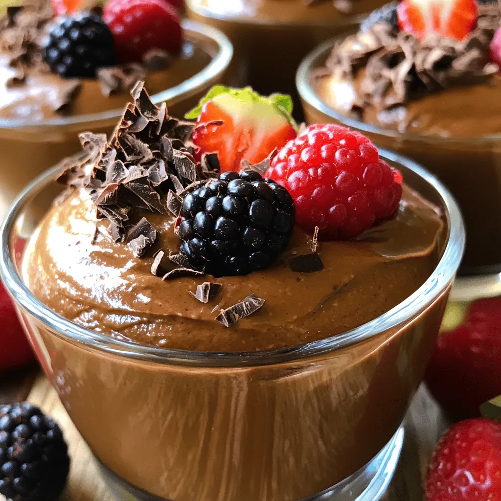 To create a rich and creamy chocolate avocado mousse, gather these essential ingredients: - 2 ripe avocados, peeled and pitted - 1/4 cup unsweetened cocoa powder - 1/4 cup maple syrup or honey - 1/4 cup almond milk (or your preferred milk) - 1 teaspoon vanilla extract - A pinch of sea salt These ingredients work together to create a delicious, smooth dessert. Avocados provide a creamy base, while cocoa powder adds a deep chocolate flavor. Sweeteners like maple syrup or honey give it just the right amount of sweetness. Almond milk keeps it light and smooth. You can swap out the sweeteners for different flavors. Here are some options: - Agave nectar - Coconut sugar - Stevia Each sweetener has a unique taste. Agave nectar is mild, while coconut sugar adds a hint of caramel. Stevia is a zero-calorie option if you want to cut sugar. Feel free to adjust the amount based on your taste. Garnishing adds a nice touch to your mousse. Consider these ideas: - Dark chocolate shavings - Fresh berries (like raspberries or strawberries) - Mint leaves Dark chocolate shavings look elegant and enhance the chocolate flavor. Fresh berries add color and freshness. Mint leaves give a pop of green and a refreshing taste. You can mix and match these garnishes to suit your style. For the full recipe, check out the details above. First, you need ripe avocados. Make sure they are soft. Cut them in half, remove the pit, and scoop the flesh into your food processor. This step sets the base for your mousse. Next, add cocoa powder, maple syrup, almond milk, vanilla, and sea salt. Blend these ingredients on high speed. Keep blending until the mixture is smooth and creamy. If it seems too thick, add a bit more almond milk. Taste it! If you want it sweeter, add more maple syrup. Once blended, transfer the mousse into bowls or cups. Chill them in the fridge for at least 30 minutes. This helps the flavors blend better. For serving, you can garnish with dark chocolate shavings. Fresh berries add color and flavor too. Enjoy this creamy delight! For the full recipe, check the section above. To get the best creamy mousse, start with ripe avocados. They should be soft but not brown. When blending, use a high-speed blender or food processor. This helps break down the avocados fully. If the mousse seems too thick, just add a bit more almond milk. Blend again until it’s smooth. Aim for a silky texture that feels light. Taste is key when making this mousse. After blending, always taste it. If you want more sweetness, add a little more maple syrup or honey. Blend it well, then taste again to check. You can keep adjusting until it’s just right for you. Remember, you can always add more, but you can’t take it out! Presentation makes your dessert look inviting. Use clear glass cups to show off the rich color of the mousse. Top each serving with dark chocolate shavings for a touch of elegance. Fresh berries add color and a burst of flavor. You can also add mint leaves for a fresh look. These small touches make a big difference on the plate. {{image_4}} You can easily make this mousse vegan. Simply use maple syrup instead of honey. Almond milk is a great choice, but any plant-based milk works well. I often use coconut milk for a creamier texture. This keeps the mousse rich while making it dairy-free. You won’t miss the cream at all! Want to add more flavor? You can mix in spices like cinnamon or nutmeg. A pinch of cayenne pepper gives it a tasty kick! You can also boost the flavor with extracts. Try almond or peppermint extract for a fun twist. Just a drop or two can change the whole dessert! Pair this mousse with other sweet treats. It goes perfectly with fruit salads or cookies. You can layer it with granola for a crunchy texture. If you want a more decadent dessert, serve it with chocolate cake. Each bite will be a creamy and rich delight. For more ideas, check the Full Recipe for inspiration! To keep your chocolate avocado mousse fresh, store it in an airtight container. This will help prevent it from absorbing other flavors in your fridge. I find that covering the top with plastic wrap can also keep the mousse from browning. Make sure to press the wrap directly onto the surface of the mousse. Refrigeration is the best option for short-term storage. The mousse stays creamy and tasty for a few days. If you need to store it longer, freezing is an option, but it may change the texture. The mousse can become grainy once thawed. When freezing, use a freezer-safe container and leave some space for expansion. In the fridge, your chocolate avocado mousse lasts about 3 to 5 days. If you freeze it, it can last up to 2 months. However, for the best taste and texture, eat it within the first month. If you want to enjoy all the flavors from the Full Recipe, try to finish it sooner rather than later! Avocados are full of good fats. These fats help your heart stay healthy. They also have vitamins like E and K. These vitamins help your skin glow and your body work better. Plus, avocados have fiber. Fiber helps your digestion and makes you feel full. Using avocados in desserts like chocolate mousse adds health and taste. Yes, you can use other types of milk! Almond milk is great, but so is coconut milk. If you like oat milk or soy milk, those work too. Each milk gives a bit of its flavor to the mousse. Choose the one you enjoy most. Just make sure it is unsweetened for the best taste. Definitely! You can make this mousse a day or two in advance. Just store it in the fridge. Cover it with plastic wrap or a lid. This keeps it fresh and tasty. The flavors may even deepen after sitting. Just remember to garnish it right before serving. To make the mousse less sweet, use less maple syrup or honey. You can also add more cocoa powder. This gives a rich chocolate flavor without the extra sugar. Taste as you blend. Adjust until it’s just right for you. Enjoy your creamy treat without too much sweetness! This blog post covered how to make delicious Chocolate Avocado Mousse. We explored the key ingredients, including essential avocado and sweeteners. I shared tips for perfecting the texture and adjusting sweetness. You saw fun ways to present your dessert and variations for every taste. In the end, this mousse is tasty and simple. Enjoy it as a healthy treat today!