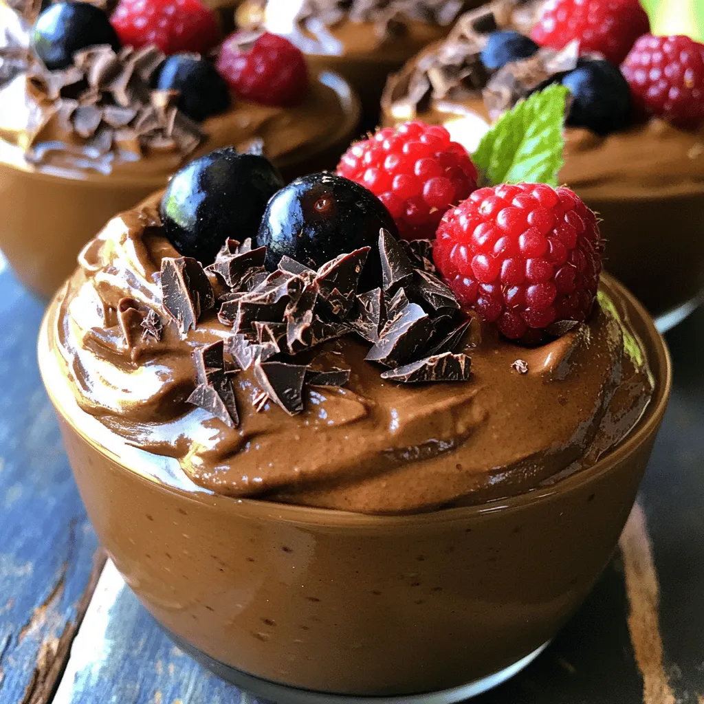 To create a rich and creamy chocolate avocado mousse, gather these essential ingredients: - 2 ripe avocados, peeled and pitted - 1/4 cup unsweetened cocoa powder - 1/4 cup maple syrup or honey - 1/4 cup almond milk (or your preferred milk) - 1 teaspoon vanilla extract - A pinch of sea salt These ingredients work together to create a delicious, smooth dessert. Avocados provide a creamy base, while cocoa powder adds a deep chocolate flavor. Sweeteners like maple syrup or honey give it just the right amount of sweetness. Almond milk keeps it light and smooth. You can swap out the sweeteners for different flavors. Here are some options: - Agave nectar - Coconut sugar - Stevia Each sweetener has a unique taste. Agave nectar is mild, while coconut sugar adds a hint of caramel. Stevia is a zero-calorie option if you want to cut sugar. Feel free to adjust the amount based on your taste. Garnishing adds a nice touch to your mousse. Consider these ideas: - Dark chocolate shavings - Fresh berries (like raspberries or strawberries) - Mint leaves Dark chocolate shavings look elegant and enhance the chocolate flavor. Fresh berries add color and freshness. Mint leaves give a pop of green and a refreshing taste. You can mix and match these garnishes to suit your style. For the full recipe, check out the details above. First, you need ripe avocados. Make sure they are soft. Cut them in half, remove the pit, and scoop the flesh into your food processor. This step sets the base for your mousse. Next, add cocoa powder, maple syrup, almond milk, vanilla, and sea salt. Blend these ingredients on high speed. Keep blending until the mixture is smooth and creamy. If it seems too thick, add a bit more almond milk. Taste it! If you want it sweeter, add more maple syrup. Once blended, transfer the mousse into bowls or cups. Chill them in the fridge for at least 30 minutes. This helps the flavors blend better. For serving, you can garnish with dark chocolate shavings. Fresh berries add color and flavor too. Enjoy this creamy delight! For the full recipe, check the section above. To get the best creamy mousse, start with ripe avocados. They should be soft but not brown. When blending, use a high-speed blender or food processor. This helps break down the avocados fully. If the mousse seems too thick, just add a bit more almond milk. Blend again until it’s smooth. Aim for a silky texture that feels light. Taste is key when making this mousse. After blending, always taste it. If you want more sweetness, add a little more maple syrup or honey. Blend it well, then taste again to check. You can keep adjusting until it’s just right for you. Remember, you can always add more, but you can’t take it out! Presentation makes your dessert look inviting. Use clear glass cups to show off the rich color of the mousse. Top each serving with dark chocolate shavings for a touch of elegance. Fresh berries add color and a burst of flavor. You can also add mint leaves for a fresh look. These small touches make a big difference on the plate. {{image_4}} You can easily make this mousse vegan. Simply use maple syrup instead of honey. Almond milk is a great choice, but any plant-based milk works well. I often use coconut milk for a creamier texture. This keeps the mousse rich while making it dairy-free. You won’t miss the cream at all! Want to add more flavor? You can mix in spices like cinnamon or nutmeg. A pinch of cayenne pepper gives it a tasty kick! You can also boost the flavor with extracts. Try almond or peppermint extract for a fun twist. Just a drop or two can change the whole dessert! Pair this mousse with other sweet treats. It goes perfectly with fruit salads or cookies. You can layer it with granola for a crunchy texture. If you want a more decadent dessert, serve it with chocolate cake. Each bite will be a creamy and rich delight. For more ideas, check the Full Recipe for inspiration! To keep your chocolate avocado mousse fresh, store it in an airtight container. This will help prevent it from absorbing other flavors in your fridge. I find that covering the top with plastic wrap can also keep the mousse from browning. Make sure to press the wrap directly onto the surface of the mousse. Refrigeration is the best option for short-term storage. The mousse stays creamy and tasty for a few days. If you need to store it longer, freezing is an option, but it may change the texture. The mousse can become grainy once thawed. When freezing, use a freezer-safe container and leave some space for expansion. In the fridge, your chocolate avocado mousse lasts about 3 to 5 days. If you freeze it, it can last up to 2 months. However, for the best taste and texture, eat it within the first month. If you want to enjoy all the flavors from the Full Recipe, try to finish it sooner rather than later! Avocados are full of good fats. These fats help your heart stay healthy. They also have vitamins like E and K. These vitamins help your skin glow and your body work better. Plus, avocados have fiber. Fiber helps your digestion and makes you feel full. Using avocados in desserts like chocolate mousse adds health and taste. Yes, you can use other types of milk! Almond milk is great, but so is coconut milk. If you like oat milk or soy milk, those work too. Each milk gives a bit of its flavor to the mousse. Choose the one you enjoy most. Just make sure it is unsweetened for the best taste. Definitely! You can make this mousse a day or two in advance. Just store it in the fridge. Cover it with plastic wrap or a lid. This keeps it fresh and tasty. The flavors may even deepen after sitting. Just remember to garnish it right before serving. To make the mousse less sweet, use less maple syrup or honey. You can also add more cocoa powder. This gives a rich chocolate flavor without the extra sugar. Taste as you blend. Adjust until it’s just right for you. Enjoy your creamy treat without too much sweetness! This blog post covered how to make delicious Chocolate Avocado Mousse. We explored the key ingredients, including essential avocado and sweeteners. I shared tips for perfecting the texture and adjusting sweetness. You saw fun ways to present your dessert and variations for every taste. In the end, this mousse is tasty and simple. Enjoy it as a healthy treat today!