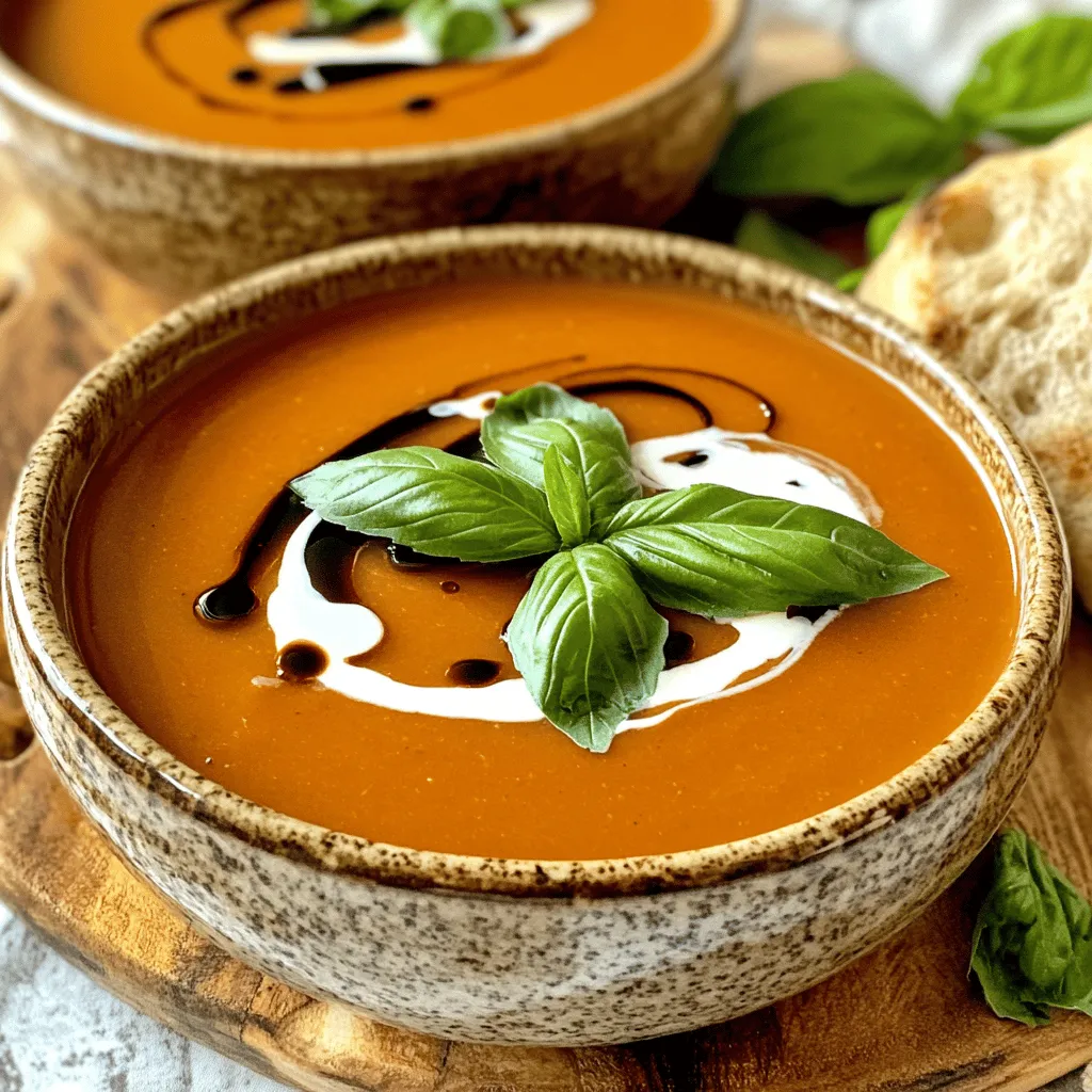 To make a tasty creamy tomato basil soup, you need these simple ingredients: - 2 tablespoons extra virgin olive oil - 1 medium onion, finely chopped - 4 cloves garlic, minced - 1 can (28 ounces) high-quality crushed tomatoes - 2 cups vegetable broth (preferably low-sodium) - 1 teaspoon granulated sugar - 1 teaspoon dried oregano - Salt and freshly ground black pepper to taste - 1 cup heavy cream (or substitute with coconut cream for a dairy-free version) - 1/2 cup fresh basil leaves, roughly chopped - Optional: A drizzle of balsamic glaze for an elegant finishing touch Using fresh and high-quality ingredients makes a big difference. Fresh basil adds a bright flavor. High-quality tomatoes give your soup a rich taste. If you want a twist, consider using coconut cream for a dairy-free version. This soup is versatile, and you can change it based on what you like. Making creamy tomato basil soup is simple and fun. Follow these easy steps to create a rich and flavorful delight. - Start by warming 2 tablespoons of extra virgin olive oil in a large pot over medium heat. - When the oil is hot, add 1 medium onion, finely chopped. Sauté for 5-7 minutes until the onion is soft and translucent. - Next, add 4 cloves of minced garlic. Cook for 1-2 minutes until fragrant. - Carefully pour in 1 can (28 ounces) of high-quality crushed tomatoes and 2 cups of vegetable broth. Stir well to mix everything. - Season the soup with 1 teaspoon of granulated sugar, 1 teaspoon of dried oregano, and salt and pepper to taste. Bring the soup to a gentle simmer. Let it cook uncovered for about 15 minutes. This time helps the flavors blend nicely. - After simmering, use an immersion blender to purée the soup until smooth. If you don’t have one, carefully transfer the soup to a countertop blender. Always let steam escape to prevent splattering. - Pour the smooth soup back into the pot and stir in 1 cup of heavy cream. Heat it over low heat until warm, but do not let it boil. - Finally, remove the pot from heat and fold in 1/2 cup of roughly chopped fresh basil. Taste the soup and add more salt or pepper if needed. - Serve hot and enjoy the rich flavors of this creamy tomato basil soup, inspired by the Full Recipe. To make your creamy tomato basil soup stand out, start with sautéing. Use extra virgin olive oil to heat a pot over medium heat. Add finely chopped onions first. Sauté them for about 5-7 minutes. This process softens the onion and brings out its natural sweetness. Next, toss in minced garlic. Sauté until fragrant, about 1-2 minutes. Be careful not to burn the garlic; it can turn bitter. For blending, an immersion blender works best. It lets you purée the soup right in the pot. If you don’t have one, use a countertop blender. Just remember to let steam escape. This will prevent splatters and messes. Blend until smooth for that perfect creamy texture. If you want a dairy-free option, use coconut cream instead of heavy cream. It adds a subtle sweetness that pairs well with tomatoes. You can also play with flavors by adding herbs. Try fresh thyme or a pinch of red pepper flakes for a kick. These small changes can create a unique twist on the classic recipe. Garnishing your soup can enhance its look and taste. Use whole basil leaves for a fresh touch. A delicate swirl of cream can add elegance. For a complete meal, serve with crusty bread. It soaks up the soup perfectly. Pairing these two makes for a cozy dining experience. {{image_4}} You can spice up your creamy tomato basil soup easily. Adding red pepper flakes brings heat and warmth. Start with a pinch. Taste as you go to find your perfect level of spice. For an Italian twist, try adding Italian herbs. Think thyme or rosemary to enhance the flavor. A few dried basil leaves can also add depth. If you want a vegan version, you can use coconut cream instead of heavy cream. This keeps it rich without dairy. You can also add tofu or chickpeas for protein. They mix well and add texture. Another tasty option is to use almond milk. It provides a lighter touch. You can also add nutritional yeast for a cheesy flavor. In spring, add fresh peas or asparagus for a bright twist. In summer, diced zucchini or bell peppers can add crunch. For fall, consider adding roasted pumpkin or butternut squash. They give a sweet, earthy flavor. You can even adjust the spices to include cinnamon or nutmeg for warmth. Using seasonal veggies keeps the soup fresh and exciting. Don’t forget to check the [Full Recipe] for more tips! To keep your creamy tomato basil soup fresh, store it in an airtight container. It will last in the fridge for up to one week. Make sure it cools down before sealing the container. For longer storage, freeze the soup. Pour it into freezer-safe bags or containers, leaving some space for expansion. This way, you can enjoy it for up to three months. When reheating, use the stove for best results. Pour the soup into a pot over low heat. Stir it often to keep the texture smooth. If you use a microwave, heat it in short bursts. Stir between each burst to avoid hot spots. To prevent the cream from separating, lower the heat and stir gently. This keeps the soup creamy and delicious. You can make the soup ahead of time. This is great for meal prep. Just store it in the fridge until you are ready to serve. Before serving, warm the soup and add fresh basil. This last-minute touch brightens the flavors. You can also drizzle balsamic glaze for a fancy finish, making it look and taste gourmet. Enjoy your delightful bowl! Creamy Tomato Basil Soup lasts about five days in the fridge. Store it in an airtight container. Make sure to cool it first before putting it away. If you want it to last longer, consider freezing it. It can stay good for up to three months in the freezer. Just make sure to label the container with the date. Yes, you can use fresh tomatoes. They give a bright flavor to the soup. You’ll need about 2 pounds of fresh tomatoes. First, you will need to peel and chop them. This can take more time than using canned tomatoes, but the taste is worth it. If you want a sweeter flavor, add a bit more sugar. Yes, this soup is gluten-free. The ingredients do not contain any gluten. Just make sure your vegetable broth is also gluten-free. Many brands offer gluten-free options. Always check the label to be safe. Enjoy this soup without worry! This blog post offers a clear guide to making a delicious creamy tomato basil soup. We covered important ingredients, step-by-step instructions, and helpful tips. You learned how to customize the recipe with variations and substitutions. Remember, good cooking comes from following these steps and using fresh ingredients. Enjoy the rich flavor and comfort of this soup with loved ones. Your kitchen is now a great place for creating warm memories!
