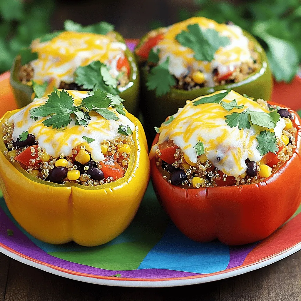 - 4 large bell peppers (any color) - 1 cup quinoa, rinsed - 2 cups vegetable broth - 1 can (15 oz) black beans, drained and rinsed - 1 cup corn kernels (fresh or frozen) - 1 teaspoon ground cumin - 1 teaspoon smoked paprika - 1/2 teaspoon chili powder - Salt and pepper to taste - 1 medium red onion, diced - 2 cloves garlic, minced - 1 cup diced tomatoes (canned or fresh) - 1 cup shredded cheese (cheddar or blend) - 2 tablespoons olive oil - Fresh cilantro for garnish When you gather these ingredients, you set the stage for a tasty meal. The bell peppers can be any color you like. Each color brings a unique touch. Rinsing the quinoa removes its bitter coating. Using vegetable broth adds depth to the flavor. The black beans and corn give a nice texture. Spices are key! Cumin adds warmth, while smoked paprika offers a subtle smokiness. The chili powder gives a little kick, and salt and pepper round out the flavors. Chop the onion and mince the garlic. These will create a great base for your filling. The diced tomatoes keep everything moist and fresh. Cheese adds creaminess, and olive oil helps everything cook nicely. Finally, cilantro sprinkles on top bring a fresh finish. For the full recipe, be sure to check out the Vibrant Fiesta Stuffed Bell Peppers. This dish is not just easy; it’s also full of flavor! First, you need to preheat your oven to 375°F (190°C). This step is key to getting your stuffed peppers nice and warm. Next, take your large bell peppers and cut off the tops. Make sure to remove the seeds and membranes inside. This helps the peppers cook evenly. Lightly brush the outside of the peppers with olive oil. This gives them a nice flavor and helps them brown. In a medium saucepan, bring 2 cups of vegetable broth to a boil. This broth adds great flavor to the quinoa. Once boiling, add 1 cup of rinsed quinoa. Reduce the heat to low and cover the pot. Let the quinoa simmer for about 15 minutes. After this time, the quinoa should absorb all the liquid. Fluff it gently with a fork and set it aside. This fluffy texture is perfect for your stuffing. In a large skillet, heat 2 tablespoons of olive oil over medium heat. Add 1 diced red onion and sauté it for about 3 to 4 minutes. The onion should turn translucent. Then, add 2 minced garlic cloves. Cook for an extra minute until the garlic smells great. Now it’s time to stir in the filling ingredients. Add 1 can of black beans, 1 cup of corn, 1 cup of diced tomatoes, the cooked quinoa, and your spices: 1 teaspoon of ground cumin, 1 teaspoon of smoked paprika, and 1/2 teaspoon of chili powder. Mix everything well and cook for another 5 to 7 minutes. This step lets the flavors blend together nicely. Now, it's time to fill the bell peppers. Spoon the stuffing mixture into each pepper. Pack it in lightly but evenly. Top each pepper with the remaining shredded cheese. This creates a delicious cheesy crust when baked. Cover the baking dish with aluminum foil. This helps keep the moisture in while baking. Bake the peppers for 25 minutes. After that, uncover them and bake for another 10 to 15 minutes. You’ll know they are done when the peppers are tender and the cheese is bubbly and golden brown. Enjoy your vibrant fiesta stuffed bell peppers! For the full recipe, check the earlier section. When you pick bell peppers, look for bright colors. Choose peppers that feel firm and heavy. Check for smooth skin without wrinkles or blemishes. A fresh pepper has a sweet smell. If you find peppers with a few small spots, that’s fine. Just avoid any with soft spots or large dark areas. These signs can mean the pepper is old. For the stuffing, balance is key. Use both soft and crunchy ingredients. The quinoa gives a nice base, while black beans add creaminess. Corn brings sweetness, and spices add warmth. Mix in diced tomatoes for moisture and flavor. You can add a bit of cheese for richness. Taste as you mix. Adjust salt and pepper to your liking. Make sure the filling is not too wet or dry. A good stuffing holds together but is not packed too tight. You can bake or air fry stuffed peppers, depending on your taste. Baking gives a soft texture, while air frying makes them crisp. If you bake, cover them for the first part to keep moisture. Uncovering helps the cheese brown nicely. For air frying, set the temperature to 360°F (182°C) and cook for about 15-20 minutes. Both methods are tasty and easy to use. Each option will give you delicious stuffed peppers. For the full recipe, check out the guide above. {{image_4}} For a vegetarian or vegan twist, swap the quinoa for brown rice or couscous. Both will fill the peppers well and add a nice texture. Instead of cheese, use nutritional yeast for a cheesy flavor. You can also add mashed avocado on top for creaminess. These small changes keep the dish tasty and satisfying. To make meat-filled peppers, just add ground meat or poultry to the mix. Brown one pound of ground beef, turkey, or chicken in the skillet before adding other ingredients. This adds a hearty flavor and protein. Mix the meat with the beans, corn, and spices for a rich filling. For a spicy kick, add chopped jalapeños or red pepper flakes to the filling. You can also mix in a teaspoon of hot sauce for extra heat. If you enjoy smoky flavors, try smoked paprika too. These spicy twists make the dish exciting and full of flavor. For more details, check the Full Recipe. To keep your stuffed bell peppers fresh, store them in the fridge. Place the peppers in an airtight container. They will stay good for up to four days. If you want to save them longer, freezing is a great option. Wrap each stuffed pepper tightly in plastic wrap. Then, put them in a freezer-safe bag. They can last up to three months in the freezer. When you're ready to eat, just thaw them overnight in the fridge. To reheat stuffed bell peppers, the oven is best. Preheat it to 350°F (175°C). Place the peppers on a baking sheet and cover them with foil. Heat for about 20 minutes. This keeps them moist. You can also use a microwave for quick reheating. Place a pepper on a microwave-safe plate and cover it. Heat for 2 to 3 minutes, checking halfway. Avoid overcooking, as it can make the peppers mushy. Enjoy your meal with the same great taste! You can add many tasty toppings to your stuffed bell peppers. Here are a few great options: - Avocado slices for creaminess - Sour cream to add a tangy flavor - Fresh salsa for a zesty kick - Chopped green onions for crunch - A drizzle of hot sauce for heat These toppings can make your dish even more fun and tasty. Yes, you can easily make stuffed peppers ahead of time. This is great for meal prep. Here’s how: 1. Prepare and stuff the peppers. 2. Cover them tightly and store in the fridge. 3. Bake them the next day or even a few days later. This way, you save time and still enjoy a delicious meal. To tell if your stuffed peppers are perfectly cooked, look for these signs: - The peppers should be tender and easy to pierce with a fork. - The cheese on top should be melted and golden brown. - The filling should be hot all the way through. When you see these signs, your stuffed bell peppers are ready to enjoy! Stuffed bell peppers are a delicious, versatile dish. You learned the key ingredients, like quinoa and black beans. I shared easy steps for preparation and cooking. Plus, I gave you tips for choosing and stuffing peppers. Remember, you can adapt this recipe to fit your taste. Whether you prefer vegetarian, vegan, or meat options, these peppers can please anyone. With simple storage tips, you can enjoy leftovers too. Now, it’s time to gather your ingredients and enjoy your cooking adventure!