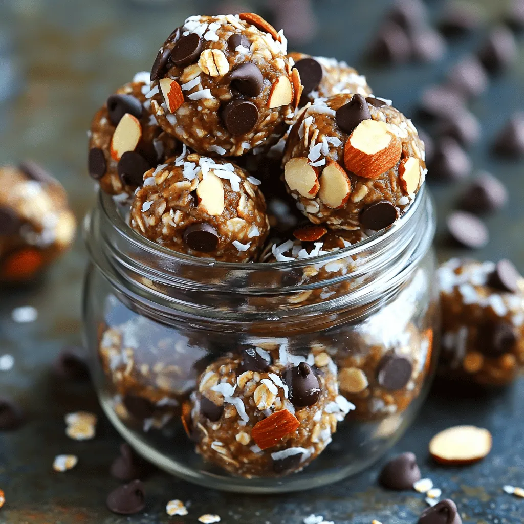 To make Almond Joy Energy Bites, you will need: - 1 cup creamy almond butter - 1/2 cup rolled oats - 1/2 cup unsweetened shredded coconut - 1/4 cup honey or pure maple syrup - 1/4 cup dark chocolate chips - 1/4 cup coarsely chopped almonds - 1 teaspoon pure vanilla extract - A pinch of sea salt You can swap ingredients if needed. Use peanut butter instead of almond butter. For a nut-free option, try sun butter. If you prefer, use agave syrup instead of honey or maple syrup. You can also switch dark chocolate for milk chocolate if you like it sweeter. If you don’t have rolled oats, quick oats work too. These bites are not just tasty; they are also healthy. Almond butter gives you protein and healthy fats. Rolled oats provide fiber, which helps digestion. Shredded coconut adds healthy fats and a bit of sweetness. Honey or maple syrup gives you natural energy. Dark chocolate chips are rich in antioxidants. Chopped almonds add more protein and crunch. Overall, these energy bites fuel your body well! Making Almond Joy Energy Bites is simple and fun. You will need about ten minutes to prep. The chilling time helps the bites set. Gather all your ingredients before you start. This way, you keep your kitchen tidy and organized. 1. Gather all ingredients. In a large bowl, add: - 1 cup creamy almond butter - 1/2 cup rolled oats - 1/2 cup unsweetened shredded coconut - 1/4 cup honey or pure maple syrup - 1 teaspoon pure vanilla extract - A pinch of sea salt 2. Mix the ingredients. Use a sturdy spatula to combine everything. Keep mixing until it becomes sticky and holds together. This should take about two minutes. 3. Add chocolate and almonds. Gently fold in: - 1/4 cup dark chocolate chips - 1/4 cup coarsely chopped almonds Make sure they are evenly mixed into the sticky base. 4. Shape the bites. Take about one tablespoon of the mix. Roll it between your palms to form a ball. Repeat until all the mixture is shaped. 5. Arrange on a tray. Place the energy bites on a parchment-lined baking sheet. Leave some space between them for easy handling. 6. Chill the bites. Put the tray in the refrigerator. Let them chill for at least 30 minutes. This step helps them firm up. 7. Store leftovers. Keep any extra bites in an airtight container in the fridge. They will stay fresh for up to a week. - The mixture should be sticky but not too wet. - When you shape the bites, they should hold their form. - After chilling, they will feel firm but still soft. Follow these steps, and you'll have tasty Almond Joy Energy Bites ready to enjoy! For the complete recipe, check the Full Recipe section. When making Almond Joy Energy Bites, avoid overmixing. Mixing too much can make them too soft. Also, make sure to measure your ingredients carefully. Too much almond butter can make the bites too sticky. If you find your mixture too dry, add a splash of water or a bit more honey. Achieving the right texture is key. You want your energy bites to be firm but not hard. After mixing, let the mixture chill in the fridge for at least 30 minutes. This helps them hold their shape. If they feel too crumbly when rolling, add a bit more almond butter. If they are too wet, add more oats. For a lovely presentation, use a decorative bowl or jar. Layer the bites in a glass jar for a fun look. You can also sprinkle extra chocolate chips and chopped almonds on top. This adds color and makes them look tempting. Serve them with a small spoon for easy grabbing at parties! For the full recipe, check out the detailed instructions above. {{image_4}} You can switch up the flavors of your Almond Joy Energy Bites. Try using peanut butter instead of almond butter. This gives a rich, nutty taste. You can also experiment with different types of chocolate. Milk chocolate or white chocolate can add a sweet twist. If you want a hint of spice, add a bit of cinnamon. Each change can make a fun new treat! Want to boost the nutrition? You can add chia seeds or flaxseeds to the mix. These seeds are full of fiber and healthy fats. For a protein boost, try adding protein powder. You can use vanilla or chocolate protein powder for extra flavor. Dried fruits like cranberries or raisins also work well. They add sweetness and chewiness to your bites. You can change these bites for holidays or seasons. During fall, add pumpkin spice for a seasonal flavor. In winter, try adding peppermint extract for a fresh taste. For summer, mix in some chopped dried mango or pineapple. These variations keep your treats fun and exciting. You can find all the ideas you need in the Full Recipe for Almond Joy Energy Bites. To keep your Almond Joy Energy Bites fresh, store them in an airtight container. This prevents moisture and air from getting in. It also helps to keep the bites tasty and chewy. You can layer them with parchment paper to avoid sticking. Always place the container in the refrigerator right after they cool. This keeps them firm and ready to munch. In the fridge, these energy bites last up to one week. After that, they might dry out or lose flavor. To enjoy them at their best, eat them within this time frame. If you notice any off smells or changes in texture, it’s best to toss them. Trust your senses; they’re your best guide. For longer storage, freezing is a great option. Place the bites on a baking sheet first. Make sure they are not touching each other. Freeze them for about two hours until firm. Then, transfer them to a freezer-safe bag or container. They can last up to three months in the freezer. When ready to eat, thaw them in the fridge overnight. Enjoy the taste of homemade treats anytime! To make Almond Joy Energy Bites vegan, simply swap honey for pure maple syrup. This change keeps the bites sweet and plant-based. The rest of the ingredients are already vegan-friendly. Use almond butter, oats, coconut, and chocolate chips that contain no dairy. Yes, you can use other nuts instead of almonds. Cashews, walnuts, or pecans work well. Just chop them coarsely like the almonds. Each nut adds its unique flavor and texture to the energy bites. Feel free to experiment and find your favorite mix. The best way to transport energy bites is in an airtight container. This keeps them fresh and prevents them from sticking together. You can also use parchment paper between layers for easy separation. If you're on the go, a small snack bag works great too. You’ve learned about the key ingredients, step-by-step instructions, and helpful tips for making Almond Joy Energy Bites. This tasty treat is simple and packed with nutrition. Remember to choose the right ingredients for your taste. Avoid common mistakes to ensure a great texture. Enjoy experimenting with flavors and variations. Store wisely to keep them fresh. Making these bites can be fun and rewarding. Enjoy your tasty creations, and share them with others for added joy!