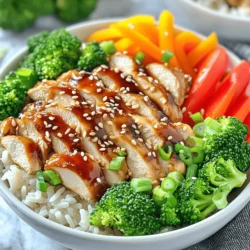To make a delicious teriyaki chicken bowl, you need a few key ingredients. Here’s what you will use: - 1 lb (450g) chicken breast, thinly sliced - 1 cup broccoli florets - 1 cup bell pepper (any color), sliced into strips - 1/2 cup carrot, julienned - 1 cup cooked jasmine rice - 1 tablespoon sesame oil - 1 tablespoon olive oil These ingredients come together to form a colorful and tasty meal. The teriyaki sauce is what makes this dish shine. You’ll need: - 3 tablespoons low sodium soy sauce - 2 tablespoons honey - 1 tablespoon rice vinegar - 1 teaspoon fresh ginger, minced - 1 garlic clove, minced This sauce adds a sweet and savory flavor that pairs perfectly with the chicken and veggies. Garnishes make your dish look and taste even better. Here’s what you can use: - Sesame seeds for garnish - Chopped green onions for garnish These small touches add a burst of flavor and a nice crunch. You can find the full recipe for a detailed cooking guide. Enjoy making your teriyaki chicken bowls! To start, you will mix the sauce. In a medium bowl, combine: - 3 tablespoons low sodium soy sauce - 2 tablespoons honey - 1 tablespoon rice vinegar - 1 teaspoon fresh ginger, minced - 1 garlic clove, minced - 1 tablespoon sesame oil Whisk these ingredients together until smooth. This will be your base sauce. Next, set aside half of this sauce in a separate bowl. You will drizzle this on top later for extra flavor. Now, heat a large skillet or wok over medium-high heat. Add 1 tablespoon of olive oil. Once the oil is hot, add the thinly sliced chicken breast. Cook the chicken for about 5-7 minutes. Stir it often to avoid burning. You want it to turn golden-brown and be fully cooked. After the chicken is cooked, it's time for the veggies. Add 1 cup of broccoli florets, 1 cup of sliced bell pepper, and 1/2 cup of julienned carrot into the skillet. Stir-fry these vegetables with the chicken for 3-4 minutes. They should be tender but still crisp. Next, pour the prepared teriyaki sauce over the chicken and veggies. Bring it to a gentle simmer. Now, add 1 tablespoon of cornstarch mixed with 2 tablespoons of water. Stir it in. Cook for another 2-3 minutes until the sauce thickens nicely. To serve, take 1 cup of cooked jasmine rice and divide it among serving bowls. Spoon the teriyaki chicken and veggies over the rice. Drizzle the reserved teriyaki sauce on top for more flavor. For garnish, sprinkle sesame seeds and chopped green onions over each bowl. Serve immediately while hot. You can also add lime wedges on the side for a zesty kick. Enjoy your beautiful and tasty teriyaki chicken bowls! To avoid dryness, choose chicken breasts that are fresh. Cut them into thin slices for even cooking. Make sure to heat your pan well before adding the chicken. This helps lock in moisture. Cook the chicken until it's just done, about 5-7 minutes. If you overcook it, it may dry out. To achieve that golden-brown color, do not crowd the pan. Give each piece space to sear properly. Let the chicken sit for a moment before stirring. This helps create that nice crust. You can also use a bit of sesame oil for extra flavor and color. For crispiness, cook vegetables for 3-4 minutes. You want them tender but still crunchy. Start with the chicken first, then add the broccoli, bell pepper, and carrot. This order ensures that everything cooks perfectly. Choosing the right vegetables is key. Broccoli and bell peppers add great color and crunch. Carrots bring sweetness and texture. You can also mix in snap peas or zucchini for more variety. To adjust sweetness in the teriyaki sauce, start with less honey. You can always add more if needed. Taste as you go to find the right balance. For extra flavor, add some crushed red pepper or black pepper. A touch of garlic powder can also enhance the sauce. If you like a bit of zing, consider adding a splash of lime juice. This brightens up the dish and adds depth. Try these tips to create the best teriyaki chicken bowls. For a complete guide, check the Full Recipe. {{image_4}} You can switch the chicken for beef or pork. Thinly slice flank steak or pork tenderloin for a tasty twist. These meats soak up the teriyaki sauce well and add rich flavor. For vegetarian or vegan options, try tofu or tempeh. Both are great protein sources. Press tofu to remove moisture, then cube it before cooking. Marinate it in the teriyaki sauce for extra flavor. Feel free to change the vegetables based on what’s in season. Snap peas, zucchini, or mushrooms work great. You can also add baby corn or bok choy for a fun texture. Get creative with your add-ins! Try adding cashews or peanuts for crunch. You can even toss in some pineapple chunks for a sweet touch. You can use brown rice instead of jasmine rice. Brown rice is heartier and adds more fiber. It complements the teriyaki chicken nicely. If you want a healthy twist, quinoa is a fantastic choice. It cooks quickly and has a nutty flavor. Quinoa also packs a protein punch, making your meal even better! For a complete guide on making these tasty bowls, check out the Full Recipe. To keep your teriyaki chicken bowls fresh, store leftovers promptly. Place the chicken and veggies in a sealed container. Use glass or BPA-free plastic containers for best results. Always let the food cool before sealing. This helps prevent moisture buildup and keeps your meal tasty. Refrigerate your leftovers within two hours to ensure food safety. When reheating, you want to keep your chicken moist and tender. The stovetop method works best. Heat a skillet over low heat. Add a splash of water or broth to help steam the chicken. Stir gently until heated through. If using a microwave, cover the bowl with a damp paper towel. This helps trap steam and keep moisture in. Heat in short bursts, checking every 30 seconds. For busy days, meal prep is a lifesaver. You can cook chicken and veggies in advance. Store them separately from the rice. Prepare the teriyaki sauce ahead of time and keep it in the fridge. When ready to eat, just reheat everything and assemble your bowl. This way, you can enjoy a quick and healthy meal anytime. To make Teriyaki Chicken Bowls, start with these steps and ingredients: - 1 lb chicken breast, thinly sliced - 1 cup broccoli florets - 1 cup bell pepper, sliced into strips - 1/2 cup carrot, julienned - 1 cup cooked jasmine rice - 1 tablespoon sesame oil - 1 tablespoon olive oil - 3 tablespoons low sodium soy sauce - 2 tablespoons honey - 1 tablespoon rice vinegar - 1 teaspoon fresh ginger, minced - 1 garlic clove, minced - 1 tablespoon cornstarch mixed with 2 tablespoons water - Sesame seeds for garnish - Chopped green onions for garnish 1. Make the Teriyaki sauce by mixing soy sauce, honey, rice vinegar, ginger, garlic, and sesame oil in a bowl. Set aside some for later. 2. Heat olive oil in a skillet over medium-high heat. Cook the chicken until golden and fully done, about 5-7 minutes. 3. Add broccoli, bell pepper, and carrot to the skillet. Stir-fry for 3-4 minutes until they are tender but still crisp. 4. Pour the teriyaki sauce over the chicken and veggies. Let it simmer and add the cornstarch slurry. Stir until the sauce thickens, around 2-3 minutes. 5. Serve over cooked jasmine rice, drizzle with the reserved sauce, and finish with sesame seeds and green onions. You can find the Full Recipe for more details. You can pair Teriyaki Chicken Bowls with various side dishes. Here are some ideas: - Steamed edamame for a healthy snack. - Crispy seaweed salad for a crunchy texture. - Miso soup for a warm, savory addition. - Cucumber salad to add freshness. These sides enhance the meal and add different flavors. Teriyaki Chicken can be a healthy meal option. Here’s a quick breakdown: - Protein: Chicken breast is lean and provides good protein. - Vitamins: The veggies add fiber, vitamins, and minerals. - Sodium: Using low sodium soy sauce helps lower salt intake. - Sugar: Honey adds sweetness but can be adjusted to your taste. To make it healthier, use more vegetables and less sauce. Yes, you can freeze Teriyaki Chicken Bowls. Here are some guidelines: - Cool the dish completely before freezing. - Use airtight containers or freezer bags to prevent freezer burn. - Label with the date for easy tracking. When ready to eat, thaw overnight in the fridge and reheat thoroughly. Enjoy your meal! In this post, we explored how to make delicious Teriyaki Chicken Bowls. We covered key ingredients like chicken, veggies, and sauce components. I shared step-by-step cooking instructions, helpful tips for perfect chicken, and variations to suit your taste. You now have the tools to create a tasty meal at home. Enjoy experimenting with flavors and make it your own. With these simple steps, your Teriyaki Chicken Bowls will impress everyone!