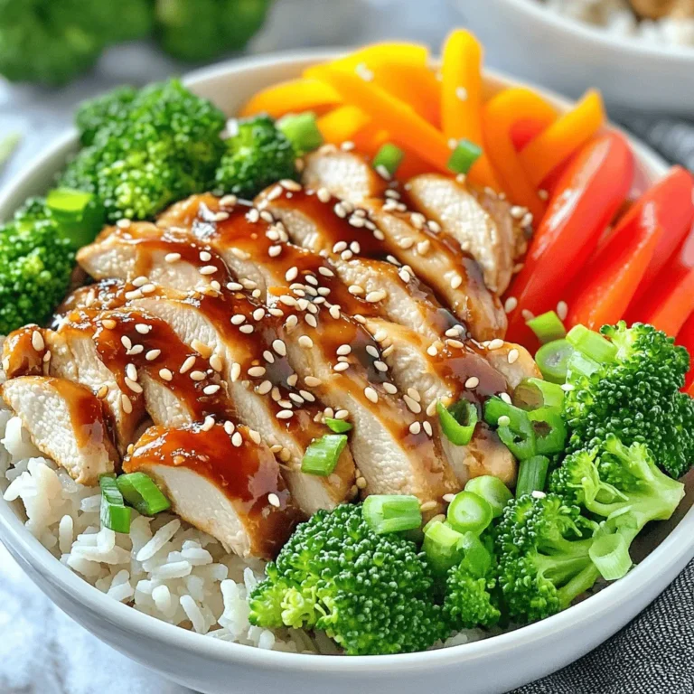 To make a delicious teriyaki chicken bowl, you need a few key ingredients. Here’s what you will use: - 1 lb (450g) chicken breast, thinly sliced - 1 cup broccoli florets - 1 cup bell pepper (any color), sliced into strips - 1/2 cup carrot, julienned - 1 cup cooked jasmine rice - 1 tablespoon sesame oil - 1 tablespoon olive oil These ingredients come together to form a colorful and tasty meal. The teriyaki sauce is what makes this dish shine. You’ll need: - 3 tablespoons low sodium soy sauce - 2 tablespoons honey - 1 tablespoon rice vinegar - 1 teaspoon fresh ginger, minced - 1 garlic clove, minced This sauce adds a sweet and savory flavor that pairs perfectly with the chicken and veggies. Garnishes make your dish look and taste even better. Here’s what you can use: - Sesame seeds for garnish - Chopped green onions for garnish These small touches add a burst of flavor and a nice crunch. You can find the full recipe for a detailed cooking guide. Enjoy making your teriyaki chicken bowls! To start, you will mix the sauce. In a medium bowl, combine: - 3 tablespoons low sodium soy sauce - 2 tablespoons honey - 1 tablespoon rice vinegar - 1 teaspoon fresh ginger, minced - 1 garlic clove, minced - 1 tablespoon sesame oil Whisk these ingredients together until smooth. This will be your base sauce. Next, set aside half of this sauce in a separate bowl. You will drizzle this on top later for extra flavor. Now, heat a large skillet or wok over medium-high heat. Add 1 tablespoon of olive oil. Once the oil is hot, add the thinly sliced chicken breast. Cook the chicken for about 5-7 minutes. Stir it often to avoid burning. You want it to turn golden-brown and be fully cooked. After the chicken is cooked, it's time for the veggies. Add 1 cup of broccoli florets, 1 cup of sliced bell pepper, and 1/2 cup of julienned carrot into the skillet. Stir-fry these vegetables with the chicken for 3-4 minutes. They should be tender but still crisp. Next, pour the prepared teriyaki sauce over the chicken and veggies. Bring it to a gentle simmer. Now, add 1 tablespoon of cornstarch mixed with 2 tablespoons of water. Stir it in. Cook for another 2-3 minutes until the sauce thickens nicely. To serve, take 1 cup of cooked jasmine rice and divide it among serving bowls. Spoon the teriyaki chicken and veggies over the rice. Drizzle the reserved teriyaki sauce on top for more flavor. For garnish, sprinkle sesame seeds and chopped green onions over each bowl. Serve immediately while hot. You can also add lime wedges on the side for a zesty kick. Enjoy your beautiful and tasty teriyaki chicken bowls! To avoid dryness, choose chicken breasts that are fresh. Cut them into thin slices for even cooking. Make sure to heat your pan well before adding the chicken. This helps lock in moisture. Cook the chicken until it's just done, about 5-7 minutes. If you overcook it, it may dry out. To achieve that golden-brown color, do not crowd the pan. Give each piece space to sear properly. Let the chicken sit for a moment before stirring. This helps create that nice crust. You can also use a bit of sesame oil for extra flavor and color. For crispiness, cook vegetables for 3-4 minutes. You want them tender but still crunchy. Start with the chicken first, then add the broccoli, bell pepper, and carrot. This order ensures that everything cooks perfectly. Choosing the right vegetables is key. Broccoli and bell peppers add great color and crunch. Carrots bring sweetness and texture. You can also mix in snap peas or zucchini for more variety. To adjust sweetness in the teriyaki sauce, start with less honey. You can always add more if needed. Taste as you go to find the right balance. For extra flavor, add some crushed red pepper or black pepper. A touch of garlic powder can also enhance the sauce. If you like a bit of zing, consider adding a splash of lime juice. This brightens up the dish and adds depth. Try these tips to create the best teriyaki chicken bowls. For a complete guide, check the Full Recipe. {{image_4}} You can switch the chicken for beef or pork. Thinly slice flank steak or pork tenderloin for a tasty twist. These meats soak up the teriyaki sauce well and add rich flavor. For vegetarian or vegan options, try tofu or tempeh. Both are great protein sources. Press tofu to remove moisture, then cube it before cooking. Marinate it in the teriyaki sauce for extra flavor. Feel free to change the vegetables based on what’s in season. Snap peas, zucchini, or mushrooms work great. You can also add baby corn or bok choy for a fun texture. Get creative with your add-ins! Try adding cashews or peanuts for crunch. You can even toss in some pineapple chunks for a sweet touch. You can use brown rice instead of jasmine rice. Brown rice is heartier and adds more fiber. It complements the teriyaki chicken nicely. If you want a healthy twist, quinoa is a fantastic choice. It cooks quickly and has a nutty flavor. Quinoa also packs a protein punch, making your meal even better! For a complete guide on making these tasty bowls, check out the Full Recipe. To keep your teriyaki chicken bowls fresh, store leftovers promptly. Place the chicken and veggies in a sealed container. Use glass or BPA-free plastic containers for best results. Always let the food cool before sealing. This helps prevent moisture buildup and keeps your meal tasty. Refrigerate your leftovers within two hours to ensure food safety. When reheating, you want to keep your chicken moist and tender. The stovetop method works best. Heat a skillet over low heat. Add a splash of water or broth to help steam the chicken. Stir gently until heated through. If using a microwave, cover the bowl with a damp paper towel. This helps trap steam and keep moisture in. Heat in short bursts, checking every 30 seconds. For busy days, meal prep is a lifesaver. You can cook chicken and veggies in advance. Store them separately from the rice. Prepare the teriyaki sauce ahead of time and keep it in the fridge. When ready to eat, just reheat everything and assemble your bowl. This way, you can enjoy a quick and healthy meal anytime. To make Teriyaki Chicken Bowls, start with these steps and ingredients: - 1 lb chicken breast, thinly sliced - 1 cup broccoli florets - 1 cup bell pepper, sliced into strips - 1/2 cup carrot, julienned - 1 cup cooked jasmine rice - 1 tablespoon sesame oil - 1 tablespoon olive oil - 3 tablespoons low sodium soy sauce - 2 tablespoons honey - 1 tablespoon rice vinegar - 1 teaspoon fresh ginger, minced - 1 garlic clove, minced - 1 tablespoon cornstarch mixed with 2 tablespoons water - Sesame seeds for garnish - Chopped green onions for garnish 1. Make the Teriyaki sauce by mixing soy sauce, honey, rice vinegar, ginger, garlic, and sesame oil in a bowl. Set aside some for later. 2. Heat olive oil in a skillet over medium-high heat. Cook the chicken until golden and fully done, about 5-7 minutes. 3. Add broccoli, bell pepper, and carrot to the skillet. Stir-fry for 3-4 minutes until they are tender but still crisp. 4. Pour the teriyaki sauce over the chicken and veggies. Let it simmer and add the cornstarch slurry. Stir until the sauce thickens, around 2-3 minutes. 5. Serve over cooked jasmine rice, drizzle with the reserved sauce, and finish with sesame seeds and green onions. You can find the Full Recipe for more details. You can pair Teriyaki Chicken Bowls with various side dishes. Here are some ideas: - Steamed edamame for a healthy snack. - Crispy seaweed salad for a crunchy texture. - Miso soup for a warm, savory addition. - Cucumber salad to add freshness. These sides enhance the meal and add different flavors. Teriyaki Chicken can be a healthy meal option. Here’s a quick breakdown: - Protein: Chicken breast is lean and provides good protein. - Vitamins: The veggies add fiber, vitamins, and minerals. - Sodium: Using low sodium soy sauce helps lower salt intake. - Sugar: Honey adds sweetness but can be adjusted to your taste. To make it healthier, use more vegetables and less sauce. Yes, you can freeze Teriyaki Chicken Bowls. Here are some guidelines: - Cool the dish completely before freezing. - Use airtight containers or freezer bags to prevent freezer burn. - Label with the date for easy tracking. When ready to eat, thaw overnight in the fridge and reheat thoroughly. Enjoy your meal! In this post, we explored how to make delicious Teriyaki Chicken Bowls. We covered key ingredients like chicken, veggies, and sauce components. I shared step-by-step cooking instructions, helpful tips for perfect chicken, and variations to suit your taste. You now have the tools to create a tasty meal at home. Enjoy experimenting with flavors and make it your own. With these simple steps, your Teriyaki Chicken Bowls will impress everyone!