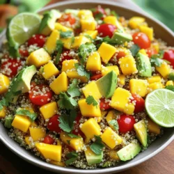 - 1 cup quinoa - 1 ripe mango - 2 ripe avocados - 1 red bell pepper - 1/2 red onion - 1 cup cherry tomatoes - 1/4 cup fresh cilantro - Juice of 1 lime - 2 tablespoons olive oil - Salt and black pepper - Use 1 cup of quinoa for a hearty base. - One ripe mango adds sweetness and flavor. - Two ripe avocados give creaminess. - One red bell pepper adds crunch and color. - Half a red onion gives a nice bite. - One cup of cherry tomatoes adds freshness. - One-fourth cup of chopped cilantro adds herbiness. - Juice from one lime adds zesty brightness. - Two tablespoons of olive oil provide richness. - Season with salt and black pepper to taste. - Add one small jalapeño for heat. - Consider cheese like feta for creaminess. - Nuts like almonds can add crunch. This salad, bursting with fresh ingredients, is easy to prepare. Find the Full Recipe for step-by-step instructions to create this vibrant dish. To make quinoa, start by rinsing it under cold water. This step removes any bitterness. Then, in a medium pot, mix 1 cup of rinsed quinoa with 2 cups of water or vegetable broth. Bring it to a boil, then lower the heat and cover. Let it simmer for about 15 minutes. When done, the quinoa should be fluffy and the liquid absorbed. Remove it from heat and keep the lid on for a few minutes. This helps it steam. Tips for fluffy quinoa: - Use a fine-mesh strainer to rinse. - Let it sit covered after cooking. While the quinoa cooks, chop your veggies. Cut the mango and avocados into small, even pieces. This helps with taste and texture. Use a sharp knife for clean cuts. Chop the red bell pepper and red onion finely. Halve the cherry tomatoes and chop the cilantro. Keep your ingredients fresh by storing them in a cool place until ready. For the dressing, grab a small bowl. Whisk together the lime juice, olive oil, salt, and black pepper. If you want some spice, add minced jalapeño. Taste it to see if you need to adjust the flavors. You want it bright and balanced. In a large bowl, add the cooled quinoa. Then, add the chopped mango, avocado, red bell pepper, red onion, cherry tomatoes, and cilantro. Gently mix everything together. Be careful not to crush the avocado. This keeps the salad looking fresh. Let the salad chill for at least 15 minutes. This waiting time helps the flavors blend well. Serve it cold or at room temperature. For a lovely presentation, use a big bowl or a colorful platter. You can garnish with extra cilantro and lime wedges for a nice look. Enjoy your Mango Avocado Quinoa Salad with your favorite meal or as a refreshing snack. For the full recipe, check out the detailed instructions above. To make the best mango avocado quinoa salad, you need ripe fruits. Here is how to choose them: - Mango: Look for a mango that feels slightly soft when you press it. The skin should have a golden-yellow color. A few dark spots are okay. They show the mango is sweet. - Avocado: Choose avocados that yield to gentle pressure. They should be dark green to black. If they feel too hard, they are not ripe yet. Preparing ahead makes cooking easier. Here are some meal prep tips: - Chop Ahead: You can chop the mango, avocado, and other veggies a day before. Keep them in airtight containers. This saves time when you make the salad. - Storage Tips: Store leftovers in a sealed container. Add some lime juice to prevent browning. The salad tastes best within two days. Spice up your salad with these tips: - Herbs and Spices: Try adding fresh mint or basil for a twist. A pinch of cumin can add warmth. - Pairing Suggestions: This salad goes well with grilled chicken or shrimp. You can serve it with tortilla chips for a crunchy side. {{image_4}} You can boost your Mango Avocado Quinoa Salad with proteins. Chickpeas are a great choice. They add texture and flavor. Grilled chicken is another option. It brings a savory note. If you want a seafood twist, try shrimp. The shrimp pairs well with the fresh flavors. Just cook the shrimp until pink, then toss it in. This makes the salad filling and nutritious. You can easily make this salad vegan. Just skip the shrimp or chicken. It’s already packed with plant-based goodness. For gluten-free options, ensure your quinoa is pure. Quinoa is naturally gluten-free. If you want a low-carb version, use cauliflower rice instead of quinoa. This keeps the salad low in carbs while still delicious. Fruits can change with the seasons. In summer, use peaches or nectarines. These add a sweet twist. In fall, consider apples or pears for crunch. Each fruit brings a unique taste. Mix and match based on what is fresh. This keeps your salad exciting year-round. For the full recipe, check the previous section. To keep your Mango Avocado Quinoa Salad fresh, store it in an airtight container. Place it in the fridge right after you finish eating. This helps maintain its vibrant flavors and crisp textures. You can enjoy the salad for up to three days. However, the avocado may brown a bit. To slow this down, sprinkle some lime juice over the avocado pieces before storing. If you want to save the salad for a longer time, consider freezing it. However, the texture of the avocado will change after freezing. Instead, try freezing the quinoa and dressing separately. You can store the quinoa in a freezer-safe bag for up to three months. The dressing can also go in a small jar in the freezer. When you're ready to eat, just thaw them in the fridge overnight. To refresh the salad before serving, take it out of the fridge. If it seems a bit dry, add a splash of lime juice or olive oil. This will help revive the flavors and moisture. Gently toss the salad with your hands or a spoon. Be careful not to mash the avocado. Serve it chilled or at room temperature for the best taste. For more detailed steps, check the Full Recipe. Yes, you can make this salad ahead of time! It keeps well in the fridge for up to two days. To prep in advance, cook the quinoa first and let it cool. Chop the veggies and store them separately. Mix all ingredients just before serving for the best taste. This way, you keep everything fresh and bright. Mango Avocado Quinoa Salad is great with many dishes! It pairs well with grilled chicken or shrimp for extra protein. You can also serve it with a side of crusty bread or tortilla chips. This salad is versatile and complements any meal. To keep your avocado fresh, add lime juice right after cutting it. The acid slows down browning. You can also store the salad in an airtight container. Cover it tightly to limit air exposure. If you have leftovers, eat them within a day for the best flavor. Yes! This salad is perfect for meal prep. Store the quinoa and veggies in separate containers. Mix them together when you're ready to eat. This keeps everything fresh. You can also make the dressing ahead of time and store it in a jar. Just shake it before using! In this blog post, we covered how to create a fresh and vibrant Mango Avocado Quinoa Salad. We explored the ingredients, including quinoa, fruits, and spices, along with precise measurements. I shared step-by-step cooking tips, from quinoa preparation to dressing making. As you try this salad, remember to select ripe ingredients for the best flavor. Enjoy experimenting with variations and options. This salad is perfect for meal prep and can easily fit your dietary needs. Give it a try and enjoy a nutritious meal!
