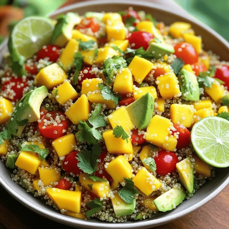 - 1 cup quinoa - 1 ripe mango - 2 ripe avocados - 1 red bell pepper - 1/2 red onion - 1 cup cherry tomatoes - 1/4 cup fresh cilantro - Juice of 1 lime - 2 tablespoons olive oil - Salt and black pepper - Use 1 cup of quinoa for a hearty base. - One ripe mango adds sweetness and flavor. - Two ripe avocados give creaminess. - One red bell pepper adds crunch and color. - Half a red onion gives a nice bite. - One cup of cherry tomatoes adds freshness. - One-fourth cup of chopped cilantro adds herbiness. - Juice from one lime adds zesty brightness. - Two tablespoons of olive oil provide richness. - Season with salt and black pepper to taste. - Add one small jalapeño for heat. - Consider cheese like feta for creaminess. - Nuts like almonds can add crunch. This salad, bursting with fresh ingredients, is easy to prepare. Find the Full Recipe for step-by-step instructions to create this vibrant dish. To make quinoa, start by rinsing it under cold water. This step removes any bitterness. Then, in a medium pot, mix 1 cup of rinsed quinoa with 2 cups of water or vegetable broth. Bring it to a boil, then lower the heat and cover. Let it simmer for about 15 minutes. When done, the quinoa should be fluffy and the liquid absorbed. Remove it from heat and keep the lid on for a few minutes. This helps it steam. Tips for fluffy quinoa: - Use a fine-mesh strainer to rinse. - Let it sit covered after cooking. While the quinoa cooks, chop your veggies. Cut the mango and avocados into small, even pieces. This helps with taste and texture. Use a sharp knife for clean cuts. Chop the red bell pepper and red onion finely. Halve the cherry tomatoes and chop the cilantro. Keep your ingredients fresh by storing them in a cool place until ready. For the dressing, grab a small bowl. Whisk together the lime juice, olive oil, salt, and black pepper. If you want some spice, add minced jalapeño. Taste it to see if you need to adjust the flavors. You want it bright and balanced. In a large bowl, add the cooled quinoa. Then, add the chopped mango, avocado, red bell pepper, red onion, cherry tomatoes, and cilantro. Gently mix everything together. Be careful not to crush the avocado. This keeps the salad looking fresh. Let the salad chill for at least 15 minutes. This waiting time helps the flavors blend well. Serve it cold or at room temperature. For a lovely presentation, use a big bowl or a colorful platter. You can garnish with extra cilantro and lime wedges for a nice look. Enjoy your Mango Avocado Quinoa Salad with your favorite meal or as a refreshing snack. For the full recipe, check out the detailed instructions above. To make the best mango avocado quinoa salad, you need ripe fruits. Here is how to choose them: - Mango: Look for a mango that feels slightly soft when you press it. The skin should have a golden-yellow color. A few dark spots are okay. They show the mango is sweet. - Avocado: Choose avocados that yield to gentle pressure. They should be dark green to black. If they feel too hard, they are not ripe yet. Preparing ahead makes cooking easier. Here are some meal prep tips: - Chop Ahead: You can chop the mango, avocado, and other veggies a day before. Keep them in airtight containers. This saves time when you make the salad. - Storage Tips: Store leftovers in a sealed container. Add some lime juice to prevent browning. The salad tastes best within two days. Spice up your salad with these tips: - Herbs and Spices: Try adding fresh mint or basil for a twist. A pinch of cumin can add warmth. - Pairing Suggestions: This salad goes well with grilled chicken or shrimp. You can serve it with tortilla chips for a crunchy side. {{image_4}} You can boost your Mango Avocado Quinoa Salad with proteins. Chickpeas are a great choice. They add texture and flavor. Grilled chicken is another option. It brings a savory note. If you want a seafood twist, try shrimp. The shrimp pairs well with the fresh flavors. Just cook the shrimp until pink, then toss it in. This makes the salad filling and nutritious. You can easily make this salad vegan. Just skip the shrimp or chicken. It’s already packed with plant-based goodness. For gluten-free options, ensure your quinoa is pure. Quinoa is naturally gluten-free. If you want a low-carb version, use cauliflower rice instead of quinoa. This keeps the salad low in carbs while still delicious. Fruits can change with the seasons. In summer, use peaches or nectarines. These add a sweet twist. In fall, consider apples or pears for crunch. Each fruit brings a unique taste. Mix and match based on what is fresh. This keeps your salad exciting year-round. For the full recipe, check the previous section. To keep your Mango Avocado Quinoa Salad fresh, store it in an airtight container. Place it in the fridge right after you finish eating. This helps maintain its vibrant flavors and crisp textures. You can enjoy the salad for up to three days. However, the avocado may brown a bit. To slow this down, sprinkle some lime juice over the avocado pieces before storing. If you want to save the salad for a longer time, consider freezing it. However, the texture of the avocado will change after freezing. Instead, try freezing the quinoa and dressing separately. You can store the quinoa in a freezer-safe bag for up to three months. The dressing can also go in a small jar in the freezer. When you're ready to eat, just thaw them in the fridge overnight. To refresh the salad before serving, take it out of the fridge. If it seems a bit dry, add a splash of lime juice or olive oil. This will help revive the flavors and moisture. Gently toss the salad with your hands or a spoon. Be careful not to mash the avocado. Serve it chilled or at room temperature for the best taste. For more detailed steps, check the Full Recipe. Yes, you can make this salad ahead of time! It keeps well in the fridge for up to two days. To prep in advance, cook the quinoa first and let it cool. Chop the veggies and store them separately. Mix all ingredients just before serving for the best taste. This way, you keep everything fresh and bright. Mango Avocado Quinoa Salad is great with many dishes! It pairs well with grilled chicken or shrimp for extra protein. You can also serve it with a side of crusty bread or tortilla chips. This salad is versatile and complements any meal. To keep your avocado fresh, add lime juice right after cutting it. The acid slows down browning. You can also store the salad in an airtight container. Cover it tightly to limit air exposure. If you have leftovers, eat them within a day for the best flavor. Yes! This salad is perfect for meal prep. Store the quinoa and veggies in separate containers. Mix them together when you're ready to eat. This keeps everything fresh. You can also make the dressing ahead of time and store it in a jar. Just shake it before using! In this blog post, we covered how to create a fresh and vibrant Mango Avocado Quinoa Salad. We explored the ingredients, including quinoa, fruits, and spices, along with precise measurements. I shared step-by-step cooking tips, from quinoa preparation to dressing making. As you try this salad, remember to select ripe ingredients for the best flavor. Enjoy experimenting with variations and options. This salad is perfect for meal prep and can easily fit your dietary needs. Give it a try and enjoy a nutritious meal!