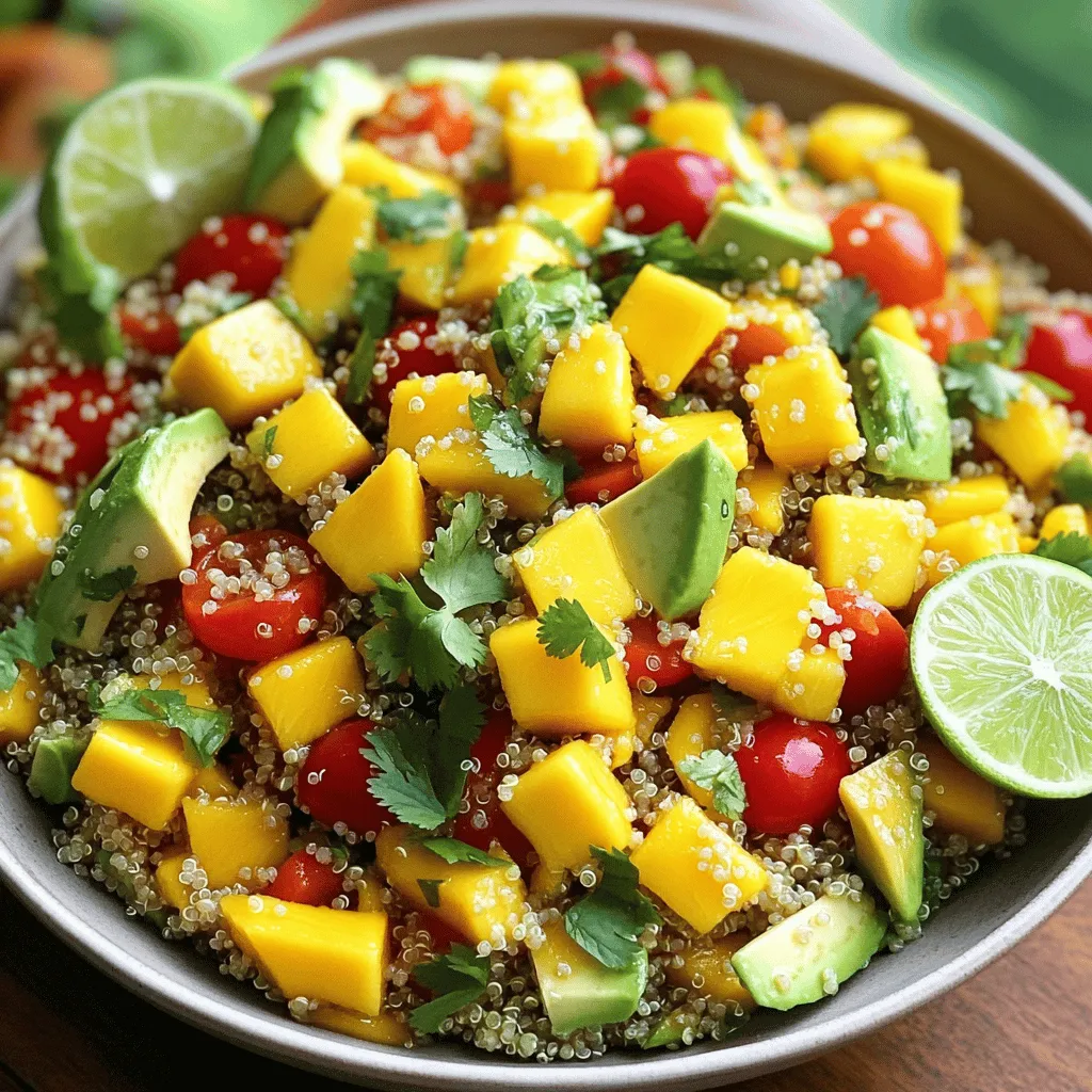 - 1 cup quinoa - 1 ripe mango - 2 ripe avocados - 1 red bell pepper - 1/2 red onion - 1 cup cherry tomatoes - 1/4 cup fresh cilantro - Juice of 1 lime - 2 tablespoons olive oil - Salt and black pepper - Use 1 cup of quinoa for a hearty base. - One ripe mango adds sweetness and flavor. - Two ripe avocados give creaminess. - One red bell pepper adds crunch and color. - Half a red onion gives a nice bite. - One cup of cherry tomatoes adds freshness. - One-fourth cup of chopped cilantro adds herbiness. - Juice from one lime adds zesty brightness. - Two tablespoons of olive oil provide richness. - Season with salt and black pepper to taste. - Add one small jalapeño for heat. - Consider cheese like feta for creaminess. - Nuts like almonds can add crunch. This salad, bursting with fresh ingredients, is easy to prepare. Find the Full Recipe for step-by-step instructions to create this vibrant dish. To make quinoa, start by rinsing it under cold water. This step removes any bitterness. Then, in a medium pot, mix 1 cup of rinsed quinoa with 2 cups of water or vegetable broth. Bring it to a boil, then lower the heat and cover. Let it simmer for about 15 minutes. When done, the quinoa should be fluffy and the liquid absorbed. Remove it from heat and keep the lid on for a few minutes. This helps it steam. Tips for fluffy quinoa: - Use a fine-mesh strainer to rinse. - Let it sit covered after cooking. While the quinoa cooks, chop your veggies. Cut the mango and avocados into small, even pieces. This helps with taste and texture. Use a sharp knife for clean cuts. Chop the red bell pepper and red onion finely. Halve the cherry tomatoes and chop the cilantro. Keep your ingredients fresh by storing them in a cool place until ready. For the dressing, grab a small bowl. Whisk together the lime juice, olive oil, salt, and black pepper. If you want some spice, add minced jalapeño. Taste it to see if you need to adjust the flavors. You want it bright and balanced. In a large bowl, add the cooled quinoa. Then, add the chopped mango, avocado, red bell pepper, red onion, cherry tomatoes, and cilantro. Gently mix everything together. Be careful not to crush the avocado. This keeps the salad looking fresh. Let the salad chill for at least 15 minutes. This waiting time helps the flavors blend well. Serve it cold or at room temperature. For a lovely presentation, use a big bowl or a colorful platter. You can garnish with extra cilantro and lime wedges for a nice look. Enjoy your Mango Avocado Quinoa Salad with your favorite meal or as a refreshing snack. For the full recipe, check out the detailed instructions above. To make the best mango avocado quinoa salad, you need ripe fruits. Here is how to choose them: - Mango: Look for a mango that feels slightly soft when you press it. The skin should have a golden-yellow color. A few dark spots are okay. They show the mango is sweet. - Avocado: Choose avocados that yield to gentle pressure. They should be dark green to black. If they feel too hard, they are not ripe yet. Preparing ahead makes cooking easier. Here are some meal prep tips: - Chop Ahead: You can chop the mango, avocado, and other veggies a day before. Keep them in airtight containers. This saves time when you make the salad. - Storage Tips: Store leftovers in a sealed container. Add some lime juice to prevent browning. The salad tastes best within two days. Spice up your salad with these tips: - Herbs and Spices: Try adding fresh mint or basil for a twist. A pinch of cumin can add warmth. - Pairing Suggestions: This salad goes well with grilled chicken or shrimp. You can serve it with tortilla chips for a crunchy side. {{image_4}} You can boost your Mango Avocado Quinoa Salad with proteins. Chickpeas are a great choice. They add texture and flavor. Grilled chicken is another option. It brings a savory note. If you want a seafood twist, try shrimp. The shrimp pairs well with the fresh flavors. Just cook the shrimp until pink, then toss it in. This makes the salad filling and nutritious. You can easily make this salad vegan. Just skip the shrimp or chicken. It’s already packed with plant-based goodness. For gluten-free options, ensure your quinoa is pure. Quinoa is naturally gluten-free. If you want a low-carb version, use cauliflower rice instead of quinoa. This keeps the salad low in carbs while still delicious. Fruits can change with the seasons. In summer, use peaches or nectarines. These add a sweet twist. In fall, consider apples or pears for crunch. Each fruit brings a unique taste. Mix and match based on what is fresh. This keeps your salad exciting year-round. For the full recipe, check the previous section. To keep your Mango Avocado Quinoa Salad fresh, store it in an airtight container. Place it in the fridge right after you finish eating. This helps maintain its vibrant flavors and crisp textures. You can enjoy the salad for up to three days. However, the avocado may brown a bit. To slow this down, sprinkle some lime juice over the avocado pieces before storing. If you want to save the salad for a longer time, consider freezing it. However, the texture of the avocado will change after freezing. Instead, try freezing the quinoa and dressing separately. You can store the quinoa in a freezer-safe bag for up to three months. The dressing can also go in a small jar in the freezer. When you're ready to eat, just thaw them in the fridge overnight. To refresh the salad before serving, take it out of the fridge. If it seems a bit dry, add a splash of lime juice or olive oil. This will help revive the flavors and moisture. Gently toss the salad with your hands or a spoon. Be careful not to mash the avocado. Serve it chilled or at room temperature for the best taste. For more detailed steps, check the Full Recipe. Yes, you can make this salad ahead of time! It keeps well in the fridge for up to two days. To prep in advance, cook the quinoa first and let it cool. Chop the veggies and store them separately. Mix all ingredients just before serving for the best taste. This way, you keep everything fresh and bright. Mango Avocado Quinoa Salad is great with many dishes! It pairs well with grilled chicken or shrimp for extra protein. You can also serve it with a side of crusty bread or tortilla chips. This salad is versatile and complements any meal. To keep your avocado fresh, add lime juice right after cutting it. The acid slows down browning. You can also store the salad in an airtight container. Cover it tightly to limit air exposure. If you have leftovers, eat them within a day for the best flavor. Yes! This salad is perfect for meal prep. Store the quinoa and veggies in separate containers. Mix them together when you're ready to eat. This keeps everything fresh. You can also make the dressing ahead of time and store it in a jar. Just shake it before using! In this blog post, we covered how to create a fresh and vibrant Mango Avocado Quinoa Salad. We explored the ingredients, including quinoa, fruits, and spices, along with precise measurements. I shared step-by-step cooking tips, from quinoa preparation to dressing making. As you try this salad, remember to select ripe ingredients for the best flavor. Enjoy experimenting with variations and options. This salad is perfect for meal prep and can easily fit your dietary needs. Give it a try and enjoy a nutritious meal!