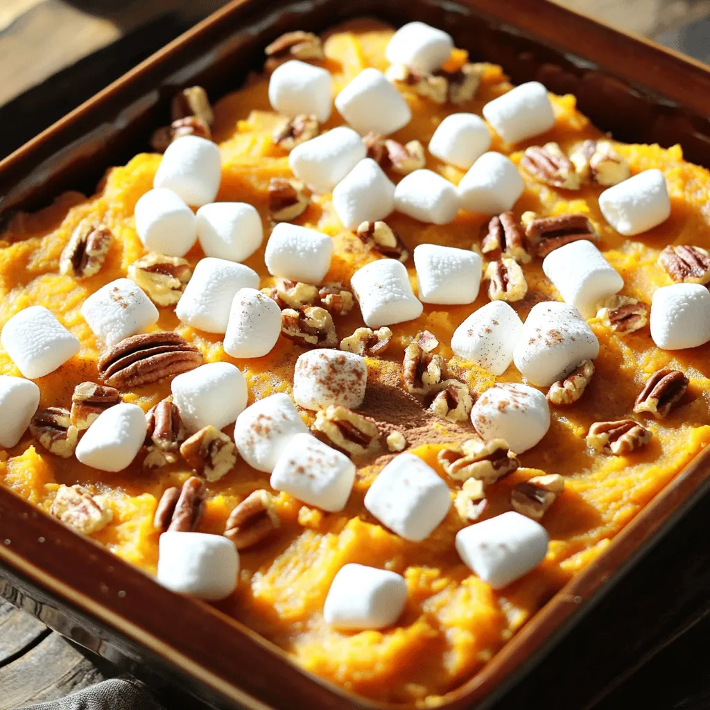 - 4 large sweet potatoes, peeled and diced into 1-inch cubes - 1/2 cup granulated sugar - 1/4 cup packed brown sugar - 1/2 cup whole milk - 1/2 cup unsalted butter, melted - 2 large eggs - 1 teaspoon pure vanilla extract - 1 teaspoon ground cinnamon - 1/2 teaspoon ground nutmeg - 2 cups mini marshmallows - 1/2 cup pecans, chopped (optional) Gathering the right ingredients is key for a great sweet potato casserole. Sweet potatoes are the star here. They bring a natural sweetness and creamy texture. When you peel and dice them, aim for 1-inch cubes. This size allows them to cook evenly and mash easily. Next, you need sugars. Granulated sugar adds sweetness, while brown sugar gives a nice depth. Whole milk keeps the casserole creamy. Melted butter adds richness, and eggs help bind everything together. Don't forget the flavor! Pure vanilla extract enhances taste, while ground cinnamon and nutmeg add warmth and spice. The mini marshmallows on top give that delightful sweetness and a toasty finish. If you want, add chopped pecans for a crunchy twist. This combination makes a casserole that everyone will love. For the full recipe, check out the Heavenly Marshmallow Sweet Potato Bake. - Start by boiling diced sweet potatoes. - Fill a large pot with water and add salt. - Bring the water to a boil. - Add the sweet potatoes and cook for 15-20 minutes. - Drain and transfer to a mixing bowl. - Mash the sweet potatoes until smooth. - Use a potato masher or mixer for best results. - Combine the sweet potatoes with sugars, milk, melted butter, eggs, and spices. - Mix until the mixture is fluffy and well combined. - Prepare a 9x13-inch baking dish with butter. - Pour the sweet potato mixture into the dish. - Spread it evenly using a spatula. - Top with mini marshmallows, distributing them evenly. - Bake in a preheated oven at 350°F for 25-30 minutes. - Look for golden brown marshmallows and bubbly edges. This method makes a delightful sweet potato casserole with marshmallows. For the complete recipe, check out the Full Recipe. To get that golden brown marshmallow topping, bake for 25-30 minutes. Keep an eye on it! For extra crispiness, switch to broil for the last 2-3 minutes. Make sure to watch closely so it doesn’t burn. One common mistake is over-mashing sweet potatoes. You want a smooth texture, but don’t overdo it! Another error is baking at the wrong temperature. Always preheat your oven to 350°F (175°C) for best results. For a unique taste, try adding a pinch of ginger or allspice. You can also mix in some chopped apples or pears for a fruity twist. If you prefer a sweeter dish, adjust the sugar levels to taste. Remember, you control the sweetness! {{image_4}} If you want a gluten-free sweet potato casserole, it's easy to make some swaps. Use gluten-free flour instead of regular flour if your recipe calls for it. You can skip the flour altogether since this recipe does not require it. Just make sure all your ingredients, like sugar and milk, are certified gluten-free. This way, everyone can enjoy a tasty dish! For a vegan version, swap out a few key ingredients. Replace the milk with almond or coconut milk. For butter, use a plant-based alternative like vegan margarine. You can also use flaxseed meal or applesauce instead of eggs. Simply mix one tablespoon of flaxseed with three tablespoons of water to replace one egg. This keeps your casserole moist and delicious! You can get creative with toppings. Try adding crushed graham crackers on top for a sweet crunch. They give a nice texture and a bit of extra sweetness. You can also use different nuts, like walnuts or cashews, for a unique flavor. If you want a nutty twist, consider adding a scoop of your favorite nut butter into the sweet potato mix. It adds richness and depth to the dish. Check out the Full Recipe for more inspiration! Store any leftover casserole in an airtight container. Place it in the refrigerator. It will stay fresh for about three to four days. When reheating, use the oven or microwave. If using the oven, set it to 350°F. Cover the dish with foil to keep it moist. Heat for about 15-20 minutes. In the microwave, heat in short bursts. Stir every few minutes for even warmth. Yes, you can freeze this casserole. Make sure it cools completely first. Use a freezer-safe container. Wrap it tightly with plastic wrap, then foil. It can last up to three months in the freezer. To thaw, move the container to the fridge overnight. This helps it thaw slowly and evenly. For reheating, follow the same steps as reheating leftovers. If it seems dry, add a bit of milk before heating. Enjoy your Heavenly Marshmallow Sweet Potato Bake straight from the freezer! Yes, you can prepare sweet potato casserole ahead of time. This can save you time on busy days. Here are best practices for pre-preparation: - Make the sweet potato mixture: Prepare the sweet potato mash as directed. - Store in the fridge: Place the mixture in a greased baking dish and cover it tightly with plastic wrap. - Add marshmallows later: Wait to add the marshmallows until you are ready to bake. This keeps them fresh and fluffy. - Bake when ready: When you are ready, just preheat the oven and bake. Sweet potato casserole pairs well with many dishes. Here are some suggested pairings: - Roasted turkey: A classic choice for a holiday meal. - Glazed ham: The sweetness balances well with savory ham. - Green beans: The freshness of green beans adds a nice contrast. - Cornbread: This adds texture and a bit of crunch. - Salad: A light salad can refresh your palate. Checking if your casserole is done is easy. Look for these visual indicators and testing methods: - Golden marshmallows: The mini marshmallows should be toasted and golden brown. - Bubbles on the edges: You should see bubbly edges around the casserole. - Firm texture: The center should feel firm when you gently shake the dish. - Use a toothpick: Insert a toothpick in the center. If it comes out clean, it’s done. For the full recipe, check out the Heavenly Marshmallow Sweet Potato Bake. This blog post covered everything you need to make a delicious sweet potato casserole. We discussed the key ingredients such as sweet potatoes, sugars, and spices. I provided step-by-step instructions for prepping, mixing, and baking. You learned helpful tips for perfect marshmallow toppings and common mistakes to avoid. Remember, you can customize this dish easily. Try gluten-free or vegan options for different diets. With the right steps, this casserole will impress everyone at your table. Enjoy making it your own!