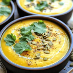 - 1 medium butternut squash, peeled, seeded, and diced (approximately 4 cups) This is the star of the soup. Look for a squash that feels heavy for its size. Choose one with a smooth, firm skin and no soft spots. - 1 tablespoon coconut oil This oil adds a nice flavor. Try to pick organic coconut oil for the best taste. - 1 medium onion, finely chopped A good onion gives depth to the soup. Look for onions that are firm and have shiny skin. - 3 cloves of garlic, minced Fresh garlic adds zing. Choose garlic bulbs that are tight and plump. - 1 tablespoon fresh ginger, grated Ginger brings warmth and spice. Look for fresh ginger that is smooth and firm. - 1 tablespoon red curry paste (adjust for desired spice level) This adds heat and flavor. Find a brand you like; taste it first! - 1 can (400ml) coconut milk Creamy and rich, coconut milk makes the soup smooth. Check the can for quality and make sure it has no added sugars. - 4 cups vegetable broth Use homemade or store-bought broth. Look for low-sodium options for better flavor control. - 1 tablespoon brown sugar (or maple syrup for a sweeter alternative) This balances the flavors. Feel free to adjust the sweetness to your taste. - Salt and black pepper, to taste Essential for seasoning. Use fresh ground pepper for the best flavor. - Juice of 1 fresh lime Lime juice brightens the soup. Choose limes that feel heavy and have smooth skin. - Fresh cilantro, for garnish Adds a fresh touch. Look for bright green leaves without yellowing. - Toasted pumpkin seeds, for garnish They add crunch. You can buy them pre-toasted or toast them yourself for the best flavor. - Always choose seasonal produce for the best flavor. - Look for organic options when possible to enhance quality. - Smell your spices to ensure freshness before purchase. - Use olive oil instead of coconut oil for a different flavor. - Substitute butternut squash with sweet potatoes for a sweet twist. - Ensure vegetable broth is gluten-free if needed. - For a nut-free option, skip the pumpkin seeds or use sunflower seeds. Feel free to check out the Full Recipe for more guidance on making this delicious Coconut Curry Butternut Squash Soup. 1. Sauté Aromatics: Start by heating coconut oil in a large pot over medium heat. Add the finely chopped onion. Sauté for about five minutes. The onion should become soft and see-through. Next, add the minced garlic and grated ginger. Cook for one to two more minutes. This step fills your kitchen with a warm, inviting smell. 2. Incorporating Squash and Curry Paste: Now, stir in the red curry paste. This will add a rich flavor to the soup. Let it cook for one minute to bloom the spices. After that, add the diced butternut squash. Make sure to mix well so each piece gets coated in the spicy goodness. 3. Simmering with Coconut Milk: Pour in the vegetable broth and coconut milk. Turn up the heat until the soup begins to boil gently. Once it boils, lower the heat and cover the pot. Let it simmer for about 20 to 25 minutes. You want the squash to be tender enough to pierce easily with a fork. 1. Tips for Using an Immersion Blender: After simmering, remove the pot from the heat. If you have an immersion blender, use it to puree the soup right in the pot. This saves time and makes cleanup easier. If using a countertop blender, let the soup cool slightly before blending in batches. 2. Adjusting Consistency and Seasoning: Once blended, return the soup to low heat. Stir in the brown sugar and fresh lime juice. This will balance the flavors perfectly. Season with salt and black pepper to taste. If it seems too thick, add a little more broth or water. 3. Importance of Taste Testing: Taste your soup before serving. Adjust any flavors as needed. This is key to making the soup truly yours. A quick taste can make a big difference, ensuring your Coconut Curry Butternut Squash Soup has that perfect blend of flavors. For the complete details on ingredients and preparation, check the [Full Recipe]. To make your Coconut Curry Butternut Squash Soup even better, focus on fresh herbs and spices. Fresh herbs, like cilantro, add vibrant flavor. You can sprinkle them on top just before serving for a burst of freshness. Spices should be fresh too. Ground spices lose their strength over time. Always check the date on your spice jars. Lime juice is key in this recipe. It brightens the soup and balances the rich coconut milk. Start with half a lime and taste. If you want more zing, add more lime juice. The right lime balance can change the soup from good to great. Adjusting the spice level is simple. If you like it hot, use more red curry paste. For a milder flavor, use less. Remember to taste as you go, so you get your perfect heat level. This soup pairs well with several side dishes. Warm naan or crusty bread works great. You can also serve it with a simple salad. The crunch of fresh veggies offers a nice contrast to the creamy soup. For garnishing, consider fresh cilantro and toasted pumpkin seeds. They add color and texture. You could also drizzle a bit of coconut milk for a pretty swirl. A sprinkle of chili flakes can give a pop of color and extra heat. Serve the soup warm, not hot. This way, you can enjoy all the flavors. If you let it cool slightly, it will taste better. Enjoy it straight from the pot, or ladle it into bowls for a cozy meal. For the full recipe, check out the link above! {{image_4}} You can make this soup vegan by using vegetable broth and coconut milk. Both options are naturally dairy-free. To ensure it's gluten-free, check that your curry paste is free from gluten. To add crunch, consider using different toppings. Instead of pumpkin seeds, try crushed nuts like cashews or almonds. You can also add crispy chickpeas for extra texture. Fresh herbs like basil or mint can brighten the dish. You can change the flavor by adding different vegetables. Carrots or sweet potatoes work well with butternut squash. They add sweetness and depth. Try adding a handful of spinach or kale for a green boost. Experiment with different curry pastes. Green curry paste offers a fresh, herbaceous flavor. Yellow curry paste gives a milder taste. Adjust the amount based on your spice preference. Each paste brings a unique twist to your soup. Check out the Full Recipe for more details on making this savory delight. To keep your Coconut Curry Butternut Squash Soup fresh, use airtight containers. Glass containers work well, allowing you to see the soup inside. Make sure the soup cools down to room temperature before sealing. When it comes to refrigeration, store leftover soup in the fridge for up to five days. If you want to keep it longer, freezing is a great option. Pour the soup into freezer-safe bags or containers. Leave some space at the top, as the soup will expand when frozen. This method can preserve the soup for up to three months. When you are ready to enjoy the soup again, reheating is easy. Pour the soup into a pot over low to medium heat. Stir it often to help it heat evenly. If the soup seems thick, add a splash of water or more vegetable broth. You can also reheat the soup in the microwave. Use a microwave-safe bowl and cover it loosely with a lid or microwave-safe wrap. Heat in short bursts, stirring in between, until it's hot. This method allows you to maintain the creamy texture and rich flavors, making sure each bite is as delightful as the first. Can I use frozen butternut squash? Yes, you can use frozen butternut squash. It saves time and is very convenient. Just make sure it is thawed before cooking. This will help it blend well with the other flavors. Is this soup recipe adaptable for a slow cooker? Absolutely! You can make this soup in a slow cooker. Just sauté the aromatics first, then add them to the slow cooker with the other ingredients. Cook on low for 4-6 hours. This allows the flavors to meld beautifully. How long will the soup keep in the fridge? The soup will keep for about 4-5 days in the fridge. Store it in an airtight container. If you want to keep it longer, consider freezing it for up to 3 months. What can I serve with Coconut Curry Butternut Squash Soup? This soup pairs well with warm naan or crusty bread. A simple salad also complements it nicely. You could add a slice of lime on the side for a fresh touch. Can I make this recipe spicier? Yes, you can increase the spice! Add more red curry paste or some chili flakes. Start with a little and taste as you go until it reaches your desired heat level. How can I add protein to the soup? To add protein, consider mixing in cooked chickpeas or shredded chicken. Tofu is also a great choice for a vegan option. Add it during the last few minutes of cooking to warm through. For the full recipe, check out the details above! This blog post covered the essentials for making Coconut Curry Butternut Squash Soup. You learned about the important ingredients, preparation steps, and tips to enhance flavor. We discussed variations to fit different diets and how to store leftovers properly. Enjoy experimenting with this recipe. You can adjust flavors and textures to make it yours. With the right balance, this soup can be a comforting dish any time of the year. Happy cooking!