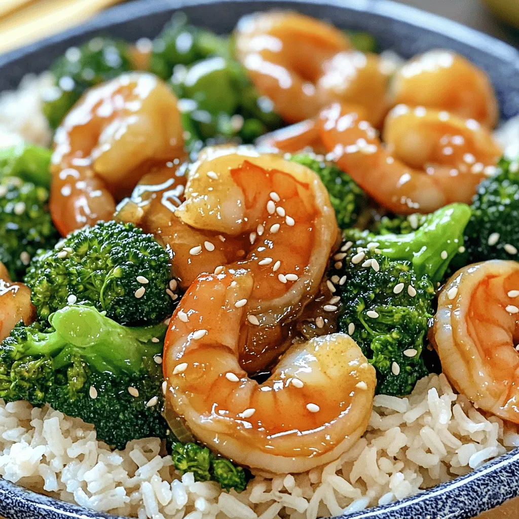 - 1 pound large shrimp, peeled and deveined - 2 cups fresh broccoli florets - 3 tablespoons honey - 3 tablespoons low sodium soy sauce - 4 cloves garlic, minced - 1 tablespoon fresh ginger, grated - 2 tablespoons vegetable oil - 1 teaspoon sesame oil - Salt and freshly cracked pepper, to taste - 1 teaspoon sesame seeds, for garnish - Cooked jasmine rice, for serving The main ingredients for this dish are simple yet packed with flavor. The shrimp provide protein, while broccoli adds crunch and nutrients. Honey and soy sauce create a sweet and savory sauce that brings it all together. Garlic and ginger add depth with their aromatic qualities. When cooking, I prefer using fresh ingredients. They enhance taste and make the dish lively. You can adjust the soy sauce to fit your salt needs. Always remember to keep your ingredients prepped before starting to cook. This will make the process smooth and fast. You can find the full recipe [here](Full Recipe). To make the sauce, grab a small mixing bowl. In this bowl, combine honey, soy sauce, minced garlic, and grated ginger. Use a whisk to blend well. This creates a smooth mixture that packs a flavorful punch. Make sure all ingredients mix evenly. Set this aside while you prepare the rest. Heat 1 tablespoon of vegetable oil in a large skillet over medium-high heat. Once the oil is hot, add the broccoli florets. Stir them often for about 2-3 minutes. You want them bright green and tender-crisp. When done, remove the broccoli from the skillet and place it on a plate to keep warm. In the same skillet, add another tablespoon of vegetable oil along with sesame oil. Let the oils heat up. Place the shrimp in the skillet in a single layer. This step is key for even cooking. Lightly season the shrimp with salt and pepper. Cook for 2-3 minutes on each side. They will turn pink and opaque when fully cooked. Lower the heat to medium and pour your honey-garlic sauce over the shrimp. Carefully add the cooked broccoli back into the skillet. Gently toss everything together. This helps the shrimp and broccoli to coat in the sauce. Let it cook for another 1-2 minutes. This extra time lets the flavors meld beautifully. Spoon the honey garlic shrimp and broccoli over fluffy jasmine rice. This base makes the dish hearty and satisfying. For a final touch, sprinkle sesame seeds on top. This adds a nice crunch and brightens up the dish. Enjoy your vibrant meal! For the complete cooking process, check the Full Recipe. When cooking shrimp, avoid common mistakes. One mistake is overcooking shrimp. If you cook shrimp too long, they turn rubbery. Shrimp should cook quickly, just 2-3 minutes per side. They are done when they turn pink and opaque. Look for that color change as your signal. To boost the flavor, try adding spices like red pepper flakes or paprika. Fresh herbs can also elevate the dish. Basil or cilantro adds a bright touch. You might also consider alternative sauces. Teriyaki or sweet chili sauce can give a nice twist to the dish. To save time, prepare ingredients in advance. Chop the broccoli and mince the garlic the night before. Store them in the fridge. This way, you can whip up the meal quickly after a busy day. You can also cook extra shrimp. This makes for easy leftovers. Store them in an airtight container in the fridge for later use. {{image_4}} You can swap out broccoli for many tasty veggies. Try snap peas, bell peppers, or even carrots. Each choice adds a unique flavor and texture. Just keep in mind that different veggies may need different cooking times. For example, snap peas cook quickly, just like broccoli. Sauté them for about 2 minutes. On the other hand, thicker vegetables like carrots need more time. Slice them thinly and cook for about 5-6 minutes until tender. If you want a change from shrimp, you can use chicken or tofu. For chicken, cut it into bite-sized pieces and cook it until brown and cooked through, about 5-7 minutes. If you choose tofu, use firm tofu, press it to remove excess water, and cut it into cubes. Sauté until golden, which takes about 4-5 minutes. If you can't find shrimp, try using scallops or fish for a new twist on this dish. They will cook quickly, just like shrimp. You can easily make this recipe gluten-free by using tamari instead of soy sauce. For a low-sugar version, reduce the honey or use a sugar substitute like stevia. If you're looking for vegetarian options, skip the shrimp and add more veggies or use tofu. This way, you keep the meal filling and tasty. Adjusting the recipe is simple and lets you make it match your dietary needs. For the full recipe, check out the Honey Garlic Shrimp and Broccoli section above. For short-term storage, refrigerate leftovers in an airtight container. This method keeps your Honey Garlic Shrimp and Broccoli fresh. It is best to eat leftovers within three days for optimal taste and texture. After that, the shrimp may lose its quality and flavor. To freeze Honey Garlic Shrimp and Broccoli, allow the dish to cool completely. Then, transfer it to a freezer-safe container. Make sure to label it with the date. You can freeze it for up to three months. When reheating, thaw it in the fridge overnight. Then, heat it in a skillet over medium heat until warmed through. This method maintains the flavors and textures well. Store raw shrimp in the coldest part of your fridge, ideally on ice. For fresh broccoli, keep it in a perforated bag to allow for air circulation. This helps prevent moisture buildup. To keep sauces from separating, mix them well before use and store them in a tightly sealed container. This way, you keep all the delicious flavors intact. Yes, you can use frozen shrimp for this dish. To start, thaw the shrimp in the fridge overnight. If you need to thaw quickly, run the shrimp under cold water for about 10 minutes. Once thawed, drain and pat them dry. This helps the shrimp cook evenly. Cook the shrimp as you would fresh, and enjoy the same great taste. You can serve Honey Garlic Shrimp and Broccoli with several tasty options. Here are a few ideas: - Fluffy jasmine rice - Quinoa for a healthy twist - Steamed dumplings for added flavor - A light salad to balance the meal These sides enhance the dish and complement its sweetness. To adjust the recipe, simply change the amount of shrimp and broccoli. For fewer people, use half the ingredients. If you have more guests, double the recipe. Keep in mind that cooking times may change slightly. Always check the shrimp for doneness. The shrimp should turn pink and opaque, while the broccoli should be bright green and tender-crisp. This blog post covered everything you need for making Honey Garlic Shrimp and Broccoli. You learned the best ingredients, cooking methods, and tips to avoid mistakes. Remember, fresh shrimp and crisp broccoli add great texture. You can easily adapt the recipe to suit your taste or make it for a crowd. Whether you stick with shrimp or try another protein, the dish will impress. Enjoy making this tasty meal, and don’t forget to personalize it!