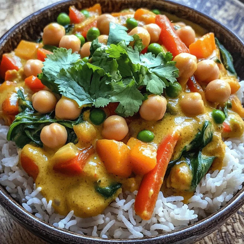 - 1 tablespoon coconut oil - 1 medium onion, finely diced - 3 cloves garlic, minced - 1 tablespoon fresh ginger, finely grated - 1 tablespoon curry powder - 1 teaspoon ground turmeric - 1 teaspoon ground cumin To start, you need good fat for flavor. Coconut oil adds a nice touch. Next, you will want onion, garlic, and ginger. They form a great base for the curry’s taste. The spices, like curry powder, turmeric, and cumin, will give it a warm, rich flavor. - 2 cups mixed vegetables (such as diced carrots, bell peppers, and frozen peas) - 1 can (15 oz) chickpeas, drained and thoroughly rinsed For the main part of your curry, use mixed vegetables. Carrots, bell peppers, and peas work well together. They add color and crunch. Chickpeas are a great protein source. They make the dish hearty and filling. - 1 can (14 oz) full-fat coconut milk - 1 cup vegetable broth (low sodium) - 1 tablespoon soy sauce (or tamari for gluten-free) Coconut milk gives your curry a creamy texture. It also adds a slight sweetness. The vegetable broth adds depth and helps the flavors blend. For extra umami, add soy sauce or tamari. This will enhance the flavor without overpowering it. For all the details on how to put these ingredients together, check the Full Recipe. 1. First, grab a large pot. Heat 1 tablespoon of coconut oil over medium heat. 2. Once the oil is hot, add 1 medium onion, finely diced. Sauté for about 5 minutes. You want the onion to be soft and translucent. 3. Next, add 3 cloves of minced garlic and 1 tablespoon of freshly grated ginger. Stir this mixture for 1-2 minutes. The smell will be amazing! 1. Now, sprinkle in 1 tablespoon of curry powder, 1 teaspoon of ground turmeric, and 1 teaspoon of ground cumin. 2. Stir well to coat the onion mix. Cook this for another minute. Toasting the spices enhances their flavor. 1. Gradually pour in 1 can of full-fat coconut milk and 1 cup of low-sodium vegetable broth. Stir to combine. 2. Bring the mixture to a gentle simmer. This allows the flavors to meld beautifully. 3. Once simmering, add 2 cups of mixed vegetables and 1 can of drained chickpeas. Cook for about 10-15 minutes. You want the veggies tender but not mushy. 4. Stir in 1 tablespoon of soy sauce and 2 cups of fresh spinach leaves. Cook for another 2 minutes, just until the spinach wilts. 5. Finally, season with sea salt and freshly cracked black pepper to taste. You can adjust this based on your preference. Let your curry sit for a few minutes before serving. This resting time helps the flavors settle. Enjoy your vibrant vegetable curry! For a full recipe, check out the earlier section. To make your vegetable curry shine, start with salt and pepper. These simple seasonings can boost the dish's flavor. Taste the curry while cooking. If it seems flat, add a pinch of salt or a twist of pepper. This small step can make a big difference. Another key step is resting time. After cooking, let the curry sit for a few minutes. This resting time allows the flavors to blend. The spices and veggies will come together nicely, enhancing the overall taste. Sautéing is an art that can elevate your dish. Start by heating the coconut oil in your pot. When it shimmers, add the onion. Sauté until soft and translucent. This softening releases the onion's natural sweetness. Managing heat is also crucial. Keep your heat at medium when cooking. Too high and your spices may burn. Too low and the vegetables may not cook properly. Adjust as needed to maintain a gentle simmer. For serving, pair your vibrant vegetable curry with fluffy rice or warm naan bread. Basmati rice is a great choice. It soaks up the curry and adds a lovely texture. When plating, make it colorful. Use a wide bowl to showcase the curry's bright colors. Top it with freshly chopped cilantro. A slice of lime on the side adds zest and freshness. This makes your dish not only tasty but also visually appealing. For the [Full Recipe], you can follow these tips and enjoy a delightful meal. {{image_4}} You can make your vegetable curry unique by adding seasonal veggies. Try fresh zucchini in summer or root vegetables in winter. Each season brings new flavors. You can also switch proteins by using tofu or lentils. Both options add texture and nutrition. Tofu absorbs the sauce well, while lentils add a hearty feel. Want more heat? Add chili powder or fresh chilies. Start small and taste as you go. To tone it down, add a dollop of yogurt or extra coconut milk. Fresh herbs like cilantro or basil can brighten your curry. Just chop them fine and stir them in at the end for a fresh taste. This recipe can easily fit many diets. It’s vegan, but you can also make it gluten-free by using tamari instead of soy sauce. If you want to lower sodium, use low-sodium broth and skip the added salt. These changes keep your meal healthy without losing flavor. For the full recipe, check the link. After you enjoy your vibrant vegetable curry, store leftovers right away. This keeps them fresh and safe. Use airtight containers to avoid spills and keep flavors intact. Glass containers work well, as they don't absorb odors. Make sure to cool the curry to room temperature before sealing it up. This helps prevent condensation inside the container. You can freeze vegetable curry for later meals. First, let it cool completely. Then, pour it into freezer-safe bags or containers. Leave some space at the top since liquids expand when frozen. Label the bags with the date so you can track how long it has been. To thaw, move the curry to the fridge overnight. For quick thawing, place the bag in cold water. When reheating, use a pot on the stove or the microwave. Heat until it's hot all the way through. In the fridge, your vegetable curry lasts about 3 to 4 days. If you freeze it, it can stay good for up to 3 months. After that, the taste and texture may change. Always check for signs of spoilage before eating. If it smells off or has changed color, it’s best to toss it. Enjoy the full recipe for more flavor and freshness! It takes about 30 minutes to make this dish. You can split this time into two parts. The prep time is just 10 minutes. This is when you chop and measure your ingredients. The cooking time takes 20 minutes. This includes sautéing, simmering, and adding flavors. Yes, you can use frozen vegetables! They are convenient and save time. Frozen veggies are often picked at their peak. This means they still hold great flavor and nutrients. Just remember to adjust cooking time. Frozen vegetables may need a few extra minutes to cook. You can serve this curry with several tasty sides. Here are some great options: - Basmati rice - Quinoa - Naan bread - Roti or pita bread These sides can soak up the delicious curry sauce. They also add texture and flavor to your meal. Enjoy experimenting with what you like best! In this blog post, we explored how to make an easy vegetable curry. We covered essential ingredients like coconut oil, spices, and mixed vegetables. I provided step-by-step instructions for creating a rich flavor base and cooking the curry. You learned tips to perfect both taste and texture. Customization ideas let you tailor the dish to your preferences. Finally, we discussed storage and serving suggestions. Now, you can enjoy a comforting, vibrant curry at home that suits your tastes. Happy cooking!