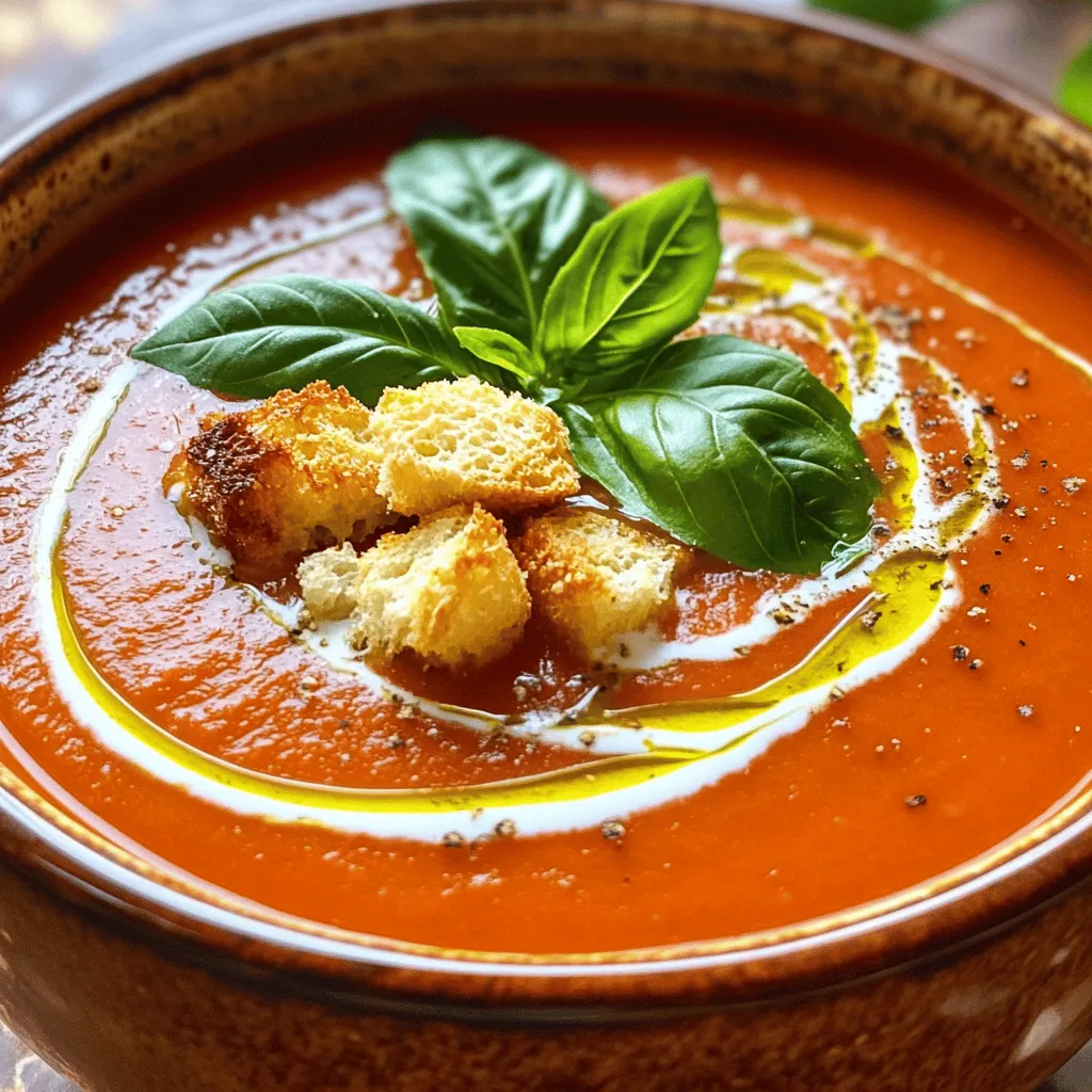 To make creamy tomato basil soup, gather these ingredients: - 2 tablespoons olive oil - 1 medium onion, finely chopped - 3 cloves garlic, minced - 2 (14-ounce) cans of diced tomatoes (preferably fire-roasted) - 1 cup vegetable broth - 1 teaspoon sugar - 1 teaspoon dried basil - 1/2 teaspoon salt - 1/4 teaspoon ground black pepper - 1 cup heavy cream (or coconut milk for a dairy-free alternative) - 1/4 cup fresh basil, chopped For a touch of flair, you can use: - Croutons - Fresh basil leaves These add texture and color to the soup. They also enhance the flavor of every spoonful. If you have allergies, here are some simple swaps: - Use coconut milk instead of heavy cream for dairy allergies. - Replace olive oil with avocado oil if you're sensitive to olives. - For a gluten-free option, ensure your vegetable broth is gluten-free. These swaps help you enjoy this creamy tomato basil soup without worry. For the full recipe, check out the detailed steps! Start by heating 2 tablespoons of olive oil in a large stock pot over medium heat. Once the oil is warm, add 1 medium onion, finely chopped. Sauté it for about 5 minutes. You want the onion to be soft and clear. Next, add 3 cloves of minced garlic. Cook it for about 1 minute. Stir it often until the garlic smells nice and turns light brown. Now, carefully pour in 2 (14-ounce) cans of diced tomatoes. I like to use fire-roasted tomatoes for added flavor. Then, add 1 cup of vegetable broth. Mix in 1 teaspoon of sugar, 1 teaspoon of dried basil, 1/2 teaspoon of salt, and 1/4 teaspoon of ground black pepper. Stir everything together and let it simmer gently for 15 minutes. This step helps all the flavors blend nicely. After the soup has simmered, remove the pot from the heat. For a smooth texture, use an immersion blender to blend the soup. If you don’t have one, you can use a countertop blender. Just remember to let the soup cool for a few minutes before blending. This avoids hot soup splattering everywhere. Blend until it looks creamy and smooth. Return the blended soup to low heat. Stir in 1 cup of heavy cream or coconut milk for a dairy-free option. Also, add 1/4 cup of chopped fresh basil. Let it warm up for about 5 minutes but do not let it boil. Taste the soup and adjust the seasoning if needed. For serving, I suggest using warm bowls. Drizzle a bit of extra olive oil on top. Add croutons and fresh basil leaves for a beautiful look. This soup not only tastes good but also looks great on the table. Enjoy this velvety tomato basil bliss! For the complete experience, check out the Full Recipe. To boost the flavor of your creamy tomato basil soup, try a few simple tricks. First, use fire-roasted tomatoes. They add a deep, smoky taste. Next, add a splash of balsamic vinegar. This will brighten the flavors. You can also mix in fresh herbs. Thyme or oregano pairs well with basil. For a kick, sprinkle in some red pepper flakes. This will give your soup a nice warmth. Many people make mistakes when cooking this soup. One common error is not sautéing the onion long enough. You want it soft and sweet. If you skip the sugar, the soup can taste too acidic. Be sure to blend the soup until smooth. Chunky soup can feel unappealing. Lastly, don’t let the soup boil after adding cream. It can curdle, ruining the texture. You don’t need fancy tools to make this soup. A large stockpot is a must. An immersion blender makes blending easy and fast. If you don’t have one, a countertop blender works well too. Just remember to cool the soup a bit first. A good cutting board and sharp knife will help with chopping. Lastly, use measuring cups for accuracy. This ensures you get the right flavors. For the <strong>Full Recipe</strong>, follow the steps carefully for the best results. {{image_4}} To make this creamy tomato basil soup vegan, simply swap the heavy cream with coconut milk. Coconut milk gives the soup a rich texture without dairy. You can also add nutritional yeast for a cheesy flavor. This option tastes great and keeps it plant-based. This soup is naturally gluten-free since it uses no flour or gluten ingredients. Just check your canned tomatoes to ensure they are gluten-free. You can enjoy this dish without worry, and it still tastes amazing. Want to pack more nutrients? You can add extra veggies! Try diced carrots, bell peppers, or spinach. Just chop them small and add them when you sauté the onion. These additions boost flavor and nutrition without losing the creamy texture. For the full recipe, check out the Velvety Tomato Basil Bliss section. To keep your creamy tomato basil soup fresh, let it cool first. Pour it into an airtight container. It keeps well in the fridge for up to 4 days. Always label your container. This helps you track how long it’s been stored. When you’re ready to enjoy your leftovers, reheat them gently. Pour the soup into a pot over medium heat. Stir it often to prevent sticking. Heat until warm, but do not let it boil. This keeps the flavors fresh and the cream smooth. If you want to save the soup for later, freezing works great. Use freezer-safe containers or bags. Leave a little space at the top for expansion. The soup can last up to 3 months in the freezer. When ready to eat, thaw it in the fridge overnight before reheating. Yes, you can use fresh tomatoes. You will need about 6-8 medium tomatoes. Start by blanching them in boiling water for 1-2 minutes. This makes it easier to peel the skin off. Once peeled, chop them and add them to your pot. Fresh tomatoes will give your soup a bright, fresh taste. Just remember, it may take longer to cook down fresh tomatoes than canned. If you want a lighter option, use coconut milk. It adds creaminess without dairy. You can also use Greek yogurt for a tangy twist. If you want a lower-calorie choice, try cashew cream. Just soak raw cashews in water for a few hours, blend until smooth, and stir it in. Each option gives the soup a unique flavor. To add heat, mix in red pepper flakes or a dash of hot sauce. You can also add diced jalapeños while cooking the onions. Another great option is to use chipotle in adobo sauce for a smoky flavor. Start with a small amount and taste as you go. Adjust to fit your spice level. Yes, this soup freezes well. Cool it completely and pour it into airtight containers. Leave some space at the top of each container. This allows the soup to expand as it freezes. It can stay in the freezer for up to three months. When you’re ready, thaw it in the fridge overnight before reheating. This creamy tomato basil soup keeps well in the fridge. Store it in an airtight container for about 4-5 days. Just give it a good stir before serving. If the soup thickens too much, add a splash of broth or water when reheating. This helps restore its creamy texture. Absolutely! Fresh herbs like thyme or oregano work great. You can also try adding a bay leaf during cooking for more depth. Just remember to remove it before blending the soup. Add herbs at the end to keep their flavor bright and fresh. Enjoy experimenting with different combinations! For the full recipe, check out the [Full Recipe]. You’ve learned the key ingredients and steps to create a delicious dish. We explored optional garnishes and tips for dietary substitutions. Following that, we went through step-by-step instructions for making a creamy base and serving it perfectly. Also, we shared tips to enhance flavor and avoid common mistakes. We even discussed variations like vegan and gluten-free options. Finally, we covered how to store leftovers and warm them up later. Enjoy using these insights to impress your family and friends!” /></p>
</p>
<h2>Variations</h2>
</p>
<h3>Vegan Version</h3>
<p>To make this creamy tomato basil soup vegan, simply swap the heavy cream with coconut milk. Coconut milk gives the soup a rich texture without dairy. You can also add nutritional yeast for a cheesy flavor. This option tastes great and keeps it plant-based.</p>
</p>
<h3>Gluten-Free Option</h3>
<p>This soup is naturally gluten-free since it uses no flour or gluten ingredients. Just check your canned tomatoes to ensure they are gluten-free. You can enjoy this dish without worry, and it still tastes amazing.</p>
</p>
<h3>Adding Extra Vegetables</h3>
<p>Want to pack more nutrients? You can add extra veggies! Try diced carrots, bell peppers, or spinach. Just chop them small and add them when you sauté the onion. These additions boost flavor and nutrition without losing the creamy texture.</p>
</p>
<p>For the full recipe, check out the Velvety Tomato Basil Bliss section.</p>
</p>
<h2>Storage Info</h2>
</p>
<h3>How to Properly Store Leftovers</h3>
<p>To keep your creamy tomato basil soup fresh, let it cool first. Pour it into an airtight container. It keeps well in the fridge for up to 4 days. Always label your container. This helps you track how long it’s been stored.</p>
</p>
<h3>Reheating Instructions</h3>
<p>When you’re ready to enjoy your leftovers, reheat them gently. Pour the soup into a pot over medium heat. Stir it often to prevent sticking. Heat until warm, but do not let it boil. This keeps the flavors fresh and the cream smooth.</p>
</p>
<h3>Freezing Tips for Long-term Storage</h3>
<p>If you want to save the soup for later, freezing works great. Use freezer-safe containers or bags. Leave a little space at the top for expansion. The soup can last up to 3 months in the freezer. When ready to eat, thaw it in the fridge overnight before reheating.</p>
</p>
<h2>FAQs</h2>
</p>
<h3>Can I use fresh tomatoes instead of canned?</h3>
<p>Yes, you can use fresh tomatoes. You will need about 6-8 medium tomatoes. Start by blanching them in boiling water for 1-2 minutes. This makes it easier to peel the skin off. Once peeled, chop them and add them to your pot. Fresh tomatoes will give your soup a bright, fresh taste. Just remember, it may take longer to cook down fresh tomatoes than canned.</p>
</p>
<h3>What can I substitute for heavy cream?</h3>
<p>If you want a lighter option, use coconut milk. It adds creaminess without dairy. You can also use Greek yogurt for a tangy twist. If you want a lower-calorie choice, try cashew cream. Just soak raw cashews in water for a few hours, blend until smooth, and stir it in. Each option gives the soup a unique flavor.</p>
</p>
<h3>How can I make it spicier?</h3>
<p>To add heat, mix in red pepper flakes or a dash of hot sauce. You can also add diced jalapeños while cooking the onions. Another great option is to use chipotle in adobo sauce for a smoky flavor. Start with a small amount and taste as you go. Adjust to fit your spice level.</p>
</p>
<h3>Can I freeze leftover soup?</h3>
<p>Yes, this soup freezes well. Cool it completely and pour it into airtight containers. Leave some space at the top of each container. This allows the soup to expand as it freezes. It can stay in the freezer for up to three months. When you’re ready, thaw it in the fridge overnight before reheating.</p>
</p>
<h3>How long does this soup last in the fridge?</h3>
<p>This creamy tomato basil soup keeps well in the fridge. Store it in an airtight container for about 4-5 days. Just give it a good stir before serving. If the soup thickens too much, add a splash of broth or water when reheating. This helps restore its creamy texture.</p>
</p>
<h3>Can I add more herbs to the soup?</h3>
<p>Absolutely! Fresh herbs like thyme or oregano work great. You can also try adding a bay leaf during cooking for more depth. Just remember to remove it before blending the soup. Add herbs at the end to keep their flavor bright and fresh. Enjoy experimenting with different combinations!</p>
</p>
<p>For the full recipe, check out the [Full Recipe].</p>
</p>
<p>You’ve learned the key ingredients and steps to create a delicious dish. We explored optional garnishes and tips for dietary substitutions. Following that, we went through step-by-step instructions for making a creamy base and serving it perfectly. Also, we shared tips to enhance flavor and avoid common mistakes. We even discussed variations like vegan and gluten-free options. Finally, we covered how to store leftovers and warm them up later. Enjoy using these insights to impress your family and friends!</p>
<div id=
