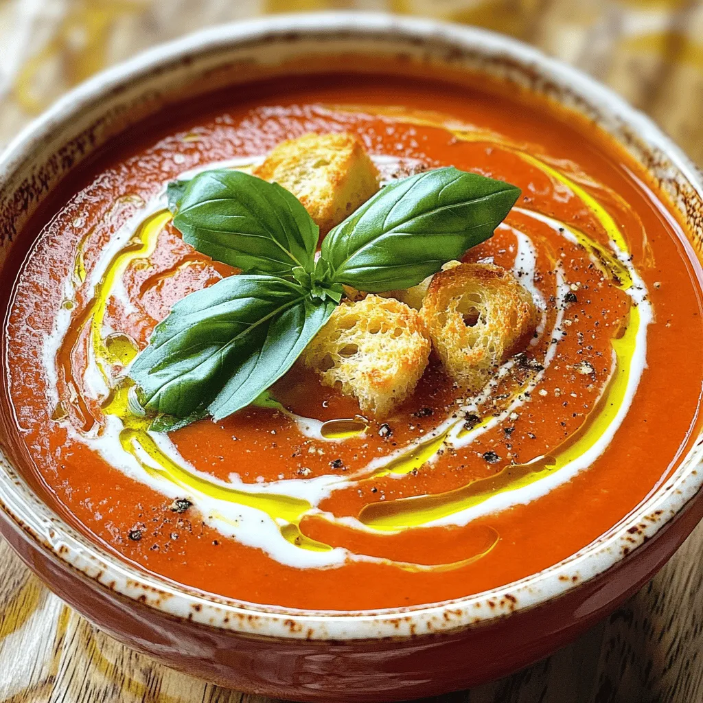 To make creamy tomato basil soup, gather these ingredients: - 2 tablespoons olive oil - 1 medium onion, finely chopped - 3 cloves garlic, minced - 2 (14-ounce) cans of diced tomatoes (preferably fire-roasted) - 1 cup vegetable broth - 1 teaspoon sugar - 1 teaspoon dried basil - 1/2 teaspoon salt - 1/4 teaspoon ground black pepper - 1 cup heavy cream (or coconut milk for a dairy-free alternative) - 1/4 cup fresh basil, chopped For a touch of flair, you can use: - Croutons - Fresh basil leaves These add texture and color to the soup. They also enhance the flavor of every spoonful. If you have allergies, here are some simple swaps: - Use coconut milk instead of heavy cream for dairy allergies. - Replace olive oil with avocado oil if you're sensitive to olives. - For a gluten-free option, ensure your vegetable broth is gluten-free. These swaps help you enjoy this creamy tomato basil soup without worry. For the full recipe, check out the detailed steps! Start by heating 2 tablespoons of olive oil in a large stock pot over medium heat. Once the oil is warm, add 1 medium onion, finely chopped. Sauté it for about 5 minutes. You want the onion to be soft and clear. Next, add 3 cloves of minced garlic. Cook it for about 1 minute. Stir it often until the garlic smells nice and turns light brown. Now, carefully pour in 2 (14-ounce) cans of diced tomatoes. I like to use fire-roasted tomatoes for added flavor. Then, add 1 cup of vegetable broth. Mix in 1 teaspoon of sugar, 1 teaspoon of dried basil, 1/2 teaspoon of salt, and 1/4 teaspoon of ground black pepper. Stir everything together and let it simmer gently for 15 minutes. This step helps all the flavors blend nicely. After the soup has simmered, remove the pot from the heat. For a smooth texture, use an immersion blender to blend the soup. If you don’t have one, you can use a countertop blender. Just remember to let the soup cool for a few minutes before blending. This avoids hot soup splattering everywhere. Blend until it looks creamy and smooth. Return the blended soup to low heat. Stir in 1 cup of heavy cream or coconut milk for a dairy-free option. Also, add 1/4 cup of chopped fresh basil. Let it warm up for about 5 minutes but do not let it boil. Taste the soup and adjust the seasoning if needed. For serving, I suggest using warm bowls. Drizzle a bit of extra olive oil on top. Add croutons and fresh basil leaves for a beautiful look. This soup not only tastes good but also looks great on the table. Enjoy this velvety tomato basil bliss! For the complete experience, check out the Full Recipe. To boost the flavor of your creamy tomato basil soup, try a few simple tricks. First, use fire-roasted tomatoes. They add a deep, smoky taste. Next, add a splash of balsamic vinegar. This will brighten the flavors. You can also mix in fresh herbs. Thyme or oregano pairs well with basil. For a kick, sprinkle in some red pepper flakes. This will give your soup a nice warmth. Many people make mistakes when cooking this soup. One common error is not sautéing the onion long enough. You want it soft and sweet. If you skip the sugar, the soup can taste too acidic. Be sure to blend the soup until smooth. Chunky soup can feel unappealing. Lastly, don’t let the soup boil after adding cream. It can curdle, ruining the texture. You don’t need fancy tools to make this soup. A large stockpot is a must. An immersion blender makes blending easy and fast. If you don’t have one, a countertop blender works well too. Just remember to cool the soup a bit first. A good cutting board and sharp knife will help with chopping. Lastly, use measuring cups for accuracy. This ensures you get the right flavors. For the Full Recipe, follow the steps carefully for the best results. {{image_4}} To make this creamy tomato basil soup vegan, simply swap the heavy cream with coconut milk. Coconut milk gives the soup a rich texture without dairy. You can also add nutritional yeast for a cheesy flavor. This option tastes great and keeps it plant-based. This soup is naturally gluten-free since it uses no flour or gluten ingredients. Just check your canned tomatoes to ensure they are gluten-free. You can enjoy this dish without worry, and it still tastes amazing. Want to pack more nutrients? You can add extra veggies! Try diced carrots, bell peppers, or spinach. Just chop them small and add them when you sauté the onion. These additions boost flavor and nutrition without losing the creamy texture. For the full recipe, check out the Velvety Tomato Basil Bliss section. To keep your creamy tomato basil soup fresh, let it cool first. Pour it into an airtight container. It keeps well in the fridge for up to 4 days. Always label your container. This helps you track how long it's been stored. When you're ready to enjoy your leftovers, reheat them gently. Pour the soup into a pot over medium heat. Stir it often to prevent sticking. Heat until warm, but do not let it boil. This keeps the flavors fresh and the cream smooth. If you want to save the soup for later, freezing works great. Use freezer-safe containers or bags. Leave a little space at the top for expansion. The soup can last up to 3 months in the freezer. When ready to eat, thaw it in the fridge overnight before reheating. Yes, you can use fresh tomatoes. You will need about 6-8 medium tomatoes. Start by blanching them in boiling water for 1-2 minutes. This makes it easier to peel the skin off. Once peeled, chop them and add them to your pot. Fresh tomatoes will give your soup a bright, fresh taste. Just remember, it may take longer to cook down fresh tomatoes than canned. If you want a lighter option, use coconut milk. It adds creaminess without dairy. You can also use Greek yogurt for a tangy twist. If you want a lower-calorie choice, try cashew cream. Just soak raw cashews in water for a few hours, blend until smooth, and stir it in. Each option gives the soup a unique flavor. To add heat, mix in red pepper flakes or a dash of hot sauce. You can also add diced jalapeños while cooking the onions. Another great option is to use chipotle in adobo sauce for a smoky flavor. Start with a small amount and taste as you go. Adjust to fit your spice level. Yes, this soup freezes well. Cool it completely and pour it into airtight containers. Leave some space at the top of each container. This allows the soup to expand as it freezes. It can stay in the freezer for up to three months. When you're ready, thaw it in the fridge overnight before reheating. This creamy tomato basil soup keeps well in the fridge. Store it in an airtight container for about 4-5 days. Just give it a good stir before serving. If the soup thickens too much, add a splash of broth or water when reheating. This helps restore its creamy texture. Absolutely! Fresh herbs like thyme or oregano work great. You can also try adding a bay leaf during cooking for more depth. Just remember to remove it before blending the soup. Add herbs at the end to keep their flavor bright and fresh. Enjoy experimenting with different combinations! For the full recipe, check out the [Full Recipe]. You've learned the key ingredients and steps to create a delicious dish. We explored optional garnishes and tips for dietary substitutions. Following that, we went through step-by-step instructions for making a creamy base and serving it perfectly. Also, we shared tips to enhance flavor and avoid common mistakes. We even discussed variations like vegan and gluten-free options. Finally, we covered how to store leftovers and warm them up later. Enjoy using these insights to impress your family and friends!