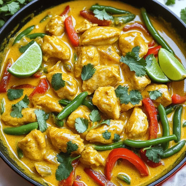 To create a tasty coconut curry chicken, you need: - 1 lb (450g) chicken breast, cut into bite-sized pieces - 1 can (14 oz) coconut milk - 2 tablespoons red curry paste - 1 medium onion, finely chopped - 3 cloves garlic, minced - 1-inch piece of fresh ginger, grated - 1 red bell pepper, sliced into strips - 1 cup green beans, trimmed and cut in half These fresh ingredients give the dish its rich flavor. The right seasonings make your curry pop. You will need: - 2 tablespoons soy sauce - 1 tablespoon brown sugar - Salt and pepper, to taste These seasonings balance the creaminess of the coconut milk. Garnishes add a fresh touch. Consider these: - Fresh cilantro leaves, for garnish - Lime wedges, for serving The cilantro adds brightness, while lime gives a zesty kick. For the full recipe, check the details above. First, gather your ingredients. Chop all the veggies and measure the spices. For the chicken, cut it into bite-sized pieces. If you want more flavor, you can marinate the chicken. Just add some soy sauce, garlic, and a bit of curry paste. Let it sit for at least 15 minutes. Now, heat a large skillet over medium heat. Add the vegetable oil. Once hot, toss in the chopped onion. Sauté it for about 3 to 4 minutes until it’s soft. Then, add minced garlic and grated ginger. Cook this for 1 to 2 more minutes. You want it to smell great! Next, add the chicken pieces. Season them with salt and pepper. Cook for 5 to 7 minutes. Keep stirring until they turn golden brown. Once the chicken is browned, add the red curry paste. Stir well to coat the chicken. Let it cook for 2 minutes to deepen the flavors. Now, pour in the coconut milk. Add soy sauce and brown sugar. Stir everything together. Then, add the sliced red bell pepper and green beans. Bring this mixture to a gentle simmer. Cook uncovered for 10 to 15 minutes. You want the sauce to thicken and the veggies to be tender. After simmering, taste the curry. Adjust the seasoning with more salt or pepper if needed. Once it's just right, turn off the heat. Serve your coconut curry chicken over rice or quinoa. Top it with fresh cilantro and lime wedges for a burst of flavor. For the full recipe, check the details above! To ensure your chicken is juicy, avoid overcooking it. Cook the chicken just until it turns golden brown. Use a meat thermometer if you have one; the chicken should reach 165°F (75°C). This helps keep it tender. Always stir the chicken frequently while it cooks. This keeps it from sticking and burning. Want to add a twist to your dish? Try adding more spices like turmeric or cumin. These spices boost the flavor and add depth. You can also use homemade curry paste for a fresher taste. However, store-bought curry paste is a great time-saver. Just make sure to choose one that fits your taste. Chopping cilantro is easy. Start by removing the leaves from the stems. Then, stack a few leaves and chop them finely. This adds a fresh touch to your dish. Serve your coconut curry chicken with fluffy rice or quinoa. They soak up the sauce beautifully. Don’t forget to add lime wedges for a zesty kick! For the full recipe, check out Coconut Curry Chicken Delight. {{image_4}} You can change the main protein in coconut curry chicken. Shrimp works well in this dish. Cook the shrimp just until pink, about 3-4 minutes. Tofu is a great plant-based choice. Use firm or extra-firm tofu, cut into cubes. Sauté it until golden brown for added flavor. You can also use chickpeas for a vegan option. They add protein and texture. Just add them to the sauce and simmer until heated through. Adding seasonal vegetables enhances the dish. Try bell peppers, carrots, or zucchini. They add color and nutrients. You can also use frozen veggies. They are easy and quick. Just toss them in during the last 10 minutes of cooking. This keeps them crisp and bright. Choose a mix for variety and flavor. Adjust the spice level to suit your taste. If you like it spicy, add more red curry paste. Start with a teaspoon more and taste as you go. For kids, keep it mild. Reduce the curry paste and add a bit of coconut milk for creaminess. This keeps the dish tasty without too much heat. Check the Full Recipe for all the details. To keep your coconut curry chicken fresh, follow these tips: - Place leftovers in an airtight container. - Store in the fridge within two hours of cooking. - Enjoy your leftovers within three to four days. - If you want to save it longer, freeze it. - Use freezer-safe containers or zip-top bags. - Label the bags with the date for easy tracking. To reheat without losing flavor, try these methods: - Use the microwave for quick reheating. - Place curry in a bowl and cover it. - Heat in short bursts, stirring in between. - For stovetop, use a pan over low heat. - Stir often to prevent sticking and burning. - Add a splash of water or coconut milk if needed. How long can coconut curry chicken last in the fridge? - It lasts three to four days when stored properly. Signs of spoilage include: - A sour smell or off-putting odor. - Changes in color or texture. - Mold or any unusual spots on the surface. When in doubt, throw it out! For the full recipe, check out the recipe section. You can add heat in a few ways. Try using more red curry paste. A pinch of chili flakes also works well. You might like to add fresh sliced chili peppers too. If you enjoy heat, use two tablespoons of curry paste instead of one. Make sure to taste as you go. Adjusting the heat can really make the dish pop! Yes, you can use light coconut milk. It has less fat than regular coconut milk. This means it will taste less creamy. The sauce will be thinner too. If you want a rich flavor, I suggest sticking with the regular variety. Light coconut milk is still good, just a bit different. Coconut Curry Chicken pairs well with many sides. I love serving it over steamed rice or fluffy quinoa. Both absorb the sauce nicely. You could also serve it with naan bread for dipping. A fresh salad or steamed veggies on the side also adds color. To make it gluten-free, use tamari instead of soy sauce. Tamari is a gluten-free sauce that has a similar taste. Always check labels for hidden gluten in other ingredients too. With these swaps, you can enjoy the dish safely. Coconut Curry Chicken has a good balance of nutrients. One serving contains around 400 calories. It has protein from the chicken and healthy fats from coconut milk. You also get fiber from the veggies. Overall, it’s a tasty dish that fits well into a healthy meal plan. Coconut curry chicken is not just a meal; it’s a flavorful experience. You learned about the key ingredients like chicken breast and coconut milk, and essential seasonings that make this dish shine. We explored step-by-step cooking methods, tips for the perfect finish, and creative variations. Remember, with substitutes and side dish ideas, you can make this recipe your own. Whether you’re cooking for yourself or sharing with friends, enjoy every bite. Your kitchen can be a place of joy with this simple yet delicious dish. Happy cooking!