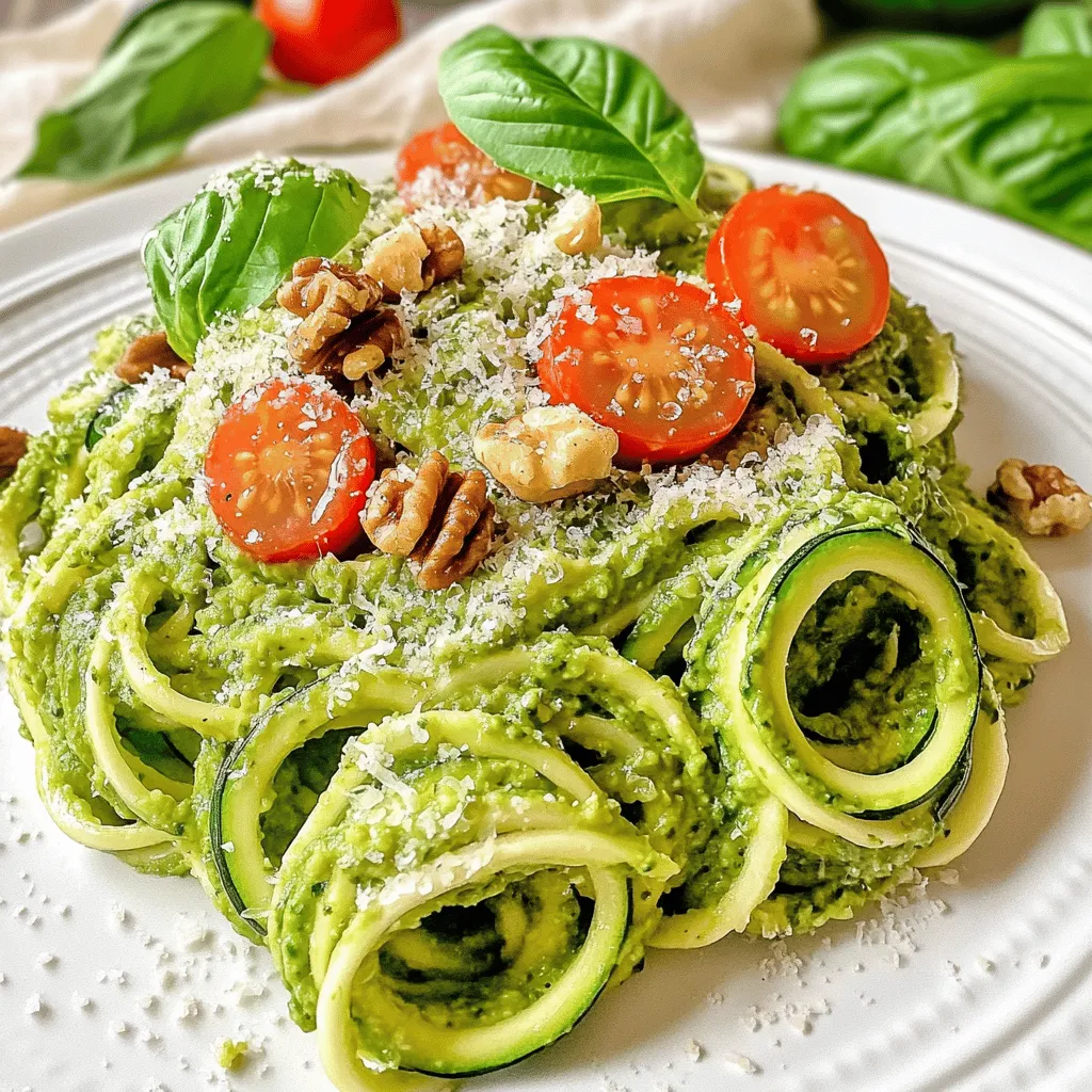 For this fresh and tasty dish, gather the following ingredients: - 4 medium zucchinis - 1 ripe avocado - 2 cups fresh basil leaves, tightly packed - 1/4 cup walnuts (or substitute with pine nuts) - 2 cloves garlic, peeled and minced - 2 tablespoons nutritional yeast - 2 tablespoons freshly squeezed lemon juice - 1/4 cup extra-virgin olive oil - Salt and freshly ground black pepper, to taste - Handful of cherry tomatoes, halved - Grated Parmesan cheese or a vegan cheese alternative (optional) This dish is not only delicious but also healthy. Here’s a quick look at the nutritional benefits: - Zucchini is low in calories and high in water. - Avocado provides healthy fats and fiber. - Basil adds antioxidants and vitamins. - Walnuts offer omega-3 fatty acids. - Nutritional yeast gives you a cheesy flavor without dairy. You can make this dish your own by swapping ingredients. Here are some ideas: - Zucchini: Use spiralized carrots or yellow squash for a different twist. - Avocado: Replace with a ripe banana for a sweet touch. - Nuts: Almonds or pecans can work instead of walnuts. - Nutritional Yeast: Use grated cheese if you prefer a dairy option. - Lemon Juice: Lime juice can add a zesty flavor. Feel free to experiment with these options to find what you love most. The recipe remains flexible while still being so satisfying. For the full recipe, check out the instructions on how to bring this dish together! To start, I use a spiralizer or a vegetable peeler to turn the zucchinis into noodles, also known as zoodles. This process is easy and fun! After making the zoodles, I place them in a colander. I lightly sprinkle salt over the top and let them sit for about ten minutes. This step helps draw out excess moisture, which keeps the zoodles firm and tasty. Next, I make the avocado basil pesto. I grab my high-speed food processor and add the ripe avocado, fresh basil leaves, walnuts, and minced garlic. I also toss in nutritional yeast for a cheesy taste without dairy. Then, I squeeze in some fresh lemon juice and add a pinch of salt and pepper. I blend everything until it becomes creamy. While blending, I slowly drizzle in olive oil until the pesto is smooth. I give it a taste and adjust the flavor if needed. Once the zucchini noodles are ready, I move them to a large mixing bowl. I add the creamy avocado basil pesto and gently toss everything together. I make sure to coat the zoodles without breaking them. The goal is to mix until every noodle is covered in pesto. This simple step transforms the zoodles into a delightful dish! For a burst of color, I scatter halved cherry tomatoes on top. If I want, I can sprinkle some grated Parmesan cheese or a vegan alternative for extra flavor. To make great zoodles, start with firm zucchinis. Look for ones that feel heavy and smooth. Use a spiralizer, julienne peeler, or a simple vegetable peeler to create thin noodles. After cutting, sprinkle the zoodles lightly with salt and let them sit in a colander for about 10 minutes. This step helps remove excess moisture, giving you a better texture. Taste your pesto as you mix. If you want it more tangy, add a bit more lemon juice. For a nuttier taste, increase the walnuts or switch to pine nuts. If your pesto feels too thick, drizzle in more olive oil. Remember, the right balance makes all the difference! When serving, use a large bowl or plate to showcase your zoodles. Top them with halved cherry tomatoes for a bright touch. If you like cheese, sprinkle some grated Parmesan or a vegan alternative over the dish. Serve it immediately for the freshest taste. Dive into this colorful plate and enjoy every bite! For the full recipe, click [Full Recipe]. {{image_4}} You can make zucchini noodles with pesto even heartier by adding protein. Grilled chicken or shrimp are fantastic choices. Simply cook them in a pan with a bit of olive oil. Once done, slice them and toss them in with your zoodles. If you want a plant-based option, try chickpeas or tofu. Both add great texture and flavor. While the avocado basil pesto is creamy and delicious, you can switch things up. Try using spinach or arugula instead of basil for a new taste. You can also swap walnuts for almonds or sunflower seeds. Each choice brings a unique flavor and texture to your dish. Experimenting with different cheeses can create a new twist on the classic pesto. Serve your zucchini noodles with pesto in various ways. For a fresh salad, add cold zoodles and chill them before mixing with pesto. You can also bake them. Spread the zoodles and pesto in a baking dish, top with cheese, and bake until bubbly. This adds a warm, comforting twist to the dish. Your guests will love the new styles! For the full recipe, check out the complete guide to Zucchini Noodles with Avocado Basil Pesto. To store leftover zucchini noodles, place them in an airtight container. Make sure they are dry to avoid excess moisture. They can last in the fridge for 2 to 3 days. Just remember that they can get soggy over time. For pesto, keep it in a sealed jar. Drizzle a thin layer of olive oil on top to prevent browning. It stays fresh in the fridge for about a week. You can also freeze it in ice cube trays for longer storage. When reheating zucchini noodles, use a pan on low heat. Add a splash of water or olive oil to help them heat evenly. Stir gently for about 2 to 3 minutes until warm. Be careful not to cook them too long; you want them crisp, not mushy. Enjoy this dish while it's fresh and delightful! For the full recipe, check out the detailed instructions above. Yes, you can use regular pasta. However, zucchini noodles provide a low-carb option. They have fewer calories and add more veggies to your meal. If you like pasta, try a mix of both for a fun twist. To make this dish vegan, simply skip the Parmesan cheese. Use nutritional yeast for a cheesy flavor. This recipe already uses avocado for creaminess, so you won’t miss the dairy. Zucchini noodles are low in calories and rich in fiber. They also contain vitamins A and C, which are great for your skin and immune system. Eating more veggies like zucchini can help keep your weight in check. Zucchini noodles can last 2 to 3 days in the fridge. Store them in an airtight container to keep them fresh. If you notice any moisture, use a paper towel to absorb it before sealing. You can serve zucchini noodles with grilled chicken, shrimp, or a light salad. Adding roasted veggies or garlic bread also makes a nice side. For a complete meal, try pairing it with a refreshing drink, like lemonade. For the full recipe, check out the section above. Zucchini noodles with avocado basil pesto are a healthy, fun dish to make. You learned about the key ingredients, how to prepare zoodles, and ways to store leftovers. I shared tips for perfect zoodles and how to adjust the pesto flavor. You can even explore variations with added proteins or different pesto mixes. Give this recipe a try, and enjoy a fresh twist on pasta. It’s a crowd-pleaser that’s simple and delicious!