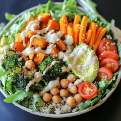 To make a Vegan Buddha Bowl, gather these vital ingredients: - 1 cup quinoa, rinsed and drained - 2 cups vegetable broth - 1 cup chickpeas, cooked or canned (rinsed and drained) - 1 medium sweet potato, peeled and diced into ½-inch cubes - 1 cup broccoli florets - 1 medium carrot, peeled and julienned - 1 ripe avocado, sliced - ½ cup cherry tomatoes, halved - 2 cups mixed greens (spinach, kale, or arugula) - 2 tablespoons olive oil - 1 tablespoon tahini - 1 tablespoon freshly squeezed lemon juice - 1 tablespoon maple syrup - Salt and pepper, to taste - Sesame seeds, for garnish Each serving of this Vegan Buddha Bowl packs a punch of nutrients. Here’s a quick breakdown: - Calories: 400 - Protein: 14g - Carbohydrates: 65g - Fiber: 12g - Fat: 14g - Sugars: 5g This bowl is rich in protein, fiber, and healthy fats. It’s a great choice for a balanced meal. You can easily swap ingredients based on what you have. Here are some ideas: - Quinoa: Use brown rice or farro. - Chickpeas: Substitute black beans or lentils. - Sweet Potato: Try butternut squash or pumpkin. - Broccoli: Use cauliflower or green beans. - Tahini: Swap with almond butter or sunflower seed butter. - Maple Syrup: Honey or agave syrup works too. These swaps keep the bowl fresh and exciting while catering to your taste. For the complete recipe, check out the Full Recipe. Making a Vegan Buddha Bowl is easy and fun. You will combine fresh vegetables, grains, and protein. Start by gathering all your ingredients. This way, you will have everything ready. You will roast the sweet potatoes and broccoli while cooking quinoa. Finally, you will assemble the bowl with all the tasty parts. 1. Roast the Vegetables: - Preheat your oven to 425°F (220°C). - Line a baking sheet with parchment paper. - In a bowl, mix the diced sweet potato and broccoli florets. - Drizzle with two tablespoons of olive oil, and add salt and pepper. - Toss until all pieces are coated. - Spread the veggies on the baking sheet. - Roast for 20-25 minutes, stirring halfway through. 2. Cook the Quinoa: - In a medium saucepan, combine 1 cup of rinsed quinoa and 2 cups of vegetable broth. - Bring this to a boil over medium-high heat. - Once it boils, lower the heat, cover, and simmer for about 15 minutes. - When done, remove from heat and let it sit for 5 more minutes. 3. Make the Tahini Dressing: - In a small bowl, whisk together 1 tablespoon of tahini, 1 tablespoon of lemon juice, and 1 tablespoon of maple syrup. - Add a pinch of salt and one tablespoon of water. - Mix until smooth. Adjust with more water for your desired thickness. 1. Start with a base of quinoa in each bowl. 2. Add the roasted sweet potatoes and broccoli on top. 3. Next, scoop in 1 cup of chickpeas. 4. Add the julienned carrots, fresh avocado slices, and halved cherry tomatoes. 5. Top with mixed greens for freshness. 6. Drizzle the tahini dressing over the bowl. 7. Finish with a sprinkle of sesame seeds for added crunch. Now, you have a colorful and healthy Vegan Buddha Bowl! Enjoy this vibrant meal. For the full recipe, check the detailed steps above. To make the best tahini dressing, start with good tahini. Use fresh tahini for the best taste. Mix tahini, lemon juice, and maple syrup in a bowl. Add a pinch of salt. Add water a little at a time until it’s smooth. If it’s too thick, just add more water. Taste it! Adjust the salt or lemon juice as you like. This dressing adds a creamy touch to your bowl. Start with a colorful base. Use fluffy quinoa as your canvas. Layer roasted veggies and fresh greens in sections. Use bright colors like orange from carrots and green from broccoli. Slice the avocado nicely to show its creamy texture. Add cherry tomatoes for a splash of red. Drizzle the tahini dressing on top. Finish with a sprinkle of sesame seeds. This makes your Buddha bowl pop! Store leftover Buddha bowl components separately. Keep the quinoa, veggies, and dressing in airtight containers. This keeps everything fresh. You can reheat the quinoa and veggies in the microwave. Make sure they are warm, but do not overheat. Keep the dressing separate until you serve the bowl. This way, your bowl stays crisp and tasty. Enjoy your meal later without losing flavor! {{image_4}} You can customize your Vegan Buddha Bowl with seasonal vegetables. This keeps your dish fresh and fun. For spring, add asparagus or peas. In summer, try zucchini and bell peppers. Fall brings squash and Brussels sprouts. Winter is perfect for root veggies like parsnips and carrots. Choose what’s ripe and in season for better taste and nutrition. Protein is key in a Buddha bowl. You can switch chickpeas for other options. Black beans or kidney beans are great choices. Tofu is another tasty option. Try marinated or grilled tofu for extra flavor. Tempeh adds a nutty taste and is packed with protein. Feel free to mix and match these proteins for variety. Dressing can change your bowl's whole vibe. If you want a creamy taste, use cashew cream. A spicy kick? Try sriracha mixed with lime. For a tangy twist, use a balsamic vinaigrette. You can also make a peanut sauce for a nutty flavor. Experiment with different dressings to find your favorite. For the full recipe, check the earlier section. To keep your vegan Buddha bowl fresh, store it in airtight containers. Divide the ingredients into separate parts. This helps keep the grains and veggies crisp. Use glass or BPA-free plastic containers. Label them with the date you made the meal. This way, you can track how long they last. You can keep a vegan Buddha bowl in the fridge for up to four days. After that, the taste and texture may change. If you see any signs of spoilage, it's best to toss it out. Always check for any off smells or discoloration before eating. You can freeze your vegan Buddha bowl for up to three months. However, some ingredients may not freeze well. Quinoa and chickpeas do freeze nicely. Roast the sweet potatoes and broccoli, but they may lose some texture. When ready to eat, thaw overnight in the fridge. Reheat in the microwave or on the stove. Enjoy your meal with a fresh dressing to boost flavor. A Vegan Buddha Bowl is packed with nutrients. It combines whole grains, veggies, and healthy fats. Here are some key health benefits: - High in fiber: Quinoa, veggies, and chickpeas provide plenty of fiber. - Rich in vitamins: You get vitamins A, C, and K from colorful veggies. - Plant-based protein: Chickpeas and quinoa offer good protein for muscle health. - Healthy fats: Avocado and tahini give you healthy fats for heart health. Eating a Vegan Buddha Bowl can help you feel full and satisfied. It also supports your immune system and boosts energy levels. Yes, you can make a Vegan Buddha Bowl ahead of time. This meal is great for meal prep. To do so, follow these steps: - Cook the quinoa and chickpeas: These hold well in the fridge. - Roast vegetables: You can roast them a day before. Store them in an airtight container. - Prepare the dressing: Make the tahini dressing in advance and keep it separate. Assemble your bowl when you are ready to eat. This keeps everything fresh and tasty. Making a gluten-free Vegan Buddha Bowl is simple. Here’s how: - Choose gluten-free grains: Use quinoa, brown rice, or millet. - Check labels: Ensure any packaged items, like tahini, are gluten-free. - Add gluten-free veggies: Most veggies are naturally gluten-free. With these tips, you can enjoy a delicious and safe meal. For a full recipe, check out the Vibrant Vegan Buddha Bowl. The blog post covered key ingredients, step-by-step cooking, and tips for a Vegan Buddha Bowl. You learned how to prepare, assemble, and store your bowl. Customization options let you use seasonal veggies and different proteins. Remember, meal prep can save time and your bowl will taste even better as leftovers. With these tips, you'll impress friends and family with a vibrant, healthy dish. Enjoy making your Vegan Buddha Bowl, and feel great about your choices!