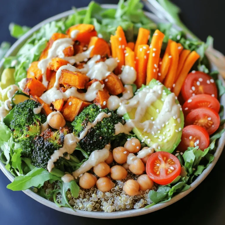 To make a Vegan Buddha Bowl, gather these vital ingredients: - 1 cup quinoa, rinsed and drained - 2 cups vegetable broth - 1 cup chickpeas, cooked or canned (rinsed and drained) - 1 medium sweet potato, peeled and diced into ½-inch cubes - 1 cup broccoli florets - 1 medium carrot, peeled and julienned - 1 ripe avocado, sliced - ½ cup cherry tomatoes, halved - 2 cups mixed greens (spinach, kale, or arugula) - 2 tablespoons olive oil - 1 tablespoon tahini - 1 tablespoon freshly squeezed lemon juice - 1 tablespoon maple syrup - Salt and pepper, to taste - Sesame seeds, for garnish Each serving of this Vegan Buddha Bowl packs a punch of nutrients. Here’s a quick breakdown: - Calories: 400 - Protein: 14g - Carbohydrates: 65g - Fiber: 12g - Fat: 14g - Sugars: 5g This bowl is rich in protein, fiber, and healthy fats. It’s a great choice for a balanced meal. You can easily swap ingredients based on what you have. Here are some ideas: - Quinoa: Use brown rice or farro. - Chickpeas: Substitute black beans or lentils. - Sweet Potato: Try butternut squash or pumpkin. - Broccoli: Use cauliflower or green beans. - Tahini: Swap with almond butter or sunflower seed butter. - Maple Syrup: Honey or agave syrup works too. These swaps keep the bowl fresh and exciting while catering to your taste. For the complete recipe, check out the Full Recipe. Making a Vegan Buddha Bowl is easy and fun. You will combine fresh vegetables, grains, and protein. Start by gathering all your ingredients. This way, you will have everything ready. You will roast the sweet potatoes and broccoli while cooking quinoa. Finally, you will assemble the bowl with all the tasty parts. 1. Roast the Vegetables: - Preheat your oven to 425°F (220°C). - Line a baking sheet with parchment paper. - In a bowl, mix the diced sweet potato and broccoli florets. - Drizzle with two tablespoons of olive oil, and add salt and pepper. - Toss until all pieces are coated. - Spread the veggies on the baking sheet. - Roast for 20-25 minutes, stirring halfway through. 2. Cook the Quinoa: - In a medium saucepan, combine 1 cup of rinsed quinoa and 2 cups of vegetable broth. - Bring this to a boil over medium-high heat. - Once it boils, lower the heat, cover, and simmer for about 15 minutes. - When done, remove from heat and let it sit for 5 more minutes. 3. Make the Tahini Dressing: - In a small bowl, whisk together 1 tablespoon of tahini, 1 tablespoon of lemon juice, and 1 tablespoon of maple syrup. - Add a pinch of salt and one tablespoon of water. - Mix until smooth. Adjust with more water for your desired thickness. 1. Start with a base of quinoa in each bowl. 2. Add the roasted sweet potatoes and broccoli on top. 3. Next, scoop in 1 cup of chickpeas. 4. Add the julienned carrots, fresh avocado slices, and halved cherry tomatoes. 5. Top with mixed greens for freshness. 6. Drizzle the tahini dressing over the bowl. 7. Finish with a sprinkle of sesame seeds for added crunch. Now, you have a colorful and healthy Vegan Buddha Bowl! Enjoy this vibrant meal. For the full recipe, check the detailed steps above. To make the best tahini dressing, start with good tahini. Use fresh tahini for the best taste. Mix tahini, lemon juice, and maple syrup in a bowl. Add a pinch of salt. Add water a little at a time until it’s smooth. If it’s too thick, just add more water. Taste it! Adjust the salt or lemon juice as you like. This dressing adds a creamy touch to your bowl. Start with a colorful base. Use fluffy quinoa as your canvas. Layer roasted veggies and fresh greens in sections. Use bright colors like orange from carrots and green from broccoli. Slice the avocado nicely to show its creamy texture. Add cherry tomatoes for a splash of red. Drizzle the tahini dressing on top. Finish with a sprinkle of sesame seeds. This makes your Buddha bowl pop! Store leftover Buddha bowl components separately. Keep the quinoa, veggies, and dressing in airtight containers. This keeps everything fresh. You can reheat the quinoa and veggies in the microwave. Make sure they are warm, but do not overheat. Keep the dressing separate until you serve the bowl. This way, your bowl stays crisp and tasty. Enjoy your meal later without losing flavor! {{image_4}} You can customize your Vegan Buddha Bowl with seasonal vegetables. This keeps your dish fresh and fun. For spring, add asparagus or peas. In summer, try zucchini and bell peppers. Fall brings squash and Brussels sprouts. Winter is perfect for root veggies like parsnips and carrots. Choose what’s ripe and in season for better taste and nutrition. Protein is key in a Buddha bowl. You can switch chickpeas for other options. Black beans or kidney beans are great choices. Tofu is another tasty option. Try marinated or grilled tofu for extra flavor. Tempeh adds a nutty taste and is packed with protein. Feel free to mix and match these proteins for variety. Dressing can change your bowl's whole vibe. If you want a creamy taste, use cashew cream. A spicy kick? Try sriracha mixed with lime. For a tangy twist, use a balsamic vinaigrette. You can also make a peanut sauce for a nutty flavor. Experiment with different dressings to find your favorite. For the full recipe, check the earlier section. To keep your vegan Buddha bowl fresh, store it in airtight containers. Divide the ingredients into separate parts. This helps keep the grains and veggies crisp. Use glass or BPA-free plastic containers. Label them with the date you made the meal. This way, you can track how long they last. You can keep a vegan Buddha bowl in the fridge for up to four days. After that, the taste and texture may change. If you see any signs of spoilage, it's best to toss it out. Always check for any off smells or discoloration before eating. You can freeze your vegan Buddha bowl for up to three months. However, some ingredients may not freeze well. Quinoa and chickpeas do freeze nicely. Roast the sweet potatoes and broccoli, but they may lose some texture. When ready to eat, thaw overnight in the fridge. Reheat in the microwave or on the stove. Enjoy your meal with a fresh dressing to boost flavor. A Vegan Buddha Bowl is packed with nutrients. It combines whole grains, veggies, and healthy fats. Here are some key health benefits: - High in fiber: Quinoa, veggies, and chickpeas provide plenty of fiber. - Rich in vitamins: You get vitamins A, C, and K from colorful veggies. - Plant-based protein: Chickpeas and quinoa offer good protein for muscle health. - Healthy fats: Avocado and tahini give you healthy fats for heart health. Eating a Vegan Buddha Bowl can help you feel full and satisfied. It also supports your immune system and boosts energy levels. Yes, you can make a Vegan Buddha Bowl ahead of time. This meal is great for meal prep. To do so, follow these steps: - Cook the quinoa and chickpeas: These hold well in the fridge. - Roast vegetables: You can roast them a day before. Store them in an airtight container. - Prepare the dressing: Make the tahini dressing in advance and keep it separate. Assemble your bowl when you are ready to eat. This keeps everything fresh and tasty. Making a gluten-free Vegan Buddha Bowl is simple. Here’s how: - Choose gluten-free grains: Use quinoa, brown rice, or millet. - Check labels: Ensure any packaged items, like tahini, are gluten-free. - Add gluten-free veggies: Most veggies are naturally gluten-free. With these tips, you can enjoy a delicious and safe meal. For a full recipe, check out the Vibrant Vegan Buddha Bowl. The blog post covered key ingredients, step-by-step cooking, and tips for a Vegan Buddha Bowl. You learned how to prepare, assemble, and store your bowl. Customization options let you use seasonal veggies and different proteins. Remember, meal prep can save time and your bowl will taste even better as leftovers. With these tips, you'll impress friends and family with a vibrant, healthy dish. Enjoy making your Vegan Buddha Bowl, and feel great about your choices!
