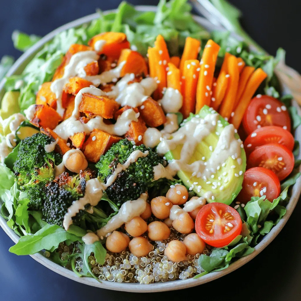 To make a Vegan Buddha Bowl, gather these vital ingredients: - 1 cup quinoa, rinsed and drained - 2 cups vegetable broth - 1 cup chickpeas, cooked or canned (rinsed and drained) - 1 medium sweet potato, peeled and diced into ½-inch cubes - 1 cup broccoli florets - 1 medium carrot, peeled and julienned - 1 ripe avocado, sliced - ½ cup cherry tomatoes, halved - 2 cups mixed greens (spinach, kale, or arugula) - 2 tablespoons olive oil - 1 tablespoon tahini - 1 tablespoon freshly squeezed lemon juice - 1 tablespoon maple syrup - Salt and pepper, to taste - Sesame seeds, for garnish Each serving of this Vegan Buddha Bowl packs a punch of nutrients. Here’s a quick breakdown: - Calories: 400 - Protein: 14g - Carbohydrates: 65g - Fiber: 12g - Fat: 14g - Sugars: 5g This bowl is rich in protein, fiber, and healthy fats. It’s a great choice for a balanced meal. You can easily swap ingredients based on what you have. Here are some ideas: - Quinoa: Use brown rice or farro. - Chickpeas: Substitute black beans or lentils. - Sweet Potato: Try butternut squash or pumpkin. - Broccoli: Use cauliflower or green beans. - Tahini: Swap with almond butter or sunflower seed butter. - Maple Syrup: Honey or agave syrup works too. These swaps keep the bowl fresh and exciting while catering to your taste. For the complete recipe, check out the Full Recipe. Making a Vegan Buddha Bowl is easy and fun. You will combine fresh vegetables, grains, and protein. Start by gathering all your ingredients. This way, you will have everything ready. You will roast the sweet potatoes and broccoli while cooking quinoa. Finally, you will assemble the bowl with all the tasty parts. 1. Roast the Vegetables: - Preheat your oven to 425°F (220°C). - Line a baking sheet with parchment paper. - In a bowl, mix the diced sweet potato and broccoli florets. - Drizzle with two tablespoons of olive oil, and add salt and pepper. - Toss until all pieces are coated. - Spread the veggies on the baking sheet. - Roast for 20-25 minutes, stirring halfway through. 2. Cook the Quinoa: - In a medium saucepan, combine 1 cup of rinsed quinoa and 2 cups of vegetable broth. - Bring this to a boil over medium-high heat. - Once it boils, lower the heat, cover, and simmer for about 15 minutes. - When done, remove from heat and let it sit for 5 more minutes. 3. Make the Tahini Dressing: - In a small bowl, whisk together 1 tablespoon of tahini, 1 tablespoon of lemon juice, and 1 tablespoon of maple syrup. - Add a pinch of salt and one tablespoon of water. - Mix until smooth. Adjust with more water for your desired thickness. 1. Start with a base of quinoa in each bowl. 2. Add the roasted sweet potatoes and broccoli on top. 3. Next, scoop in 1 cup of chickpeas. 4. Add the julienned carrots, fresh avocado slices, and halved cherry tomatoes. 5. Top with mixed greens for freshness. 6. Drizzle the tahini dressing over the bowl. 7. Finish with a sprinkle of sesame seeds for added crunch. Now, you have a colorful and healthy Vegan Buddha Bowl! Enjoy this vibrant meal. For the full recipe, check the detailed steps above. To make the best tahini dressing, start with good tahini. Use fresh tahini for the best taste. Mix tahini, lemon juice, and maple syrup in a bowl. Add a pinch of salt. Add water a little at a time until it’s smooth. If it’s too thick, just add more water. Taste it! Adjust the salt or lemon juice as you like. This dressing adds a creamy touch to your bowl. Start with a colorful base. Use fluffy quinoa as your canvas. Layer roasted veggies and fresh greens in sections. Use bright colors like orange from carrots and green from broccoli. Slice the avocado nicely to show its creamy texture. Add cherry tomatoes for a splash of red. Drizzle the tahini dressing on top. Finish with a sprinkle of sesame seeds. This makes your Buddha bowl pop! Store leftover Buddha bowl components separately. Keep the quinoa, veggies, and dressing in airtight containers. This keeps everything fresh. You can reheat the quinoa and veggies in the microwave. Make sure they are warm, but do not overheat. Keep the dressing separate until you serve the bowl. This way, your bowl stays crisp and tasty. Enjoy your meal later without losing flavor! {{image_4}} You can customize your Vegan Buddha Bowl with seasonal vegetables. This keeps your dish fresh and fun. For spring, add asparagus or peas. In summer, try zucchini and bell peppers. Fall brings squash and Brussels sprouts. Winter is perfect for root veggies like parsnips and carrots. Choose what’s ripe and in season for better taste and nutrition. Protein is key in a Buddha bowl. You can switch chickpeas for other options. Black beans or kidney beans are great choices. Tofu is another tasty option. Try marinated or grilled tofu for extra flavor. Tempeh adds a nutty taste and is packed with protein. Feel free to mix and match these proteins for variety. Dressing can change your bowl's whole vibe. If you want a creamy taste, use cashew cream. A spicy kick? Try sriracha mixed with lime. For a tangy twist, use a balsamic vinaigrette. You can also make a peanut sauce for a nutty flavor. Experiment with different dressings to find your favorite. For the full recipe, check the earlier section. To keep your vegan Buddha bowl fresh, store it in airtight containers. Divide the ingredients into separate parts. This helps keep the grains and veggies crisp. Use glass or BPA-free plastic containers. Label them with the date you made the meal. This way, you can track how long they last. You can keep a vegan Buddha bowl in the fridge for up to four days. After that, the taste and texture may change. If you see any signs of spoilage, it's best to toss it out. Always check for any off smells or discoloration before eating. You can freeze your vegan Buddha bowl for up to three months. However, some ingredients may not freeze well. Quinoa and chickpeas do freeze nicely. Roast the sweet potatoes and broccoli, but they may lose some texture. When ready to eat, thaw overnight in the fridge. Reheat in the microwave or on the stove. Enjoy your meal with a fresh dressing to boost flavor. A Vegan Buddha Bowl is packed with nutrients. It combines whole grains, veggies, and healthy fats. Here are some key health benefits: - High in fiber: Quinoa, veggies, and chickpeas provide plenty of fiber. - Rich in vitamins: You get vitamins A, C, and K from colorful veggies. - Plant-based protein: Chickpeas and quinoa offer good protein for muscle health. - Healthy fats: Avocado and tahini give you healthy fats for heart health. Eating a Vegan Buddha Bowl can help you feel full and satisfied. It also supports your immune system and boosts energy levels. Yes, you can make a Vegan Buddha Bowl ahead of time. This meal is great for meal prep. To do so, follow these steps: - Cook the quinoa and chickpeas: These hold well in the fridge. - Roast vegetables: You can roast them a day before. Store them in an airtight container. - Prepare the dressing: Make the tahini dressing in advance and keep it separate. Assemble your bowl when you are ready to eat. This keeps everything fresh and tasty. Making a gluten-free Vegan Buddha Bowl is simple. Here’s how: - Choose gluten-free grains: Use quinoa, brown rice, or millet. - Check labels: Ensure any packaged items, like tahini, are gluten-free. - Add gluten-free veggies: Most veggies are naturally gluten-free. With these tips, you can enjoy a delicious and safe meal. For a full recipe, check out the Vibrant Vegan Buddha Bowl. The blog post covered key ingredients, step-by-step cooking, and tips for a Vegan Buddha Bowl. You learned how to prepare, assemble, and store your bowl. Customization options let you use seasonal veggies and different proteins. Remember, meal prep can save time and your bowl will taste even better as leftovers. With these tips, you'll impress friends and family with a vibrant, healthy dish. Enjoy making your Vegan Buddha Bowl, and feel great about your choices!