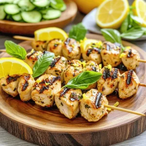 To make Lemon Basil Chicken Skewers, you need a few simple ingredients. Each one plays a role in the flavor and texture of the dish. Here’s the list of ingredients you'll need: - 1 lb boneless, skinless chicken breasts, cut into 1-inch cubes - 2 large lemons (zest and juice) - 1/4 cup fresh basil leaves, finely chopped - 4 cloves garlic, minced - 1/4 cup extra-virgin olive oil - 1 teaspoon honey - 1 teaspoon salt - 1/2 teaspoon freshly ground black pepper - 1 teaspoon red pepper flakes (optional for heat) - Skewers (either wooden or metal) Each ingredient adds a unique flavor. The chicken is tender and juicy. The lemons bring brightness and zing. Fresh basil gives a fragrant touch. Garlic adds depth, while olive oil keeps everything moist. Honey balances the flavors with a hint of sweetness. Salt and pepper enhance all the tastes. If you want to add some spice, the red pepper flakes are a great choice. They provide warmth without overpowering the dish. Remember, using fresh ingredients makes a big difference. They ensure your skewers are vibrant and full of flavor. For the full recipe, make sure to check the cooking instructions. It’s all about bringing these ingredients together for a delightful meal. To start, grab a big bowl. Whisk together the juice and zest from two lemons. Then, add finely chopped basil, minced garlic, olive oil, honey, salt, and any spices you choose. Mix all these ingredients until they are well combined. This marinade will pack a punch of flavor for the chicken. Now, it’s time to add the chicken. Cut the chicken breasts into 1-inch cubes. Toss these pieces into the marinade. Make sure each piece is coated well. Cover the bowl with plastic wrap and refrigerate. Let it marinate for at least 30 minutes. You can leave it for up to 2 hours for stronger flavors. If you use wooden skewers, soak them in water for 30 minutes before grilling. This helps stop them from burning. Preheat your grill. Brush the grates lightly with oil to keep the chicken from sticking. Thread the marinated chicken onto the skewers, leaving some space between each piece. Grill the skewers for 10-15 minutes. Turn them for even cooking until the chicken reaches 165°F. This method ensures juicy chicken with a nice char. For the full recipe, check the earlier section. Enjoy your flavorful grilled delight! For the best flavor, marinate your chicken for at least 30 minutes. You can go up to 2 hours for more depth in taste. To make coating easy, use a plastic bag. Just add the chicken and marinade, seal the bag, and shake. This method ensures every piece gets the flavor. To cook evenly and avoid sticking, preheat your grill to medium-high heat. Lightly brush oil on the grill grates before adding skewers. Cook the chicken for 10-15 minutes, turning them often. Make sure the chicken reaches an internal temperature of 165°F for safe eating. To impress your guests, arrange the skewers on a large platter. You can garnish with fresh basil leaves and lemon wedges for color. For an extra touch, serve with a side of creamy tzatziki sauce or a crisp cucumber salad. This adds both taste and visual appeal to your meal. {{image_4}} If you want to switch things up, try different proteins. Shrimp works great and cooks fast. Tofu is a fantastic choice for a vegetarian option. Just use firm tofu and marinate it the same way as chicken. You can also change the herbs. Fresh parsley or cilantro can add unique flavors. Experimenting with these swaps keeps your meals fun and exciting. You can grill or bake the skewers. Grilling gives a lovely smoky flavor. You get nice char marks, too. Baking is easier and can be less messy. Just place the skewers on a baking sheet and cook in the oven. If you prefer crispy skewers, an air fryer is a smart choice. Set it to 400°F and cook for about 10-12 minutes. This method makes them crispy and delicious. Want to change the taste a bit? Adding soy sauce can create a savory twist. Mustard can also add a nice tang. You can even add vegetables to your skewers. Bell peppers, zucchini, or cherry tomatoes all work well. These additions not only boost flavor but also add color and nutrition. For the full recipe, check out the main article. After enjoying your lemon basil chicken skewers, store any leftovers in the fridge. Place them in an airtight container. The chicken stays juicy this way. Try to eat them within three days. For marinated chicken, store it in the fridge before grilling. Keep it covered in plastic wrap or a sealed bag. Marinating for up to two hours is best. This keeps the chicken tender and packed with flavor. When reheating, avoid drying out the chicken. Use the oven or stovetop for best results. If using the oven, set it to 350°F. Place the skewers on a baking sheet and cover with foil. Heat for about 10 minutes. If using the stovetop, add a splash of water or broth in a pan. Warm the chicken over low heat, turning often. Serve leftovers with fresh lemon wedges or over a salad for a tasty twist. I recommend marinating the chicken for at least 30 minutes. For the best flavor, aim for up to 2 hours. This allows the chicken to soak up the lemon and basil goodness. The acid in the lemon helps tenderize the meat, making it juicy and full of flavor. Yes, you can use frozen chicken. Just remember to thaw it first for even cooking. Thaw it overnight in the fridge or use the microwave. If using frozen chicken, add a few extra minutes to the cooking time to ensure it cooks through. Great side dishes include: - Fresh cucumber salad - Grilled vegetables - Quinoa or rice - Garlic bread - A light green salad These sides complement the bright flavors of the skewers and balance the meal. Yes, this recipe is great for meal prep. You can marinate the chicken ahead of time and store it in the fridge. Cooked skewers store well too. Keep them in an airtight container in the fridge for up to 4 days. Reheat them gently to keep them moist and tasty. You can find the Full Recipe to get started! In this blog post, we explored how to make delicious Lemon Basil Chicken Skewers. We covered essential ingredients, step-by-step instructions, and tips for grilling. You can enhance this dish with easy variations and learn about storage and reheating. Cooking should be fun and simple. Try this recipe at your next gathering. Enjoy flavorful meals that impress with ease. Happy grilling!