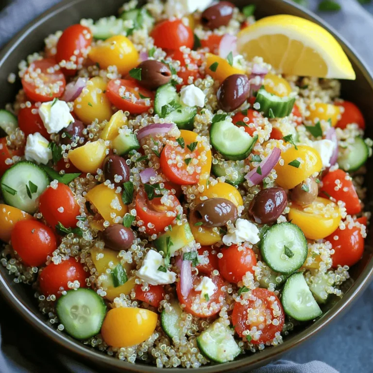 To make a vibrant Mediterranean quinoa salad, gather these key ingredients: - 1 cup quinoa, thoroughly rinsed - 2 cups water or vegetable broth - 1 cup cherry tomatoes, halved - 1 cucumber, diced - 1 red bell pepper, diced - 1/2 red onion, finely chopped - 1/2 cup kalamata olives, pitted and sliced - 1/2 cup feta cheese, crumbled - 1/4 cup fresh parsley, finely chopped - 1/4 cup extra virgin olive oil - 2 tablespoons freshly squeezed lemon juice - 1 teaspoon dried oregano - Salt and freshly ground pepper to taste Fresh produce is the heart of this salad. The cherry tomatoes add a burst of sweetness. Crunchy cucumber gives a refreshing bite. The red bell pepper brings color and a sweet crunch. Using a finely chopped red onion adds a zesty kick without overpowering the dish. Each ingredient plays a role in creating a balanced flavor profile. You can customize this salad to fit your taste. Consider adding: - Avocado for creaminess - Chickpeas for extra protein - Spinach or arugula for more greens - Artichoke hearts for a unique twist Feel free to mix and match these options to make your Mediterranean quinoa salad truly yours! For the complete recipe, check [Full Recipe]. To start, take a medium saucepan. Add 2 cups of water or vegetable broth. Bring it to a rolling boil over medium-high heat. Once it boils, add 1 cup of rinsed quinoa and a pinch of salt. Cover the pot and lower the heat. Let it simmer for about 15 minutes. The quinoa will absorb all the liquid and become fluffy. After cooking, remove it from heat. Let it cool for a few minutes. Fluff it gently with a fork. While your quinoa cools, grab a large mixing bowl. Add the following fresh ingredients: - 1 cup cherry tomatoes, halved - 1 cucumber, diced - 1 red bell pepper, diced - 1/2 red onion, finely chopped - 1/2 cup kalamata olives, pitted and sliced - 1/2 cup feta cheese, crumbled - 1/4 cup fresh parsley, finely chopped Gently toss these ingredients together. This mix will add color and texture to your salad. Now, let’s make the dressing. Take a small bowl and add: - 1/4 cup extra virgin olive oil - 2 tablespoons freshly squeezed lemon juice - 1 teaspoon dried oregano - Salt and freshly ground pepper to taste Whisk all these together until well combined. This dressing will give your salad a bright, zesty flavor. Once the quinoa has cooled, fluff it again with a fork. Add it to the bowl with the salad mixture. Drizzle the dressing over everything. Gently fold all the ingredients together until well mixed. Ensure every piece is coated in the dressing. Taste your salad and adjust the seasoning if needed. You may want more salt, pepper, or lemon juice. Cover the salad with plastic wrap or place it in an airtight container. Chill it in the fridge for at least 30 minutes. This helps the flavors blend well. Enjoy your fresh and healthy Mediterranean quinoa salad! You can find the full recipe under “Mediterranean Quinoa Salad.” To cook quinoa well, rinse it first. Rinsing removes the bitter coating called saponin. Use a 1:2 ratio of quinoa to liquid. For extra flavor, use vegetable broth instead of water. Bring the liquid to a boil, then add the quinoa. Cover the pot and lower the heat. Simmer for about 15 minutes. After cooking, let it sit for 5 minutes. Then fluff the quinoa with a fork. It should be light and airy. To make your salad shine, add fresh herbs. Chopped parsley or mint works wonders. A squeeze of fresh lemon juice brightens the dish. For a spicy kick, include red pepper flakes. A drizzle of balsamic glaze adds a sweet touch. Experiment with different olives for a unique taste. You can also change up the cheese. Try goat cheese or a dairy-free option. These small changes can add big flavor. Serve the Mediterranean quinoa salad cold or at room temperature. It makes a great side dish for grilled meats. For a main course, add protein like chickpeas or chicken. Use a colorful bowl to make it pop. Garnish with lemon wedges or extra herbs. This salad can also be a meal prep star. Store it in airtight containers for easy lunches. For the full recipe, check the details above. {{image_4}} You can make this salad vegetarian or vegan easily. To keep it vegetarian, you simply add feta cheese. If you prefer a vegan option, skip the cheese or use a plant-based alternative. Nutritional yeast is a great choice. It gives a cheesy flavor without any dairy. You can also add avocado for creaminess. You can boost the protein in this salad in many ways. Chickpeas are a great choice. They add texture and flavor. You can also use cooked lentils or black beans. For a meatier option, add grilled chicken or shrimp. These options make the salad more filling and tasty. Using seasonal ingredients can change the flavor of your salad. In spring, add fresh peas or asparagus. In summer, use ripe peaches or watermelon for sweetness. In fall, roasted butternut squash adds warmth. In winter, try roasted beets or Brussels sprouts. They provide color and flavor while keeping it fresh. For the complete recipe, check out the [Full Recipe]. You can store your Mediterranean quinoa salad in the fridge. Use an airtight container to keep it fresh. It stays good for about 3 to 5 days. If you want to enjoy it later, let it cool completely before sealing it. This helps keep the flavors intact. Freezing quinoa salad is not the best option. The vegetables may lose their crunch and become mushy. However, if you want to freeze it, separate the dressing from the salad. Store the salad without dressing in a freezer-safe container for up to a month. When you're ready to eat, thaw it in the fridge overnight. Then, mix in the dressing before serving. If you have leftovers, you can quickly reheat the salad. Use the microwave for about 30 seconds to 1 minute. Stir it well and check if it’s warm enough. If you like it cold, simply take it out of the fridge and enjoy. Remember, adding fresh herbs or a squeeze of lemon can brighten the flavors again. For more details on making this delicious dish, check the Full Recipe. To make this salad gluten-free, use quinoa. Quinoa is naturally gluten-free. Just make sure any added ingredients, like broth or olives, are also gluten-free. Always check labels to be safe. Yes, you can make this salad ahead of time. It tastes great after sitting in the fridge for a few hours. You can even prepare it the day before. Just cover it tightly and store it in the fridge. This salad pairs well with grilled chicken or fish. You can also serve it with pita bread and hummus. For a light meal, enjoy it on its own as a fresh dish. The salad lasts about 3 to 5 days in the fridge. Make sure to keep it in an airtight container. If you see any signs of spoilage, it’s best to throw it away. If you want a substitute for feta cheese, try goat cheese or ricotta. For a dairy-free option, use avocado or a plant-based cheese. These options add creaminess without changing the salad's taste. Check the Full Recipe for more details on preparing this delicious dish! In this blog post, we explored how to make a tasty Mediterranean quinoa salad. We covered the key ingredients, step-by-step cooking instructions, handy tips, and fun variations. You learned how to store the salad for later enjoyment. This dish is versatile and healthy, making it perfect for any meal. Enjoy mixing flavors and ingredients that suit your taste. With these tips, you can create a dish your friends and family will love. Dive into this recipe, and savor every bite!