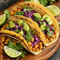 - 1 can (15 oz) chickpeas, rinsed and thoroughly drained - 2 tablespoons extra-virgin olive oil - 1 teaspoon smoked paprika - 1 teaspoon ground cumin - 1/2 teaspoon garlic powder - 1/2 teaspoon chili powder - Salt and black pepper to taste - 8 small corn or flour tortillas - 1 cup shredded red cabbage - 1 ripe avocado, sliced - 1/4 cup fresh cilantro, chopped - Lime wedges, for serving In this recipe, chickpeas are the star. They provide a great texture and protein. You want to use canned chickpeas for ease. Just rinse and drain them well. The olive oil helps the spices stick and gives a nice flavor. For spices, I love using smoked paprika and cumin. They add warmth and depth. Garlic powder and chili powder bring a kick. Adjust the salt and pepper to your taste. Tortillas are essential. You can use corn or flour, based on your preference. Both options work well to hold the filling. Fresh toppings make these tacos shine. Shredded red cabbage adds crunch and color. Slices of ripe avocado offer creaminess. Fresh cilantro brings an aromatic touch. Lime wedges add a zesty finish. For the full recipe, check the recipe section. Enjoy making these tasty tacos! - Preheat the oven to 400°F (200°C): This step is key for crispy chickpeas. - Prepare the chickpeas with seasonings and oil: In a bowl, mix 1 can of chickpeas with 2 tablespoons of olive oil. Add 1 teaspoon of smoked paprika, 1 teaspoon of ground cumin, 1/2 teaspoon of garlic powder, and 1/2 teaspoon of chili powder. Season with salt and black pepper to taste. Toss them well until they are fully coated. - Roast chickpeas in the oven: Spread the seasoned chickpeas on a baking sheet. Roast for 25-30 minutes, shaking the pan halfway through. This helps them crisp up nicely. - Warm tortillas in a dry skillet: Heat a dry skillet over medium heat. Add each tortilla for about 30 seconds on each side. They should be warm and slightly toasted. - Layering the cabbage, chickpeas, and toppings: Start with a handful of shredded red cabbage on each warm tortilla. Then, add a generous scoop of crispy chickpeas. Top with slices of fresh avocado and a sprinkle of chopped cilantro. This adds color and flavor! Serve with lime wedges on the side, so everyone can add a zesty kick. For the full recipe, visit the Crispy Chickpea Tacos section. To get the best crispy chickpeas, watch the oven temperature closely. Preheat your oven to 400°F (200°C). This high heat helps them become golden and crunchy. Roast them for 25-30 minutes, but don’t forget to shake the baking sheet halfway through. This action ensures all sides get even heat. You’ll end up with perfectly crispy chickpeas every time. Feel free to play with spices for your chickpeas. Add cayenne for heat or garlic powder for a deeper flavor. You can also try different condiments like hot sauce or a drizzle of tahini. When it comes to toppings, think outside the box. Besides avocado and cilantro, try diced tomatoes or sliced radishes. Each addition brings new taste and texture to your tacos. A great presentation makes your meal even more enjoyable. Serve the tacos on a bright platter to make the colors pop. You can also stack them or arrange them in a line for fun. Garnish with extra cilantro on top. Add lime wedges in a small bowl for a nice touch. This setup invites everyone to squeeze fresh lime juice over their tacos, adding a zesty kick. For the full recipe, check out the Crispy Chickpea Tacos section. {{image_4}} You can swap chickpeas for other beans. Black beans work well and add a rich flavor. Lentils are another great choice. They cook quickly and have a nice texture. If you want a heartier option, try quinoa. It’s packed with protein and easy to prepare. You can mix these options for fun flavors. For gluten-free choices, use corn tortillas. They are tasty and work great with the chickpeas. You can also try lettuce wraps. They add a fresh crunch and are very light. If you enjoy a bit of experimentation, consider using rice paper wraps. They give a unique twist to your meal. Add a kick by using spicy ingredients. You can mix in jalapeños or hot sauce for heat. If you prefer savory flavors, try adding sautéed onions or bell peppers. For a fun twist, sprinkle some cheese on top. Feta or cotija adds a salty punch that pairs well with the tacos. You can always play with herbs too, like adding fresh mint for a refreshing taste. For the complete recipe, check out the Full Recipe section! When you have leftover tacos, store them correctly to keep them fresh. For unassembled tacos, place the chickpeas and toppings in separate containers. This helps maintain the crunch of the chickpeas and the freshness of the vegetables. You can wrap the tortillas in foil or keep them in a plastic bag. Store everything in the fridge. For assembled tacos, it’s best to eat them right away. If you must store them, try to eat them within a day. Reheating tacos is easy, but keep the crunch in mind. If reheating assembled tacos, place them on a baking sheet in the oven at 350°F (175°C) for about 10 minutes. This warms them without making them soggy. If you have leftover chickpeas, you can reheat them in a skillet over medium heat. Stir them often until they are hot and crispy again. You can freeze chickpeas for future meals. Drain and rinse them, then spread them on a baking sheet. Freeze until solid, then transfer them to a freezer bag. For best results, use them within three months. You can also freeze the taco toppings, but they may lose some texture. Just remember to chop fresh toppings when you are ready to enjoy your tacos again. For the full recipe of crispy chickpea tacos, check out the details above. The best method is roasting. Roasting makes chickpeas crispy and full of flavor. Start with canned chickpeas. Rinse and drain them well. If you prefer, you can boil dried chickpeas. However, this takes longer. - Roasting Tips: - Coat chickpeas with olive oil and spices. - Spread them on a baking sheet in one layer. - Roast at 400°F (200°C) for 25-30 minutes. - Shake the pan halfway for even cooking. Boiling gives softer chickpeas, which might not work well in tacos. Roasting brings out their crunch and flavor. Yes, you can prep parts of these tacos in advance. This makes cooking easier for busy days. - Best Practices: - Roast chickpeas ahead of time and store them in the fridge. - Warm tortillas just before you serve. - Chop toppings like cabbage and avocado in advance. - Store toppings separately to keep them fresh. This way, you can have a quick meal ready when you need it. Crispy chickpea tacos pair well with many sides and drinks. They add balance and variety to your meal. - Side Dish Suggestions: - A fresh salad with lime dressing. - Spicy black beans for extra protein. - Corn on the cob for sweetness. - Drink Options: - A light beer or sparkling water works well. - A fruity soda or iced tea can be refreshing. These sides and drinks enhance the taco experience. They bring out the flavors of the meal. For the full recipe, check out the Crispy Chickpea Tacos 🥗 section. Crispy chickpea tacos are simple and fun to make. You need just a few ingredients and steps. Preheat your oven, season the chickpeas, and roast them. Warm your tortillas and assemble with fresh toppings. Remember the tips for perfect chickpeas and serving ideas. Feel free to try different proteins or add fun flavors. Overall, these tacos are healthy and tasty. Enjoy your cooking and impress your friends with these delicious tacos!