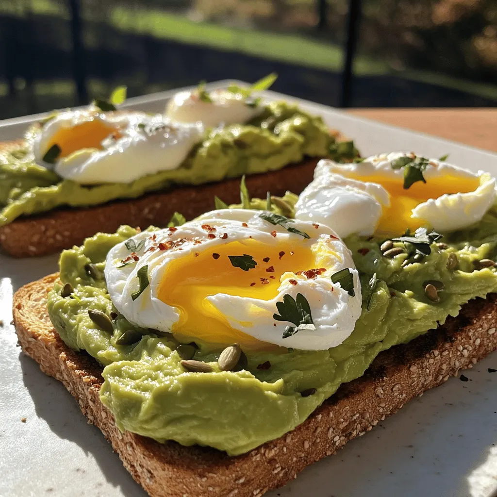 To make your avocado toast taste amazing, you need these key ingredients: - 2 slices of high-quality whole grain or sourdough bread - 1 ripe avocado - 2 large eggs - 1 tablespoon apple cider vinegar - 1/4 teaspoon red pepper flakes - 1/4 cup pumpkin seeds - 1 tablespoon olive oil - Salt and freshly cracked black pepper, to taste - Zest of 1 lemon - Fresh herbs (such as cilantro or parsley), for garnish Each ingredient plays a vital role. The bread provides a sturdy base. The ripe avocado gives a creamy texture. Eggs add protein and richness. The pumpkin seeds bring crunch and spice. You can make your toast even better with these optional toppings: - Feta cheese or goat cheese for creaminess - Sliced radishes for a peppery bite - Cherry tomatoes for sweetness - A drizzle of balsamic glaze for tang - A sprinkle of everything bagel seasoning for extra flavor Feel free to mix and match these toppings. They can change the taste and look of your toast. This avocado toast is not just tasty; it is also good for you. Here are some benefits: - <strong>Avocado</strong>: Packed with healthy fats, fiber, and vitamins. It helps your heart and skin. – <strong>Eggs</strong>: A great source of protein and vitamins. They help build muscle and keep you full. – <strong>Pumpkin Seeds</strong>: High in magnesium and zinc. They support your immune system and energy levels. – <strong>Whole Grain Bread</strong>: Provides fiber and keeps your digestion healthy. Enjoy your avocado toast as a nutritious meal. It fuels your body and satisfies your taste buds. Check out the Full Recipe for more details! Start by heating a small skillet over medium heat. Add the pumpkin seeds and olive oil. Sprinkle in the red pepper flakes and a pinch of salt. Stir well. Cook for about 3 to 5 minutes. Watch for the seeds to turn golden brown and pop. They will smell amazing when ready. After cooking, remove them from heat and let them cool. While the pumpkin seeds cool, it’s time to toast the bread. You can use a toaster for a quick method. If you want a smoky flavor, use a grill pan. Toast until the bread is golden brown and crispy. This step adds a nice crunch to your avocado toast. Next, take your ripe avocado. Cut it in half and scoop the flesh into a mixing bowl. Use a fork to mash it until smooth and creamy. Add a pinch of salt, freshly cracked black pepper, and some lemon zest. Mix until everything is well combined. This will brighten the avocado’s flavor. Now, let’s poach the eggs. Fill a small saucepan with water and bring it to a gentle simmer. Add the apple cider vinegar to help the eggs hold their shape. Crack each egg into separate small cups. Gently slide each egg into the simmering water. Poach them for about 3 to 4 minutes. This will give you a runny yolk. Use a slotted spoon to carefully remove the eggs, allowing excess water to drain. It’s time to put it all together! Spread a generous layer of the mashed avocado on each slice of toasted bread. Make sure it’s evenly coated. Now, gently place a poached egg on top of each slice. The yolk should look inviting. Finally, sprinkle the spicy pumpkin seeds over the eggs. Add more freshly cracked black pepper and some chopped fresh herbs for color. Serve your toast warm for the best taste. Enjoy the mix of flavors and textures in every bite! To get a perfect poached egg, start with fresh eggs. Fresh eggs hold their shape better. Use a small pot and fill it with water. Bring the water to a gentle simmer, not a boil. Add a tablespoon of apple cider vinegar. This helps the egg whites to set quickly. Crack each egg into a small bowl. Gently slide them into the water one at a time. Poach for about 3-4 minutes. The yolk should feel soft yet firm. Use a slotted spoon to lift them out. Let the water drain off before serving. Bread choice matters a lot for avocado toast. I recommend high-quality whole grain or sourdough. Both types have great flavor and texture. Whole grain adds a nutty taste, while sourdough offers a slight tang. Toast the bread until it is golden brown and crispy. This helps it hold the creamy avocado well. A good toast acts as a sturdy base for all the toppings. To take your avocado toast to the next level, think about toppings. Fresh herbs like cilantro or parsley add color and taste. Add spicy pumpkin seeds for crunch and heat. You can also sprinkle lemon zest for a bright note. A pinch of salt and cracked black pepper enhances all flavors. These small touches make a big difference. For a twist, try adding sliced radishes or tomatoes. Each bite should be a mix of creamy, crunchy, and zesty. {{image_4}} You can mix up your avocado toast by adding other proteins. Chicken, smoked salmon, or bacon all work well. They add flavor and make the meal heartier. Try using leftover grilled chicken for a quick fix. For a smoky taste, go for bacon. Smoked salmon brings a nice briny flavor to the toast. If you want a vegan option, skip the eggs. Instead, use chickpeas or tofu. You can mash chickpeas and mix them with spices. This gives a nice texture. For tofu, slice it thin and pan-fry until golden. Both options keep the toast filling and tasty. Experiment with different toppings and spices. Try adding slices of radish or a sprinkle of everything bagel seasoning. A drizzle of balsamic glaze adds a sweet touch. You can also use different herbs like dill or basil for fresh flavors. Each combination can turn your toast into a new dish! For the full recipe, check out the Avocado Toast with Poached Egg & Spicy Pumpkin Seeds. To keep your ingredients fresh, store them properly. Place leftover mashed avocado in an airtight container. Squeeze some lemon juice on top before sealing. This helps slow down browning. For pumpkin seeds, store them in a glass jar in a cool, dry place. If you have leftover poached eggs, consume them within a day for the best taste. To reheat your toast, use a toaster or an oven. Place the toast in a preheated oven at 350°F (175°C) for about 5 minutes. This warms the bread while keeping it crunchy. Avoid using a microwave, as it can make the toast soggy and chewy. If you have extra mashed avocado, you can freeze it! Scoop the mash into an ice cube tray. Once frozen, transfer the cubes to a zip-top bag. This way, you can use small portions later. When you need it, simply thaw the desired amount in the fridge overnight. Poaching eggs takes about 3 to 4 minutes. Start with a gentle simmer. The egg whites will cook and wrap around the yolk. For a firmer yolk, cook a minute longer. Keep an eye on the eggs. You want them to look soft and tender. Yes, you can prep some parts ahead. You can mash the avocado and store it in an airtight container. Add a little lemon juice to keep it fresh. Toast the bread just before serving for that crispy texture. Avocados are packed with nutrients. They have healthy fats that help your heart. They also contain fiber, which aids digestion. Plus, avocados are rich in vitamins like E, K, and B6. They boost your skin and overall health. If you want an egg-free option, try tofu or chickpea flour. Silken tofu can mimic the creamy texture. For chickpea flour, mix it with water and cook it like a scramble. Both options add protein and flavor. To check if an avocado is ripe, gently squeeze it. It should feel slightly soft but not mushy. You can also look at the color. Dark green or black skin often indicates ripeness. If it’s firm, leave it at room temperature for a few days to ripen. Avocado toast is simple and tasty, packed with healthy ingredients. We covered essential components and optional toppings, showing how to customize each bite. I shared step-by-step guides, tips for perfecting poached eggs, and ways to enhance flavors. You can also explore variations, storage tips, and answers to common questions. Enjoy making this dish your own for breakfast or a snack. Embrace creativity while savoring the health benefits of each ingredient. Your ideal avocado toast awaits!” /></p>
</p>
<h2>Variations</h2>
</p>
<h3>Adding Different Protein Options</h3>
</p>
<p>You can mix up your avocado toast by adding other proteins. Chicken, smoked salmon, or bacon all work well. They add flavor and make the meal heartier. Try using leftover grilled chicken for a quick fix. For a smoky taste, go for bacon. Smoked salmon brings a nice briny flavor to the toast.</p>
</p>
<h3>Vegan Alternatives for Egg-free Toast</h3>
</p>
<p>If you want a vegan option, skip the eggs. Instead, use chickpeas or tofu. You can mash chickpeas and mix them with spices. This gives a nice texture. For tofu, slice it thin and pan-fry until golden. Both options keep the toast filling and tasty.</p>
</p>
<h3>Creative Flavor Combinations</h3>
</p>
<p>Experiment with different toppings and spices. Try adding slices of radish or a sprinkle of everything bagel seasoning. A drizzle of balsamic glaze adds a sweet touch. You can also use different herbs like dill or basil for fresh flavors. Each combination can turn your toast into a new dish!</p>
</p>
<p>For the full recipe, check out the Avocado Toast with Poached Egg & Spicy Pumpkin Seeds.</p>
</p>
<h2>Storage Info</h2>
</p>
<h3>Best Practices for Storing Leftover Ingredients</h3>
<p>To keep your ingredients fresh, store them properly. Place leftover mashed avocado in an airtight container. Squeeze some lemon juice on top before sealing. This helps slow down browning. For pumpkin seeds, store them in a glass jar in a cool, dry place. If you have leftover poached eggs, consume them within a day for the best taste.</p>
</p>
<h3>How to Reheat Toast and Maintain Crunchiness</h3>
<p>To reheat your toast, use a toaster or an oven. Place the toast in a preheated oven at 350°F (175°C) for about 5 minutes. This warms the bread while keeping it crunchy. Avoid using a microwave, as it can make the toast soggy and chewy.</p>
</p>
<h3>Freezing Options for Mashed Avocado</h3>
<p>If you have extra mashed avocado, you can freeze it! Scoop the mash into an ice cube tray. Once frozen, transfer the cubes to a zip-top bag. This way, you can use small portions later. When you need it, simply thaw the desired amount in the fridge overnight.</p>
</p>
<h2>FAQs</h2>
</p>
<h3>How long does it take to poach eggs?</h3>
<p>Poaching eggs takes about 3 to 4 minutes. Start with a gentle simmer. The egg whites will cook and wrap around the yolk. For a firmer yolk, cook a minute longer. Keep an eye on the eggs. You want them to look soft and tender.</p>
</p>
<h3>Can I make avocado toast ahead of time?</h3>
<p>Yes, you can prep some parts ahead. You can mash the avocado and store it in an airtight container. Add a little lemon juice to keep it fresh. Toast the bread just before serving for that crispy texture.</p>
</p>
<h3>What are the health benefits of avocado?</h3>
<p>Avocados are packed with nutrients. They have healthy fats that help your heart. They also contain fiber, which aids digestion. Plus, avocados are rich in vitamins like E, K, and B6. They boost your skin and overall health.</p>
</p>
<h3>What can I substitute for eggs in this recipe?</h3>
<p>If you want an egg-free option, try tofu or chickpea flour. Silken tofu can mimic the creamy texture. For chickpea flour, mix it with water and cook it like a scramble. Both options add protein and flavor.</p>
</p>
<h3>How do I ensure my avocado is ripe?</h3>
<p>To check if an avocado is ripe, gently squeeze it. It should feel slightly soft but not mushy. You can also look at the color. Dark green or black skin often indicates ripeness. If it’s firm, leave it at room temperature for a few days to ripen.</p>
</p>
<p>Avocado toast is simple and tasty, packed with healthy ingredients. We covered essential components and optional toppings, showing how to customize each bite. I shared step-by-step guides, tips for perfecting poached eggs, and ways to enhance flavors. You can also explore variations, storage tips, and answers to common questions. Enjoy making this dish your own for breakfast or a snack. Embrace creativity while savoring the health benefits of each ingredient. Your ideal avocado toast awaits!</p>
<div id=
